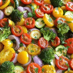 To make your vibrant sheet pan roasted vegetables, gather these simple ingredients: - 1 cup cherry tomatoes, halved - 1 bell pepper (any color), chopped - 1 medium zucchini, sliced - 1 medium yellow squash, sliced - 1 red onion, cut into wedges - 2 cups broccoli florets - 3 tablespoons olive oil - 2 teaspoons garlic powder - 1 teaspoon smoked paprika - 1 teaspoon dried oregano - Salt and pepper to taste - Fresh parsley, chopped (for garnish) These fresh ingredients make the dish colorful and packed with flavor. I love using cherry tomatoes for their sweetness. Bell peppers add crunch and color. Zucchini and yellow squash bring a tender bite. Red onion adds a hint of sharpness, while broccoli gives a nice green touch. The olive oil helps all the spices stick and adds richness. Garlic powder infuses a warm flavor, while smoked paprika gives a subtle smokiness. The oregano rounds out the taste. Adjust salt and pepper to your liking. I often garnish with fresh parsley. It adds a pop of color and freshness. Using these ingredients makes cooking easy and fun. For the full recipe, check out the instructions that follow. Enjoy creating this wholesome and simple dish! 1. Preheat your oven to 425°F (220°C). This high heat helps the veggies roast nicely. 2. Grab a large mixing bowl. Combine the cherry tomatoes, bell pepper, zucchini, yellow squash, red onion, and broccoli. 3. Drizzle 3 tablespoons of olive oil over the veggies. Add 2 teaspoons of garlic powder, 1 teaspoon of smoked paprika, 1 teaspoon of dried oregano, and salt and pepper to taste. 4. Toss everything until the vegetables are well-coated. This step adds flavor to every bite. 5. Spread the seasoned vegetables evenly on your sheet pan. Make sure they are not crowded. Crowded veggies can steam instead of roast. 1. Place the sheet pan in the preheated oven. Roast the vegetables for 20 to 25 minutes. This time helps them become tender and caramelized. 2. About halfway through cooking, toss the veggies gently. This step ensures they cook evenly. 3. Check for doneness by piercing a piece with a fork. If it feels soft and tender, they are ready. Remove the pan from the oven and let them cool for a few minutes. 4. Plate the roasted vegetables and garnish with chopped fresh parsley for a pop of color. For the complete process, refer to the Full Recipe. Enjoy your healthy and simple dish! To get the best flavor, you need to roast your veggies just right. Here are some tips: - Roasting Times: Different vegetables need different times. For instance, bell peppers and zucchini take about 15-20 minutes. Broccoli and onion take around 20-25 minutes. Always check for tenderness. - Spacing: Make sure to space the vegetables on the pan. This helps them roast evenly. If they are too close, they will steam instead of roast. Aim for a single layer for the best results. Flavor is key to making your vegetables shine. Here are some tasty ideas: - Herbs and Spices: Try using garlic powder, smoked paprika, and dried oregano. These add a nice depth to your veggies. You can also use thyme or rosemary for a fresh touch. - Tailoring Flavors: Want a taste of Italy? Add Italian herbs. For a Mexican twist, sprinkle cumin and chili powder. You can easily adapt the flavors to fit any cuisine you like. These tips will elevate your sheet pan roasted vegetables. Check out the Full Recipe to get started! {{image_2}} You can switch out vegetables based on what is fresh. In spring, use asparagus or peas. Summer brings eggplant and bell peppers. Fall is perfect for carrots and Brussels sprouts. Winter is great for root veggies like sweet potatoes and parsnips. This keeps your dish exciting and full of flavor! You can also add protein to make it heartier. Chickpeas or tofu work well. Just toss them in with your veggies. They soak up the flavors and add a nice bite. This dish can fit many diets. It's vegan, gluten-free, and low-carb friendly. To keep it low-carb, focus on non-starchy veggies like zucchini and bell peppers. You can skip the potatoes and corn. Meal prep is easy with this recipe. Roast a big batch and store it. You can grab it for lunches or dinners. It tastes great warm or cold. Just check the [Full Recipe] for all the details! To keep your sheet pan roasted vegetables fresh, store them in an airtight container. Place them in the fridge within two hours of cooking. This helps to keep them safe to eat. They will stay fresh for about three to four days. For longer storage, you can freeze the leftovers. First, let the vegetables cool completely. Then, spread them on a baking sheet. Freeze them for about an hour. Once frozen, transfer them to a freezer-safe bag. This way, they won’t stick together. You can keep them in the freezer for up to three months. When it's time to enjoy your roasted veggies again, reheat them in the oven. Set the oven to 350°F (175°C). Place the vegetables on a baking sheet and cover them with foil. Heat for about 10 to 15 minutes. This keeps them warm and tasty. You can also use the microwave for quicker reheating. Place the vegetables in a microwave-safe bowl. Cover the bowl with a damp paper towel. Heat for one to two minutes, stirring halfway. This method helps keep the texture nice and avoids sogginess. If you want to add some crispiness back, toss them in a hot pan for a few minutes. This works well to revive their flavor and texture. Enjoy your delicious veggie dish! For the full recipe, check the section above. How can I make Sheet Pan Roasted Vegetables taste even better? To enhance the flavor, try adding fresh herbs. Basil and thyme work well. You can also squeeze fresh lemon juice on top after roasting. This gives the dish a bright, fresh taste. Can I use frozen vegetables for this recipe? Yes, you can use frozen vegetables. Just remember they may need longer to cook. Thaw them first and pat dry. This helps prevent sogginess. What’s the best way to adapt roasting times for different vegetable types? Different vegetables cook at different speeds. Harder veggies like carrots take longer than soft ones like zucchini. Cut all vegetables into similar sizes to ensure even cooking. Check them often and adjust times as needed. Is this recipe considered low-carb? Yes, this recipe is low in carbs. The veggies used are mostly non-starchy. This makes it a great choice for low-carb diets. What can I serve with Sheet Pan Roasted Vegetables? You can serve these vegetables with grilled chicken or fish. They pair well with quinoa or rice, too. Add a light salad for a fresh touch. How do I know when the vegetables are done roasting? The vegetables are done when they are tender and slightly caramelized. You can poke them with a fork to check. They should have a nice golden color on the edges. In this blog post, we explored how to make sheet pan roasted vegetables. We covered the best ingredients, step-by-step instructions, and helpful tips. You learned about seasonal variations and storage methods. Remember, roasting veggies brings out their sweet flavor. You can easily adapt this dish to fit your taste or diet. Now, go ahead and enjoy colorful, healthy meals that are simple to prepare! Enjoy experimenting with your own flavor combinations.