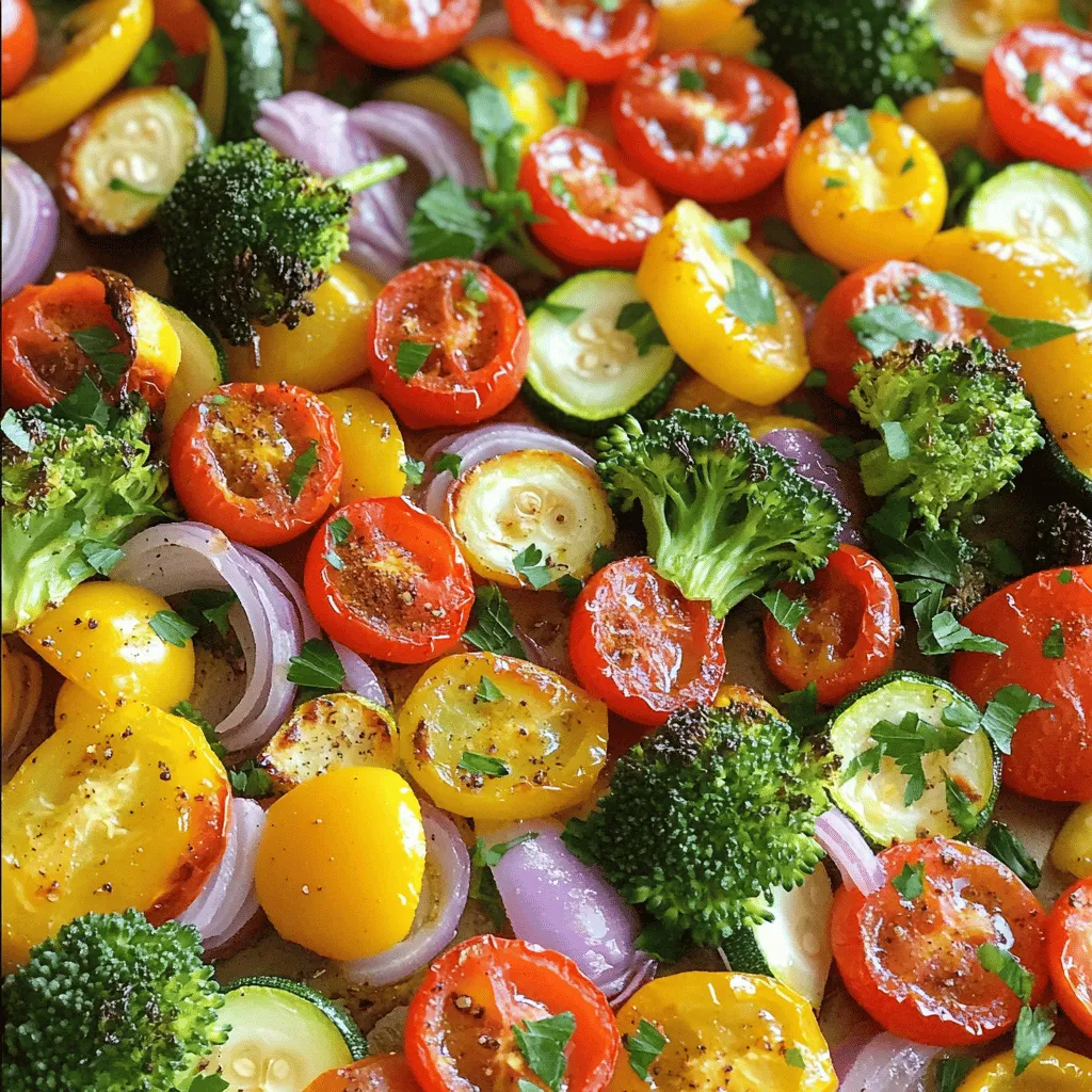 To make your vibrant sheet pan roasted vegetables, gather these simple ingredients: - 1 cup cherry tomatoes, halved - 1 bell pepper (any color), chopped - 1 medium zucchini, sliced - 1 medium yellow squash, sliced - 1 red onion, cut into wedges - 2 cups broccoli florets - 3 tablespoons olive oil - 2 teaspoons garlic powder - 1 teaspoon smoked paprika - 1 teaspoon dried oregano - Salt and pepper to taste - Fresh parsley, chopped (for garnish) These fresh ingredients make the dish colorful and packed with flavor. I love using cherry tomatoes for their sweetness. Bell peppers add crunch and color. Zucchini and yellow squash bring a tender bite. Red onion adds a hint of sharpness, while broccoli gives a nice green touch. The olive oil helps all the spices stick and adds richness. Garlic powder infuses a warm flavor, while smoked paprika gives a subtle smokiness. The oregano rounds out the taste. Adjust salt and pepper to your liking. I often garnish with fresh parsley. It adds a pop of color and freshness. Using these ingredients makes cooking easy and fun. For the full recipe, check out the instructions that follow. Enjoy creating this wholesome and simple dish! 1. Preheat your oven to 425°F (220°C). This high heat helps the veggies roast nicely. 2. Grab a large mixing bowl. Combine the cherry tomatoes, bell pepper, zucchini, yellow squash, red onion, and broccoli. 3. Drizzle 3 tablespoons of olive oil over the veggies. Add 2 teaspoons of garlic powder, 1 teaspoon of smoked paprika, 1 teaspoon of dried oregano, and salt and pepper to taste. 4. Toss everything until the vegetables are well-coated. This step adds flavor to every bite. 5. Spread the seasoned vegetables evenly on your sheet pan. Make sure they are not crowded. Crowded veggies can steam instead of roast. 1. Place the sheet pan in the preheated oven. Roast the vegetables for 20 to 25 minutes. This time helps them become tender and caramelized. 2. About halfway through cooking, toss the veggies gently. This step ensures they cook evenly. 3. Check for doneness by piercing a piece with a fork. If it feels soft and tender, they are ready. Remove the pan from the oven and let them cool for a few minutes. 4. Plate the roasted vegetables and garnish with chopped fresh parsley for a pop of color. For the complete process, refer to the Full Recipe. Enjoy your healthy and simple dish! To get the best flavor, you need to roast your veggies just right. Here are some tips: - Roasting Times: Different vegetables need different times. For instance, bell peppers and zucchini take about 15-20 minutes. Broccoli and onion take around 20-25 minutes. Always check for tenderness. - Spacing: Make sure to space the vegetables on the pan. This helps them roast evenly. If they are too close, they will steam instead of roast. Aim for a single layer for the best results. Flavor is key to making your vegetables shine. Here are some tasty ideas: - Herbs and Spices: Try using garlic powder, smoked paprika, and dried oregano. These add a nice depth to your veggies. You can also use thyme or rosemary for a fresh touch. - Tailoring Flavors: Want a taste of Italy? Add Italian herbs. For a Mexican twist, sprinkle cumin and chili powder. You can easily adapt the flavors to fit any cuisine you like. These tips will elevate your sheet pan roasted vegetables. Check out the Full Recipe to get started! {{image_2}} You can switch out vegetables based on what is fresh. In spring, use asparagus or peas. Summer brings eggplant and bell peppers. Fall is perfect for carrots and Brussels sprouts. Winter is great for root veggies like sweet potatoes and parsnips. This keeps your dish exciting and full of flavor! You can also add protein to make it heartier. Chickpeas or tofu work well. Just toss them in with your veggies. They soak up the flavors and add a nice bite. This dish can fit many diets. It's vegan, gluten-free, and low-carb friendly. To keep it low-carb, focus on non-starchy veggies like zucchini and bell peppers. You can skip the potatoes and corn. Meal prep is easy with this recipe. Roast a big batch and store it. You can grab it for lunches or dinners. It tastes great warm or cold. Just check the [Full Recipe] for all the details! To keep your sheet pan roasted vegetables fresh, store them in an airtight container. Place them in the fridge within two hours of cooking. This helps to keep them safe to eat. They will stay fresh for about three to four days. For longer storage, you can freeze the leftovers. First, let the vegetables cool completely. Then, spread them on a baking sheet. Freeze them for about an hour. Once frozen, transfer them to a freezer-safe bag. This way, they won’t stick together. You can keep them in the freezer for up to three months. When it's time to enjoy your roasted veggies again, reheat them in the oven. Set the oven to 350°F (175°C). Place the vegetables on a baking sheet and cover them with foil. Heat for about 10 to 15 minutes. This keeps them warm and tasty. You can also use the microwave for quicker reheating. Place the vegetables in a microwave-safe bowl. Cover the bowl with a damp paper towel. Heat for one to two minutes, stirring halfway. This method helps keep the texture nice and avoids sogginess. If you want to add some crispiness back, toss them in a hot pan for a few minutes. This works well to revive their flavor and texture. Enjoy your delicious veggie dish! For the full recipe, check the section above. How can I make Sheet Pan Roasted Vegetables taste even better? To enhance the flavor, try adding fresh herbs. Basil and thyme work well. You can also squeeze fresh lemon juice on top after roasting. This gives the dish a bright, fresh taste. Can I use frozen vegetables for this recipe? Yes, you can use frozen vegetables. Just remember they may need longer to cook. Thaw them first and pat dry. This helps prevent sogginess. What’s the best way to adapt roasting times for different vegetable types? Different vegetables cook at different speeds. Harder veggies like carrots take longer than soft ones like zucchini. Cut all vegetables into similar sizes to ensure even cooking. Check them often and adjust times as needed. Is this recipe considered low-carb? Yes, this recipe is low in carbs. The veggies used are mostly non-starchy. This makes it a great choice for low-carb diets. What can I serve with Sheet Pan Roasted Vegetables? You can serve these vegetables with grilled chicken or fish. They pair well with quinoa or rice, too. Add a light salad for a fresh touch. How do I know when the vegetables are done roasting? The vegetables are done when they are tender and slightly caramelized. You can poke them with a fork to check. They should have a nice golden color on the edges. In this blog post, we explored how to make sheet pan roasted vegetables. We covered the best ingredients, step-by-step instructions, and helpful tips. You learned about seasonal variations and storage methods. Remember, roasting veggies brings out their sweet flavor. You can easily adapt this dish to fit your taste or diet. Now, go ahead and enjoy colorful, healthy meals that are simple to prepare! Enjoy experimenting with your own flavor combinations.