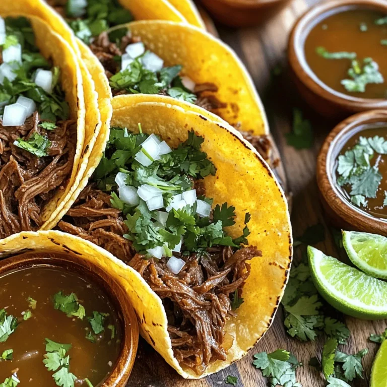 The heart of birria street tacos lies in a few key ingredients. You will need: - 2 lbs beef chuck roast, cut into chunks - 1 lb beef shank - 4 dried guajillo chiles, seeds and stems removed - 2 dried pasilla chiles, seeds and stems removed - 4 cloves garlic, minced - 1 medium onion, diced - 1 tablespoon apple cider vinegar - 1 teaspoon cumin - 1 teaspoon oregano - 1/2 teaspoon black pepper - Salt, to taste - 4 cups beef broth - 12 small corn tortillas These ingredients create a rich and hearty flavor. The beef chuck roast and shank provide deep, savory notes. The guajillo and pasilla chiles add a mild heat and complexity. Garlic and onion give depth, while spices like cumin and oregano round out the taste. Tacos are not just about the meat. They shine with fresh toppings. Here are popular garnishes to try: - Chopped onions - Chopped cilantro - Lime wedges for squeezing These garnishes add freshness and brightness. The crunch of onions contrasts with the tender meat. Cilantro brings an herbal note, and lime adds acidity to balance the flavors. Using fresh and high-quality ingredients is key. Fresh beef enhances the taste and texture. Good chiles should smell fragrant and bright. Quality spices elevate the dish's flavor. When you choose the best, you make the dish more authentic. This attention to detail ensures a better meal. For the best birria street tacos, always prioritize quality. You’ll taste the difference in every bite. For the full recipe, check out [Full Recipe]. To start, toast the chiles. Heat a dry skillet over medium heat. Place the guajillo and pasilla chiles in the skillet. Toast them for 1-2 minutes until they smell amazing. Don’t let them burn! After toasting, move the chiles to a bowl. Cover them with hot water and let them soak for about 20 minutes. This softens them and brings out their rich flavor. Once the chiles are ready, drain them. Put the soaked chiles in a blender. Add garlic, onion, apple cider vinegar, cumin, oregano, black pepper, and salt. Pour in one cup of beef broth. Blend all the ingredients until the sauce is smooth. This sauce is the heart of your tacos. It adds deep flavor to the meat. Now, it’s time to cook the meat. In a large pot or Dutch oven, heat a bit of oil over medium-high heat. Add the beef chuck and beef shank chunks to the pot. Brown the meat on all sides for about 5-7 minutes. Browning adds a nice crust and flavor. After browning, pour the blended sauce over the meat. Add the remaining beef broth and bring the mixture to a gentle boil. Reduce the heat to low, cover the pot, and let it simmer for about 2 hours. The meat will become tender and easy to shred. After simmering, take the beef out. Use two forks to shred it. Return the shredded meat to the pot. Mix it back in with the broth to soak up all those wonderful flavors. This method ensures your Birria Street Tacos are packed with taste and ready to impress! For the full recipe, check the details above. Shredding meat sounds easy, but it can be tricky. Here’s how to do it right. After cooking, let the beef cool for a few minutes. Use two forks to pull apart the meat. Start at the grain and shred in the same direction. This keeps the meat tender. Mix the shredded meat back into the broth. This adds flavor and keeps it juicy. Warm tortillas are key for great tacos. There are a few simple ways to do this. You can use a skillet on medium heat. Place one tortilla in the pan for about 30 seconds. Flip it over and heat the other side. You can also wrap them in a damp paper towel and microwave them for about 20 seconds. Another method is to place them directly on the grill for a charred taste. Dipping is the best part of eating birria tacos. Serve the tacos with a small bowl of the broth. Make sure the broth is hot. Just pick up a taco, dip it in, and enjoy the burst of flavor. You can also squeeze some lime juice on top for a zesty kick. This adds freshness and elevates the taste. {{image_2}} You can use different cuts of meat for birria tacos. Beef chuck roast works great, but you can try lamb or goat. These meats add unique flavors. If you want a vegetarian option, jackfruit is a great choice. It shreds nicely and absorbs flavors well. You can cook it in the same way as meat. This gives you a tasty and plant-based taco. You can boost the flavor of your birria with extra spices. Adding smoked paprika gives a deep, rich taste. You can also include cinnamon for a hint of warmth. If you like heat, add some cayenne pepper or diced jalapeños. Fresh herbs like thyme or bay leaves can add depth, too. Experiment until you find the perfect mix that matches your taste. Birria tacos differ across Mexico. In Jalisco, they serve them with a rich broth for dipping. In Tijuana, they add cheese for a gooey texture. Some regions use chicken or even seafood in their birria. You can also find variations that include different salsas or toppings. Each region has its own twist, making birria a versatile dish that everyone can enjoy. For a full recipe and more details, check out the [Full Recipe]. To store your birria leftovers, let them cool first. Place the meat and broth in airtight containers. Make sure to use separate containers for the meat and broth to keep them fresh. Store them in the refrigerator for up to three days. Use the broth to keep the meat moist while reheating. If you want to enjoy birria later, freezing is a great option. Place the cooled meat and broth in freezer-safe bags or containers. Remove as much air as possible to prevent freezer burn. Birria can last in the freezer for about three months. When you're ready, thaw it in the fridge overnight before reheating. To reheat your birria tacos, use a stovetop method for the best results. Heat the broth in a pot over medium heat. Once it's warm, add the shredded meat. Stir until warmed through. For tortillas, heat them one by one in a skillet for a few seconds on each side. This keeps them soft and ready for filling. Enjoy your tacos just as you made them! Birria is a traditional Mexican dish. It comes from the state of Jalisco. This dish started as a way to use tougher cuts of meat. People would slow-cook it with spices until tender. The rich flavor comes from a blend of dried chiles and spices. Often, it's served with warm tortillas to create delicious tacos. Birria holds cultural importance as it is often served at celebrations and family gatherings. It brings people together over food, making it a cherished dish. Yes, you can make birria with chicken or lamb. The key is to adjust the cooking time. Chicken cooks faster than beef, so you need less time. Lamb can add a different flavor, but be aware of its strong taste. Use the same spices to keep the dish authentic. The sauce will still work well with either meat. This makes birria very adaptable. You can enjoy this dish in various ways. Making birria tacos ahead is simple. First, cook the birria as the recipe shows. Once done, let it cool. Store the meat and broth in airtight containers. Keep them in the fridge for up to three days. When ready to serve, reheat the meat in the broth. This helps the flavors blend again. Warm the tortillas just before serving. Assemble the tacos with toppings and enjoy! This way, you can prepare for gatherings without stress. Birria street tacos are a flavorful dish made with quality ingredients like beef and spices. We explored the key steps to make them, from preparing chiles to cooking the meat. I shared useful tips for shredding and warming tortillas, making your tacos shine. Variations allow for creative twists, and storage advice helps keep leftovers fresh. Ultimately, birria tacos are versatile and rich in culture, inviting you to try and share. Enjoy this delicious experience!