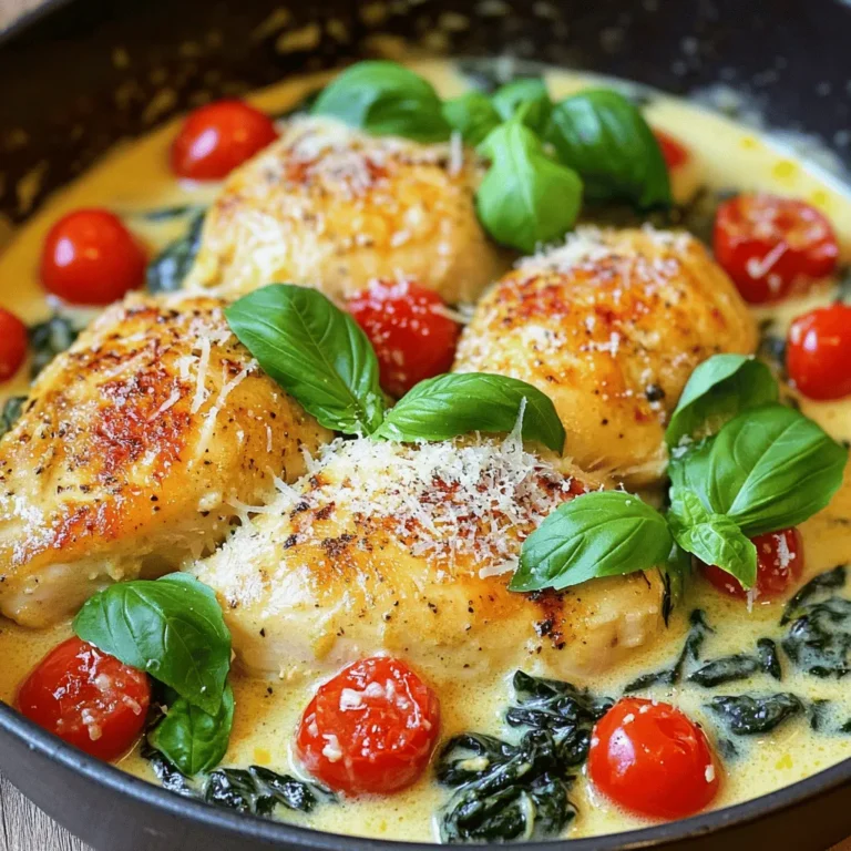 - 4 boneless, skinless chicken breasts - 2 tablespoons olive oil - 4 cloves garlic, minced - 1 cup cherry tomatoes, halved - 1 cup fresh spinach leaves - 1 cup heavy cream - 1 teaspoon Italian seasoning - ½ teaspoon red pepper flakes (optional) - Salt and pepper to taste Gathering the right ingredients is key. I love using fresh, high-quality items. For this recipe, you need four chicken breasts. They should be boneless and skinless for the best texture. Olive oil helps to create a nice sear on the chicken. Garlic adds that wonderful flavor we all crave. Next, we have the cherry tomatoes. They bring a burst of sweetness and color. Fresh spinach adds a touch of earthiness. It wilts down nicely and looks great in the dish. Heavy cream is what makes this sauce rich and creamy. For seasoning, I use Italian seasoning to give a classic touch. Red pepper flakes add a hint of spice, but you can skip them. Finally, salt and pepper enhance all the flavors. You can check the Full Recipe for exact amounts and preparation steps. Enjoy gathering your ingredients! To prepare the chicken breasts, start by rinsing them under cold water. Pat them dry with a paper towel. This step is key to getting a nice sear. Next, season both sides with salt and pepper. Don’t be shy! This helps bring out the flavor. For the best taste, I recommend letting the chicken rest after seasoning. This allows the salt to penetrate the meat. If you have time, marinate the chicken for about 30 minutes. A simple mix of olive oil, lemon juice, and herbs adds great flavor. First, heat two tablespoons of olive oil in a large skillet over medium-high heat. Once the oil shimmers, add the chicken. Sear each side for 5-7 minutes until golden brown. You’ll know it’s ready when it reaches an internal temperature of 165°F. After the chicken cooks, remove it from the pan and set it aside. In the same skillet, add four cloves of minced garlic. Sauté for about 30 seconds. Keep an eye on it; burnt garlic tastes bitter. Next, toss in one cup of halved cherry tomatoes. Cook for 3-4 minutes until they soften. Their juices will mix with the garlic. Then add one cup of fresh spinach. Cook it just until it wilts, about 1-2 minutes. Now, pour in one cup of heavy cream. Stir in one teaspoon of Italian seasoning and half a teaspoon of red pepper flakes if you like heat. Let this simmer for 2-3 minutes. The sauce will thicken and become creamy. Return the chicken to the skillet. Make sure to coat it well with the sauce. Simmer for an additional 2 minutes. This step allows the chicken to soak up the flavors. For serving, place the chicken on plates. Drizzle extra sauce over each piece. Garnish with fresh basil leaves and a sprinkle of grated Parmesan cheese. This adds color and a burst of flavor. Enjoy your delicious Creamy Garlic Tuscan Chicken! For the complete recipe, check the Full Recipe. When making Creamy Garlic Tuscan Chicken, avoid burning garlic. Garlic can turn bitter when it burns. Always sauté it for just 30 seconds until fragrant. This brings out its sweet, rich flavor. Adjust cooking times depending on the thickness of your chicken. Thinner breasts cook faster, while thicker ones take longer. A good rule of thumb is to cook each side for about 5-7 minutes, ensuring the center is no longer pink. To get that perfect creamy texture, use heavy cream. It thickens well and adds richness. Let the sauce simmer for 2-3 minutes after adding cream. This allows it to thicken nicely. Timing is key when adding spinach and tomatoes. Add tomatoes early so they soften, then stir in spinach near the end. This keeps the spinach vibrant and fresh. For added flavor, use fresh herbs. Basil or parsley can brighten the dish. Just chop them roughly and sprinkle before serving. If you like a kick, adjust spiciness with red pepper flakes. Start small, and add more to taste. This gives the dish warmth without overpowering the creamy sauce. For the full recipe, check out the [Full Recipe]. {{image_2}} You can switch up the protein in this dish. Chicken thighs work well for a richer taste. Shrimp is another great choice. It cooks quickly and absorbs flavors nicely. If you want a vegan option, try using tofu or plant-based cream. These alternatives can still give you that creamy texture you crave. To boost the veggie content, consider adding mushrooms or bell peppers. Both add great texture and flavor. You can also play with herbs. Try fresh parsley or thyme. They can add a new twist to the classic Italian taste. Creamy Garlic Tuscan Chicken pairs perfectly with pasta or rice. The sauce clings to these sides, making every bite delightful. For sides, think about a fresh salad or steamed vegetables. These will balance the richness of the dish well. For the full recipe, check out the details above! To store leftover Creamy Garlic Tuscan Chicken, let it cool first. Place the chicken in an airtight container. This keeps it fresh and safe to eat later. You can store it in the fridge for up to three days. For best taste, eat it within this time. Glass or plastic containers work well for storage. Just make sure they seal tightly. Yes, you can freeze this dish. Freezing helps keep the chicken tasty for a longer time. Use a freezer-safe container or a heavy-duty freezer bag. Be sure to remove as much air as possible to prevent freezer burn. This dish will last up to three months in the freezer. When you are ready to eat, thaw it in the fridge overnight. For reheating, you can use the microwave or stovetop. The microwave is quick but may change the sauce's texture. If using the stovetop, place the chicken in a skillet over low heat. Add a splash of cream or chicken broth to keep the sauce creamy. Stir gently to ensure even heating. Always check that it is heated all the way through. Enjoy your meal just as you made it! For the full recipe, check the details above. Making Creamy Garlic Tuscan Chicken takes about 30 minutes. You spend 10 minutes prepping the ingredients. Then, you cook the chicken and sauce for around 20 minutes. This dish is quick and perfect for busy nights. Yes, you can make this dish ahead of time. Cook it, then cool it down. Store it in the fridge for up to three days. To reheat, warm it on the stove over low heat. Add a splash of cream to keep it creamy. This chicken pairs well with many sides. You can serve it with pasta or rice. Steamed broccoli and garlic bread also work great. For a drink, consider a crisp white wine like Sauvignon Blanc. It complements the flavors well. Yes, you can make a gluten-free version easily. Use gluten-free pasta or rice as your side. Check the labels on other ingredients to ensure they are gluten-free. This way, everyone can enjoy this tasty meal! This blog post covered how to make Creamy Garlic Tuscan Chicken. We explored main and additional ingredients. I shared tips on preparation, cooking, and serving. You can also try variations, substitutions, and storage methods. In closing, this dish is simple and delicious. With the right ingredients and techniques, you can impress anyone at your table. Enjoy creating your own version of Creamy Garlic Tuscan Chicken!