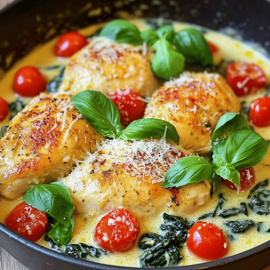 - 4 boneless, skinless chicken breasts - 2 tablespoons olive oil - 4 cloves garlic, minced - 1 cup cherry tomatoes, halved - 1 cup fresh spinach leaves - 1 cup heavy cream - 1 teaspoon Italian seasoning - ½ teaspoon red pepper flakes (optional) - Salt and pepper to taste Gathering the right ingredients is key. I love using fresh, high-quality items. For this recipe, you need four chicken breasts. They should be boneless and skinless for the best texture. Olive oil helps to create a nice sear on the chicken. Garlic adds that wonderful flavor we all crave. Next, we have the cherry tomatoes. They bring a burst of sweetness and color. Fresh spinach adds a touch of earthiness. It wilts down nicely and looks great in the dish. Heavy cream is what makes this sauce rich and creamy. For seasoning, I use Italian seasoning to give a classic touch. Red pepper flakes add a hint of spice, but you can skip them. Finally, salt and pepper enhance all the flavors. You can check the Full Recipe for exact amounts and preparation steps. Enjoy gathering your ingredients! To prepare the chicken breasts, start by rinsing them under cold water. Pat them dry with a paper towel. This step is key to getting a nice sear. Next, season both sides with salt and pepper. Don’t be shy! This helps bring out the flavor. For the best taste, I recommend letting the chicken rest after seasoning. This allows the salt to penetrate the meat. If you have time, marinate the chicken for about 30 minutes. A simple mix of olive oil, lemon juice, and herbs adds great flavor. First, heat two tablespoons of olive oil in a large skillet over medium-high heat. Once the oil shimmers, add the chicken. Sear each side for 5-7 minutes until golden brown. You’ll know it’s ready when it reaches an internal temperature of 165°F. After the chicken cooks, remove it from the pan and set it aside. In the same skillet, add four cloves of minced garlic. Sauté for about 30 seconds. Keep an eye on it; burnt garlic tastes bitter. Next, toss in one cup of halved cherry tomatoes. Cook for 3-4 minutes until they soften. Their juices will mix with the garlic. Then add one cup of fresh spinach. Cook it just until it wilts, about 1-2 minutes. Now, pour in one cup of heavy cream. Stir in one teaspoon of Italian seasoning and half a teaspoon of red pepper flakes if you like heat. Let this simmer for 2-3 minutes. The sauce will thicken and become creamy. Return the chicken to the skillet. Make sure to coat it well with the sauce. Simmer for an additional 2 minutes. This step allows the chicken to soak up the flavors. For serving, place the chicken on plates. Drizzle extra sauce over each piece. Garnish with fresh basil leaves and a sprinkle of grated Parmesan cheese. This adds color and a burst of flavor. Enjoy your delicious Creamy Garlic Tuscan Chicken! For the complete recipe, check the Full Recipe. When making Creamy Garlic Tuscan Chicken, avoid burning garlic. Garlic can turn bitter when it burns. Always sauté it for just 30 seconds until fragrant. This brings out its sweet, rich flavor. Adjust cooking times depending on the thickness of your chicken. Thinner breasts cook faster, while thicker ones take longer. A good rule of thumb is to cook each side for about 5-7 minutes, ensuring the center is no longer pink. To get that perfect creamy texture, use heavy cream. It thickens well and adds richness. Let the sauce simmer for 2-3 minutes after adding cream. This allows it to thicken nicely. Timing is key when adding spinach and tomatoes. Add tomatoes early so they soften, then stir in spinach near the end. This keeps the spinach vibrant and fresh. For added flavor, use fresh herbs. Basil or parsley can brighten the dish. Just chop them roughly and sprinkle before serving. If you like a kick, adjust spiciness with red pepper flakes. Start small, and add more to taste. This gives the dish warmth without overpowering the creamy sauce. For the full recipe, check out the [Full Recipe]. {{image_2}} You can switch up the protein in this dish. Chicken thighs work well for a richer taste. Shrimp is another great choice. It cooks quickly and absorbs flavors nicely. If you want a vegan option, try using tofu or plant-based cream. These alternatives can still give you that creamy texture you crave. To boost the veggie content, consider adding mushrooms or bell peppers. Both add great texture and flavor. You can also play with herbs. Try fresh parsley or thyme. They can add a new twist to the classic Italian taste. Creamy Garlic Tuscan Chicken pairs perfectly with pasta or rice. The sauce clings to these sides, making every bite delightful. For sides, think about a fresh salad or steamed vegetables. These will balance the richness of the dish well. For the full recipe, check out the details above! To store leftover Creamy Garlic Tuscan Chicken, let it cool first. Place the chicken in an airtight container. This keeps it fresh and safe to eat later. You can store it in the fridge for up to three days. For best taste, eat it within this time. Glass or plastic containers work well for storage. Just make sure they seal tightly. Yes, you can freeze this dish. Freezing helps keep the chicken tasty for a longer time. Use a freezer-safe container or a heavy-duty freezer bag. Be sure to remove as much air as possible to prevent freezer burn. This dish will last up to three months in the freezer. When you are ready to eat, thaw it in the fridge overnight. For reheating, you can use the microwave or stovetop. The microwave is quick but may change the sauce's texture. If using the stovetop, place the chicken in a skillet over low heat. Add a splash of cream or chicken broth to keep the sauce creamy. Stir gently to ensure even heating. Always check that it is heated all the way through. Enjoy your meal just as you made it! For the full recipe, check the details above. Making Creamy Garlic Tuscan Chicken takes about 30 minutes. You spend 10 minutes prepping the ingredients. Then, you cook the chicken and sauce for around 20 minutes. This dish is quick and perfect for busy nights. Yes, you can make this dish ahead of time. Cook it, then cool it down. Store it in the fridge for up to three days. To reheat, warm it on the stove over low heat. Add a splash of cream to keep it creamy. This chicken pairs well with many sides. You can serve it with pasta or rice. Steamed broccoli and garlic bread also work great. For a drink, consider a crisp white wine like Sauvignon Blanc. It complements the flavors well. Yes, you can make a gluten-free version easily. Use gluten-free pasta or rice as your side. Check the labels on other ingredients to ensure they are gluten-free. This way, everyone can enjoy this tasty meal! This blog post covered how to make Creamy Garlic Tuscan Chicken. We explored main and additional ingredients. I shared tips on preparation, cooking, and serving. You can also try variations, substitutions, and storage methods. In closing, this dish is simple and delicious. With the right ingredients and techniques, you can impress anyone at your table. Enjoy creating your own version of Creamy Garlic Tuscan Chicken!