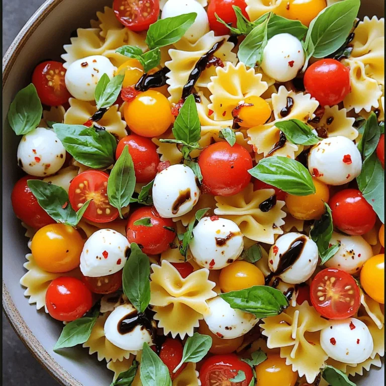 - Pasta Options: You can use bowtie or fusilli pasta. These shapes hold the dressing well. They also mix nicely with all the other ingredients. The pasta should be cooked until al dente for the best texture. - Fresh Produce: Fresh tomatoes and basil are key. Use ripe cherry tomatoes for sweetness. Their juiciness adds flavor to the salad. Fresh basil gives the dish a bright, aromatic touch. Dried herbs cannot match the taste of fresh ones. - Cheese Selection: Mozzarella bocconcini is a great choice. These small balls have a creamy texture. They melt in your mouth and pair perfectly with tomatoes. You could use other mozzarella types, but bocconcini is best. The size is perfect for pasta salad. Using these ingredients helps create a fresh and flavorful Caprese Pasta Salad. For the complete recipe, check out the [Full Recipe]. How to Cook Pasta Perfectly To cook pasta, start with a large pot of salted water. Bring it to a boil. Add the pasta and cook according to package directions. Aim for al dente, which means it should be firm but cooked through. This usually takes about 8 to 10 minutes. Stir the pasta occasionally to prevent sticking. Cooling the Pasta: Importance of rinsing with cold water Once the pasta is done, drain it in a colander. Rinsing it with cold water stops the cooking process. This keeps the pasta firm and prevents it from becoming mushy. Drain well, then transfer the pasta to a large mixing bowl. Ingredients for Dressing: What makes a great salad dressing A good dressing balances flavors. For this salad, use: - 3 tablespoons extra-virgin olive oil - 1 tablespoon balsamic glaze - 1 clove garlic, minced - Salt and pepper to taste - ¼ teaspoon red pepper flakes (optional) These ingredients add depth and brightness to the dish. Whisking Techniques: How to achieve the best emulsion In a small bowl, whisk together the olive oil, balsamic glaze, and garlic. Add salt, pepper, and red pepper flakes if you like a bit of heat. Whisk until everything is well mixed. This creates a smooth dressing that coats the pasta evenly. Combining Ingredients: Mixing pasta, veggies, and cheese To the bowl of pasta, add the halved cherry tomatoes, mozzarella balls, and torn basil leaves. Gently mix everything together. This step combines all the flavors in the salad, making every bite delicious. Dressing the Salad: Tips for even distribution Pour the dressing over the pasta. Carefully toss the salad until all ingredients are coated. You want each piece to have that tasty dressing on it. If you want, taste the salad and adjust the seasoning. You can add more salt, pepper, or balsamic glaze. For the best flavor, let the salad chill in the fridge for about 30 minutes. For the full recipe, check out the detailed steps above! To make your Caprese pasta salad pop, focus on seasoning. Start with salt and pepper. Add these in small amounts, then taste. You want a bright flavor that balances the cheese and tomatoes. A splash of acidity from balsamic glaze brings everything together. Adding Heat: If you enjoy heat, sprinkle in red pepper flakes. This small touch adds warmth. Adjust the amount based on your taste. A pinch goes a long way and can elevate your dish. Serving Suggestions: For gatherings, serve your pasta salad in a large bowl. This allows guests to help themselves. A platter works well too. It creates a beautiful display. Garnishing Ideas: Garnish with extra basil leaves for color. Drizzle more balsamic glaze on top. This adds a glossy finish. You can also consider serving in mason jars for a fun, portable option. These tips make your dish look as good as it tastes! {{image_2}} You can make Caprese pasta salad even better by adding proteins. Grilled chicken boosts protein and makes the salad more filling. You can also use chickpeas for a plant-based option. They add a nice texture and extra nutrition. Seasonal ingredients can make your salad unique. In the summer, ripe avocado adds creaminess. Roasted veggies like zucchini and bell peppers work well in the fall. They bring warmth and flavor to the dish. If you need gluten-free options, you have choices. Quinoa or gluten-free pasta can replace traditional pasta. These options keep the dish tasty while meeting dietary needs. For vegan adjustments, consider dairy-free cheese alternatives. Cashew cheese or almond-based options can work well. They still give you that creamy texture without the dairy. This way, everyone can enjoy Caprese pasta salad! For the full recipe, check the details above. To keep your Caprese pasta salad fresh, use airtight containers. These containers prevent air from entering, helping the salad stay crisp and tasty. Make sure to seal the lid tightly after each use. Store the salad in the refrigerator. It will last for about three days. If you notice any change in smell or appearance, it’s best to toss it out. Always check before you dig in! Can you freeze pasta salad? The answer is not so simple. You can freeze some parts but not the whole salad. The pasta may become mushy when thawed. Fresh tomatoes and mozzarella do not freeze well either. They lose their texture and flavor. If you want to freeze it, consider freezing just the pasta. Cook the pasta, cool it, and then place it in a freezer bag. When you are ready, you can mix it with fresh ingredients. This keeps the salad fresh and flavorful. For the complete recipe, check the Full Recipe link. How can I make Caprese Pasta Salad more filling? You can add proteins like grilled chicken or chickpeas. These options boost nutrition and taste. Also, try adding roasted veggies or avocado for extra flavor. These ingredients make the salad heartier while keeping it fresh. Can I make this salad ahead of time? Yes, you can prepare this salad in advance. Just keep the dressing separate until serving. This will help maintain the pasta's texture and keep the ingredients fresh. Chill it in the fridge for at least 30 minutes before serving for the best flavor. What is the best type of pasta for Caprese Pasta Salad? Bowtie or fusilli pasta works best. These shapes hold the dressing and mix well with the other ingredients. You can also use penne or rotini if you prefer. Just make sure to cook it al dente for the perfect bite. How do I adjust the recipe for larger servings? To scale up the recipe, simply double the ingredients. Keep the same ratios for pasta, tomatoes, cheese, and dressing. This way, you maintain the flavor balance. For a bigger crowd, consider using a larger bowl for mixing. Caprese pasta salad combines fresh ingredients, perfect pasta, and a tasty dressing. We discussed choices like mozzarella, herbs, and pasta types. Cooking and chilling pasta is vital for taste. The right seasonings and garnishes can boost flavor and look. Explore variations to suit your taste or dietary needs. Remember to store it properly for freshness. Enjoy making this vibrant dish at home, and impress your guests! Your culinary journey with Caprese pasta salad starts now.