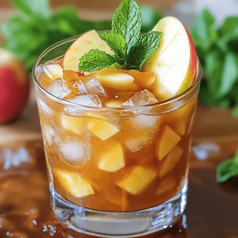 - 2 ounces bourbon - 1 ounce apple butter - 3/4 ounce fresh lemon juice - 1/2 ounce maple syrup - 6 fresh mint leaves - Ice cubes - Apple slices and mint sprigs for garnish To make a great Apple Butter Bourbon Smash, you need fresh ingredients. Each item plays a key role in the drink. The bourbon gives warmth. The apple butter adds sweetness and depth. Fresh lemon juice brightens the flavor. Maple syrup gives a hint of earthiness. Mint leaves add a refreshing note. Ice cubes chill the drink and keep it crisp. Finally, apple slices and mint sprigs make lovely garnishes. - Alternative spirits: You can swap bourbon for rye whiskey or spiced rum. Each spirit brings its own unique flavor. - Different sweeteners: If you prefer, use honey or agave syrup instead of maple syrup. These can change the taste a bit. - Seasonal fruit options: Use other fruits like pears or cranberries. They work well with the apple butter and add a fun twist. Feel free to experiment with these substitutions to suit your taste. Remember, cooking is all about discovering what you love! For the full recipe, check out the section above. 1. Muddling the mint leaves: Start by taking six fresh mint leaves. Place them in a cocktail shaker. Add half an ounce of maple syrup. Use a muddler or the back of a spoon to press down gently. This helps release the mint's fresh aroma and flavor. Be careful not to tear the leaves too much. 2. Mixing the ingredients in the shaker: Next, add two ounces of bourbon, one ounce of apple butter, and three-quarters of an ounce of fresh lemon juice to the shaker. Each ingredient adds a unique taste. The bourbon gives warmth, the apple butter adds sweetness, and the lemon juice brings brightness. 3. Shaking the cocktail for optimal chill: Fill the shaker with ice cubes. Seal it tightly and shake vigorously for about fifteen seconds. This step chills the drink and mixes all the flavors well. You want it nice and cold for that perfect sip. - Glassware recommendations: I love using a rocks glass for this cocktail. It allows you to enjoy the drink's beautiful color and makes it easy to sip. - Ice options: You can use regular ice cubes or larger ice spheres. Larger ice melts slower, keeping your drink cold longer without dilution. - Garnishing tips: For a lovely touch, garnish your cocktail with thin apple slices and a sprig of mint. This not only looks pretty but also adds to the drink's scent and flavor. You can find the full recipe for Apple Butter Bourbon Smash Cocktails in the earlier section. Enjoy making this delightful drink! To make a great Apple Butter Bourbon Smash, start with muddling. Muddling is a key step. Place mint leaves in your shaker. Add maple syrup and press gently. This releases the mint's fresh scent and taste. Don't over-muddle, or you’ll get a bitter flavor. Next, balance your sweet and sour. The apple butter brings sweetness, while fresh lemon juice adds a nice tartness. This mix makes each sip refreshing. Adjust the lemon juice to your taste. If it’s too sweet, add more lemon juice. Choosing a good bourbon is also crucial. Look for bourbon with a smooth taste. A higher-quality bourbon enhances the drink. It adds depth and warmth to your cocktail. Many people make a few common mistakes. One mistake is over-muddling the mint. This can ruin your drink's taste. Always muddle just enough to release the flavor. Another mistake is incorrect measuring of ingredients. Too much or too little can change the drink. Use a jigger for precise measurements. This ensures you get the right balance every time. Finally, don’t skip the chilling step. Shaking your drink with ice cools it down. A warm cocktail isn't pleasant. Always shake until well chilled for the best flavor. For the full recipe, check out the [Full Recipe]. {{image_2}} You can easily change the taste of your Apple Butter Bourbon Smash. Adding seasonal fruits can make it special. Try pear or cranberry for a twist. Both fruits add a fresh flavor that pairs well with bourbon. You can also play with herbs. Instead of mint, use basil or thyme. Each herb brings its own charm. Basil adds a sweet and peppery taste, while thyme gives a nice earthy note. Just a few leaves can change the whole drink. Want a chillier drink? Make a frosty apple butter bourbon smash. Blend the ingredients with ice until smooth. This gives you a slushy texture that’s great for hot days. You can enjoy it by the pool or at a summer party. If you want a non-alcoholic version, try an apple butter bourbon smash mocktail. Just skip the bourbon and use extra apple juice or ginger ale instead. This drink remains flavorful and fun for everyone. You can find the full recipe for both versions in the main article. How to store apple butter Apple butter is best stored in the fridge. Place it in a clean jar. Make sure to close it tight. It can last up to two weeks. If you want it to last longer, freeze it. Use an airtight container for freezing. It can stay good for up to six months in the freezer. Keeping mint fresh To keep mint fresh, you can store it in water. Place the mint stems in a glass of water. Cover the leaves with a plastic bag. This keeps the mint moist. You can also wrap the mint in a damp paper towel. Place it in a plastic bag and store it in the fridge. This helps it stay fresh for about a week. Can you prepare in advance? Yes, you can mix the cocktail in advance. But it’s best to add ice just before serving. If you mix it too early, the ice will melt and water it down. To save time, you can muddle the mint and add the other ingredients. Store the mix in the fridge until you are ready to serve. How to best store mixed cocktail If you have leftover mixed cocktail, store it in the fridge. Use an airtight container to keep it fresh. It is best to drink it within one day. After that, the flavors may change. If you want to make it last, don’t add ice until you serve it. For more details about how to make this drink, check the Full Recipe. What is apple butter, and where can I find it? Apple butter is a thick spread made from slow-cooked apples. It has a rich, sweet flavor. You can find it in stores near jams and jellies. Many local farmers' markets sell homemade apple butter, too. Can I make this cocktail without bourbon? Yes, you can swap bourbon for another spirit. Try using rum or whiskey for a twist. You can also use non-alcoholic options like apple cider for a fun mocktail. How can I adjust the sweetness of my cocktail? To change the sweetness, add more or less maple syrup. You can also alter the amount of apple butter. If it's too sweet, add a splash of lemon juice for balance. What should I pair with this cocktail? This cocktail pairs well with cheese and charcuterie boards. Try sharp cheddar or salty prosciutto. You can also enjoy it with apple pie or cinnamon pastries for a cozy dessert. How does the flavor profile change when using different ingredients? Using different spirits will change the taste. For instance, rum adds a tropical flair, while gin brings herbal notes. Different sweeteners, like honey, can add unique flavors, too. Each choice gives the cocktail its own personality. This blog post covered how to make a delicious Apple Butter Bourbon Smash. We looked at key ingredients, preparation steps, and serving tips. I also shared common mistakes to avoid and ways to store ingredients. In my view, using fresh ingredients is vital for the best flavor. This drink is easy to customize, so feel free to experiment. Enjoy making your drink and impress your friends with your skills!