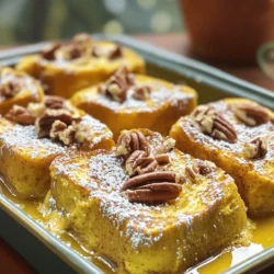 - 1 large loaf of brioche or challah, cut into 1-inch cubes - 1 cup canned pumpkin puree - 4 large eggs - 2 cups milk (whole or almond) - 1/2 cup brown sugar - 1 teaspoon vanilla extract - 1 teaspoon pumpkin pie spice - 1/2 teaspoon ground cinnamon - 1/4 teaspoon ground nutmeg - Pinch of salt - 1/2 cup chopped pecans or walnuts - Maple syrup for serving To make a great Pumpkin Spice French Toast Bake, gather these simple ingredients. The base starts with a large loaf of brioche or challah. These breads have a soft texture, perfect for soaking. Next, you'll need canned pumpkin puree. This adds that rich pumpkin flavor and a lovely color. Crack in four large eggs to bind everything together. Then, pour in two cups of milk. You can use whole milk or almond milk for a dairy-free option. Add half a cup of brown sugar for sweetness and a teaspoon of vanilla extract for depth of flavor. Now let’s spice things up! Use one teaspoon of pumpkin pie spice, half a teaspoon of ground cinnamon, and a quarter teaspoon of ground nutmeg. Don’t forget a pinch of salt. This will bring out all the sweet and warm flavors. For a little crunch, consider adding chopped pecans or walnuts on top. They add texture and nutty flavor. Finally, maple syrup is a must for serving. It brings everything together with its sweetness. These ingredients make a simple and tasty dish that is sure to impress. For the complete recipe, check out the Full Recipe section. - Preheat the oven to 350°F (175°C). - Grease a 9x13 inch baking dish with butter or cooking spray. - In a large bowl, whisk together: - 1 cup canned pumpkin puree - 4 large eggs - 2 cups milk (you can use whole or almond) - 1/2 cup brown sugar - 1 teaspoon vanilla extract - 1 teaspoon pumpkin pie spice - 1/2 teaspoon cinnamon - 1/4 teaspoon nutmeg - Pinch of salt Mix until smooth and creamy. This custard gives the dish its rich flavor. - Take your cubed brioche or challah and place it in the greased baking dish. - Pour the custard mixture evenly over the bread. - Gently fold the bread cubes into the custard. Ensure each piece gets coated well. This step is key to a delicious bake. The bread should soak up all that lovely custard. For the full recipe, check out the next section! Soaking bread overnight is key for a great bake. This lets the bread soak up the custard fully. When you soak the bread, it becomes soft and rich in flavor. I recommend using brioche or challah. Their texture holds up well and absorbs the custard nicely. If you are short on time, a 30-minute soak will work. However, overnight is best for taste. To check for doneness, insert a knife in the center. If it comes out clean, the bake is ready. If not, give it a few more minutes. For an even bake, spread the bread cubes out well. Make sure the custard covers every piece. This helps create a uniform texture throughout. For a lovely presentation, cut into squares and place on plates. Drizzle warm maple syrup over each piece. You can also add a dusting of powdered sugar for flair. A dollop of whipped cream makes it extra special. For sides, consider fresh fruit or crispy bacon. These pair well and enhance the meal. {{image_2}} You can easily modify ingredients in this recipe. For a dairy-free version, use almond milk. It works well and keeps the taste rich. If you prefer gluten-free, choose gluten-free bread for the base. This keeps the dish safe for those with gluten sensitivities. You can also switch out sweeteners. Instead of brown sugar, use coconut sugar or maple syrup. This change can enhance the flavor and offer a different sweetness. You might find these alternatives to your liking. Feel free to get creative with flavors. Adding chocolate chips gives a sweet twist. You can also mix in fruits like apples or bananas for extra freshness. These additions make each bite exciting. For seasonal fun, try adding cranberries for winter or fresh peaches in summer. These fruit options make the dish versatile for any holiday. Each season brings a chance to try new flavors! Think about how you want to present this dish. It can shine as a breakfast or as a dessert. For breakfast, serve it warm with maple syrup and fresh fruit. It feels cozy and sweet. If you want to serve it as a dessert, add whipped cream or ice cream on top. This makes it even more special. You can also cut it into smaller portions for sharing at gatherings. This way, everyone can enjoy a taste! To store leftover pumpkin spice French toast bake, let it cool first. Place the bake in an airtight container. You can keep it in the fridge for up to three days. If you want to reheat, slice it into squares. Microwave each slice for about 30 seconds. You can also warm it in the oven at 350°F (175°C) for 10 to 15 minutes. To freeze pumpkin spice French toast bake, cut it into squares. Wrap each piece tightly in plastic wrap. Place the wrapped pieces in a freezer bag. This way, you can enjoy it later. When you want to eat it, take a square out and let it thaw in the fridge overnight. For reheating, bake it at 350°F (175°C) for 20 minutes or until hot. In the fridge, the pumpkin spice French toast bake lasts about three days. If you freeze it, it can stay good for up to three months. Always check for any signs of freezer burn or spoilage before eating. What can I use instead of brioche or challah? You can use any soft bread. Try white bread, French bread, or even bagels. These options can soak up the custard well, giving you a tasty bake. Can I make this recipe ahead of time? Yes! You can prepare this dish the night before. Just cover it and put it in the fridge. Let it soak overnight for the best flavor. How do I know when the French toast bake is ready? Check for a golden brown top. Insert a knife in the center. If it comes out clean, it’s done. If not, bake it a bit longer. Is this recipe suitable for vegetarians? Yes, this recipe is vegetarian. It contains no meat or fish, making it perfect for vegetarian diets. Can this be made gluten-free? Absolutely! Use gluten-free bread for this recipe. It will still taste great and be safe for those avoiding gluten. How can I modify the sweetness level? You can add more or less brown sugar. Try using honey or maple syrup for a different taste. Adjust it to your liking. What are some toppings that pair well with this dish? Great toppings include maple syrup, whipped cream, or fresh fruit. You could also sprinkle powdered sugar or add nuts for crunch. For the full recipe, check out the details above. This blog post covers how to make a delicious pumpkin spice French toast bake. We explored the main ingredients like brioche, pumpkin puree, and spices to create the custard mix. I shared tips on soaking the bread and baking it to perfection. You can even customize this dish with variations and toppings. Don’t hesitate to try this recipe. It's perfect for breakfast or a cozy dessert. Enjoy the flavors of fall anytime!