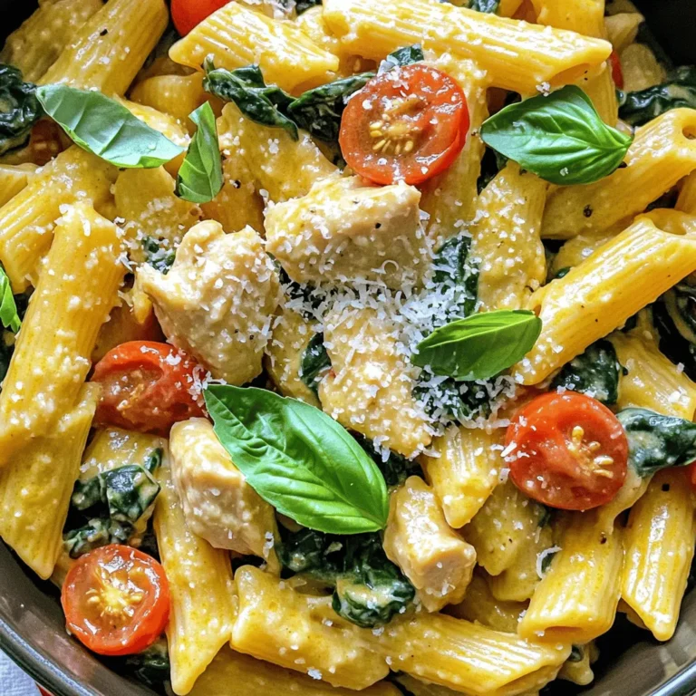 - 2 tablespoons olive oil - 1 pound boneless, skinless chicken breasts, cut into bite-sized pieces - Salt and pepper to taste - 4 cloves garlic, minced - 1 teaspoon Italian seasoning - 2 cups chicken broth - 8 ounces uncooked penne pasta - 1 cup cherry tomatoes, halved - 1 cup spinach leaves - 1 cup heavy cream - 1/2 cup grated Parmesan cheese - Fresh basil, for garnish (optional) One Pot Creamy Tuscan Chicken Pasta has a rich flavor. Each ingredient adds something special. Olive oil serves as the base. It helps cook the chicken and adds taste. Boneless, skinless chicken breasts are the star. They are easy to cook and soak up flavor well. Garlic and Italian seasoning create a wonderful aroma. They make the dish feel authentic. Chicken broth adds depth. It makes the pasta tender and flavorful. The penne pasta cooks right in the broth. It absorbs all the good taste. Cherry tomatoes add color and sweetness. They pop beautifully in each bite. Spinach leaves bring a fresh touch. They wilt down to add nutrients. Finally, heavy cream and Parmesan cheese give the dish a creamy finish. This recipe is perfect for busy nights. It’s quick, tasty, and satisfying. Check the Full Recipe to see how to put this together! First, heat 2 tablespoons of olive oil in a large pot over medium heat. While the oil warms, season 1 pound of boneless, skinless chicken breasts with salt and pepper. Once the oil is hot, add the chicken pieces. Cook them for about 5-7 minutes, stirring often. You want them browned and cooked through. After that, take the chicken out of the pot and set it aside. In the same pot, add 4 cloves of minced garlic and 1 teaspoon of Italian seasoning. Sauté for about 1 minute. You want to smell that garlic but avoid burning it. Next, pour in 2 cups of chicken broth and bring it to a gentle simmer. Now, add 8 ounces of uncooked penne pasta to the pot. Stir well to make sure all the pasta is submerged. Cook it for about 10 minutes. Stir often to keep it from sticking. When it’s almost done, add 1 cup of halved cherry tomatoes and 1 cup of spinach leaves. This adds color and flavor to the dish. After the pasta is al dente, stir in 1 cup of heavy cream and the cooked chicken. Mix until everything is well combined. Finally, sprinkle 1/2 cup of grated Parmesan cheese over the top. Stir for about 1-2 minutes until the cheese melts and the sauce is creamy. Taste and adjust seasoning with salt and pepper as needed. For the full recipe, check the link provided earlier. - Best practices for sautéing chicken: Start with a hot pot and add olive oil. Cut the chicken into small pieces for even cooking. Season it with salt and pepper. Cook the chicken for about 5-7 minutes until it is browned. This helps lock in the juices and flavor. - How to avoid overcooking pasta: Use a timer! Add penne pasta to the simmering broth and check it after 10 minutes. Stir occasionally to keep it from sticking. You want it al dente, which means slightly firm. This keeps the pasta from becoming mushy in the pot. - Additional herbs or spices to consider: You can try adding fresh thyme or oregano. These herbs add depth to the dish. A pinch of red pepper flakes can also give it a nice kick. Experiment with flavors you enjoy to make it your own. - Adjusting creaminess levels: If you prefer a richer sauce, add more heavy cream. Start with half a cup and see how it looks. You can always add more, but it’s hard to take it out once it’s in. For a lighter option, use half-and-half or a mix of cream and chicken broth. - Pairing with wine or sides: A crisp white wine like Sauvignon Blanc pairs well with this dish. For sides, a fresh salad or garlic bread complements the creamy pasta nicely. You can also serve it with roasted vegetables for a balanced meal. - Presentation ideas for gatherings: Serve the pasta in shallow bowls. Garnish each bowl with fresh basil and an extra sprinkle of Parmesan. This makes your dish look beautiful and inviting, perfect for impressing guests. For the complete recipe, check the Full Recipe section above. {{image_2}} You can switch up the main ingredients in this dish. If you prefer turkey, use ground turkey instead of chicken. For a meat-free option, try chickpeas or tofu. You can also swap penne pasta for rotini or bowtie pasta. If you need dairy-free options, use coconut cream instead of heavy cream. For gluten-free pasta, look for brands made from rice or lentils. Both options work well and keep the dish creamy. Want a bit of heat? Add red pepper flakes when you sauté the garlic. This will give your dish a spicy kick. You can also add crushed chili peppers for a bolder flavor. To make this dish even more nutritious, toss in extra vegetables. Bell peppers, zucchini, or even broccoli work well. You can also add proteins like shrimp or sausage for added flavor. These changes keep your meal exciting and fresh. For the full recipe, check out the One Pot Creamy Tuscan Chicken Pasta. To keep your One Pot Creamy Tuscan Chicken Pasta fresh, follow these easy steps: - Refrigerator Storage: Place leftovers in an airtight container. Cool the pasta to room temperature before sealing. Store it in the fridge for up to three days. - Freezing: For longer storage, freeze the pasta. Use a freezer-safe container and leave some space for expansion. It can last up to three months in the freezer. When it’s time to enjoy your leftovers, reheating properly keeps the dish creamy: - Stovetop Method: Heat a small amount of olive oil in a pan. Add the pasta and a splash of chicken broth. Stir gently over low heat until warmed through. This helps maintain the creaminess. - Microwave Method: Place the pasta in a microwave-safe bowl. Add a tablespoon of water or chicken broth. Cover loosely and heat in short bursts. Stir in between to ensure even heating. After reheating, feel free to adjust the seasoning. You can add a sprinkle of cheese or fresh herbs for an extra touch. To make this dish vegetarian, swap the chicken for your favorite plant-based protein. You can use chickpeas, tofu, or mushrooms. These options add great flavor and texture. Keep the rest of the recipe the same. Use vegetable broth instead of chicken broth for a rich taste. Absolutely! Leftover chicken works great in this recipe. Just chop it into bite-sized pieces. Add it when you mix in the heavy cream. This saves time and adds flavor. I recommend using penne pasta. Its shape holds the creamy sauce well. You can also try rotini or fusilli for a fun twist. Just make sure to adjust the cooking time if you choose a different pasta. To prepare ahead, cook the chicken and pasta as directed. Let them cool, then store them separately in the fridge. When ready to eat, combine everything with the sauce and heat it. This keeps the pasta from getting mushy. Yes! One Pot Creamy Tuscan Chicken Pasta is perfect for meal prep. It stores well in the fridge for up to three days. Just keep the sauce separate until you heat it. This way, your pasta stays creamy and fresh. For the full recipe, check out the detailed steps above. This blog post covered a tasty recipe for One Pot Creamy Tuscan Chicken Pasta. You learned about the key ingredients, step-by-step cooking instructions, and helpful tips to perfect the dish. We also explored variations, storage methods, and answered common questions. Try this recipe to impress friends or family. Enjoy your cooking adventure!