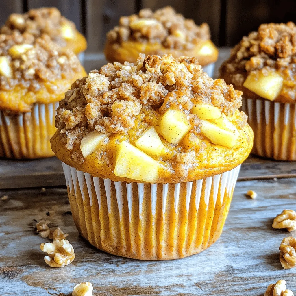 Let’s dive into the fun part: the ingredients! This recipe for Apple Pumpkin Streusel Muffins blends flavors perfectly. Each component adds to the taste and texture. Here’s a detailed list for you: - 1 cup pumpkin puree (canned or homemade) - 1 medium apple (peeled and diced, preferably Granny Smith) - 2 large eggs - ½ cup vegetable oil - 1 cup brown sugar (packed) - 1 teaspoon vanilla extract - 1 ½ cups all-purpose flour - 1 teaspoon baking soda - ½ teaspoon baking powder - ½ teaspoon salt - 1 teaspoon ground cinnamon - ½ teaspoon ground nutmeg - ½ cup chopped walnuts or pecans (optional) For the streusel topping: - ½ cup all-purpose flour - ½ cup rolled oats - ½ cup brown sugar (packed) - ½ teaspoon ground cinnamon - 4 tablespoons cold butter (cubed) Feel free to customize! You can swap the apple for pears or add chocolate chips. The nuts are optional, but they give a nice crunch. This recipe is all about making it your own. Check out the Full Recipe for complete details! 1. Preheat the Oven: Start by preheating your oven to 350°F (175°C). This step helps the muffins bake evenly. You can line a muffin tin with paper liners or lightly grease each cup. 2. Mix Wet Ingredients: In a large bowl, combine 1 cup of pumpkin puree, 1 diced apple, 2 eggs, ½ cup vegetable oil, 1 cup packed brown sugar, and 1 teaspoon vanilla extract. Whisk everything together until smooth. 3. Mix Dry Ingredients: In another bowl, whisk together 1 ½ cups of all-purpose flour, 1 teaspoon baking soda, ½ teaspoon baking powder, ½ teaspoon salt, 1 teaspoon ground cinnamon, and ½ teaspoon ground nutmeg. Mixing these well ensures even flavor and texture. 4. Combine the Mixtures: Gradually add the dry mix to the wet ingredients. Stir gently until just combined. Avoid over-mixing; you want fluffy muffins. If you like, fold in ½ cup of chopped walnuts or pecans for added crunch. 1. Fill the Muffin Cups: Use a spoon or scoop to divide the batter evenly into the prepared muffin cups. Fill each cup about 2/3 full. This allows room for the muffins to rise without spilling. 2. Add the Streusel Topping: In a small bowl, mix ½ cup of flour, ½ cup of rolled oats, ½ cup of packed brown sugar, and ½ teaspoon of cinnamon. Cut in 4 tablespoons of cold butter until it looks crumbly. Then, sprinkle this topping generously over each muffin. 3. Bake: Place the muffin tin in the oven. Bake for 18-22 minutes. Check for doneness by inserting a toothpick in the center. If it comes out clean, your muffins are done. Follow these steps for tasty Apple Pumpkin Streusel Muffins. You can find the Full Recipe for more details! To bake great muffins, avoid common pitfalls. First, do not overmix your batter. Stir just until you see no dry flour. Overmixing can make muffins tough. Next, pay attention to ingredient temperature. For the best muffins, use room-temperature eggs and oil. Cold ingredients may not mix well, which affects the rise. Measuring flour is key for the perfect texture. Spoon the flour into your measuring cup and level it off. Do not pack it down. Too much flour makes muffins dry. Storing muffins correctly keeps them fresh. Once cooled, place them in an airtight container. They can last up to three days at room temperature. If you want to save muffins for later, freezing is a great option. Wrap each muffin in plastic wrap and then place them in a freezer bag. They freeze well for up to three months. To reheat muffins, take them out of the freezer. Let them thaw in the fridge overnight. Then, warm them in the oven at 350°F for about 5-10 minutes. This keeps them fluffy and tasty. For the complete recipe, check the Full Recipe link. {{image_2}} You can easily change up the fruits and nuts in this recipe. Instead of apples, try pears or cranberries. Both add a lovely tangy taste. For nuts, swap walnuts or pecans with almonds or hazelnuts. They bring a different crunch and flavor. If you need gluten-free muffins, use a gluten-free flour blend in place of regular flour. It works well and keeps the muffins fluffy. You can also use oat flour or almond flour for a unique taste. Just remember to adjust the liquid in your recipe, as these flours can absorb more moisture. To amp up the flavor, consider adding spices. A pinch of allspice or ginger can add warmth. You can also mix in some cloves for a nice kick. These spices enhance the fall flavors of pumpkin and apple. Want to make your muffins even more special? Add chocolate chips or caramel bits. Stir in about half a cup into the batter. They melt while baking and create delightful pockets of sweetness. You can also drizzle caramel sauce over the muffins once they cool for an extra treat. For the full recipe, check out the details above. Each muffin offers a tasty balance of nutrients. Here’s a quick breakdown per serving: - Calories: 180 - Protein: 3g - Fat: 8g - Carbohydrates: 27g - Fiber: 1g - Sugar: 10g Pumpkin brings many benefits. It is rich in vitamins A and C. It also may help with eye health. Apples add fiber and antioxidants. They can support gut health and digestion. Together, these ingredients make a healthy snack option. Some may have allergies to ingredients in this recipe. The muffins contain eggs and nuts. You can skip the nuts or use seeds instead. For a vegan option, replace the eggs with flaxseed meal. Mix one tablespoon of flaxseed with three tablespoons of water for each egg. You can also use a plant-based oil instead of vegetable oil. If you are on a keto diet, try using almond flour instead of all-purpose flour. This change cuts down on carbs and keeps the muffins tasty. Enjoy these muffins while considering your dietary needs! How to ensure the muffins are moist? To keep your muffins moist, use pumpkin puree. This adds moisture and flavor. Don’t overmix the batter; mix until just combined. Also, bake them until a toothpick comes out clean, but don’t overbake. Can I use fresh pumpkin instead of canned? Yes, you can use fresh pumpkin! Just cook and puree it first. Make sure it is smooth and not too watery. This will give your muffins a fresh taste. What other toppings can I use besides streusel? You can try nuts, seeds, or even a glaze. Chopped apples or chocolate chips also add great flavor. Mix it up to find your favorite! Many people love this recipe! One user suggests adding a pinch of salt to enhance the flavor. Another recommends serving the muffins warm with butter or cream cheese. They pair well with coffee or tea for a cozy treat. For your convenience, here is the [Printable Full Recipe](#) for Apple Pumpkin Streusel Muffins. Enjoy making these delicious treats! Now you have all the tools to make perfect muffins. We covered each ingredient, the steps, and even tips to avoid mistakes. You learned about variations and how to store your muffins for later. Remember, small changes can make a big difference. Enjoy experimenting with flavors and ingredients to find your best muffin. Happy baking!