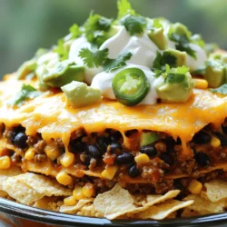 - Ground beef or turkey - Taco seasoning - Black beans - Corn - Salsa - Tortilla chips - Cheddar cheese - Sour cream - Jalapeños - Fresh cilantro - Avocado To make a loaded nacho casserole, you need some tasty ingredients. Start with ground beef or turkey. Both meats give a nice flavor. Taco seasoning adds a spicy kick. Black beans and corn add texture and taste. Use your favorite salsa for a zesty touch. Crushed tortilla chips form the base of the dish. The cheese is key for that gooey goodness. Sour cream adds creaminess, while jalapeños give some heat. Fresh cilantro adds a pop of color and taste. Finally, diced avocado brings a cool finish. If you want alternatives for ground meat, try lentils or mushrooms. They work well and are hearty. For a vegan version, choose plant-based cheese and sour cream. Many brands offer great options that melt nicely. If you need gluten-free, look for tortilla chips made without wheat. You will need a few basic tools to make this dish. A skillet helps brown the meat quickly. A baking dish holds all the layers together. A good mixing spoon makes stirring easy. Finally, your oven is crucial for baking and melting the cheese. - Preheat the oven: Start by setting your oven to 350°F (175°C). This ensures even cooking. - Prepare the meat: In a large skillet, cook 1 lb of ground beef or turkey over medium heat. Brown it well, then drain the excess fat. This step helps keep the dish from being greasy. - First layer of tortilla chips: In a baking dish, spread half of the crushed tortilla chips. This forms a crunchy base. - Beef mixture layering: Next, pour half of your beef mixture over the chips. Make sure to cover them well. - Cheese topping: Sprinkle half of the shredded cheddar cheese on top. This adds a creamy flavor. - Covering with foil: Take aluminum foil and cover the baking dish. This keeps moisture in while cooking. - Cooking time explained: Bake your casserole for 20 minutes. This allows the flavors to meld and warms it through. - Final baking for topped cheese: After 20 minutes, remove the foil and bake for another 10 minutes. You want the cheese to be bubbly and golden brown. For the complete method and ingredients, check the Full Recipe. - Using fresh ingredients: Fresh ingredients make a big difference. Use ripe tomatoes, fresh herbs, and high-quality cheese. They add vibrant taste and color to your dish. Fresh herbs like cilantro can brighten each bite. - Enhancing spice level: To boost heat, add fresh jalapeños or hot sauce. Mix in a pinch of cayenne pepper for a subtle kick. Always taste as you go. Adjust the spice to fit your family's taste. - Best sides to complement the casserole: Serve with a simple salad or guacamole. A side of refried beans pairs well too. These sides add texture and flavor to your meal. - Ideal toppings for individual servings: Offer toppings like diced tomatoes, sour cream, or extra cheese. Sliced olives or green onions can add crunch. Let guests customize their plates for a fun experience. - Prepping ingredients in advance: Chop vegetables and measure ingredients the day before. This saves time when cooking. You can even cook the meat in advance and store it in the fridge. - Using leftovers effectively: Transform leftover casserole into a new dish. Add it to tacos or mix it with scrambled eggs for breakfast. Get creative to avoid waste while enjoying new meals. For the full recipe, check out the details above! {{image_2}} You can make a tasty vegetarian loaded nacho casserole by swapping a few ingredients. Instead of ground beef or turkey, use a mix of mushrooms and lentils. This gives you a hearty base full of flavor. You can also add more beans, like pinto or kidney beans. For cheese, try a plant-based option. This will keep the dish creamy and rich. Want some heat? Add fresh jalapeños or diced green chilies to spice things up. You can also mix in some chipotle peppers for a smoky flavor. For a BBQ twist, use pulled jackfruit with BBQ sauce instead of meat. This change adds a touch of sweetness that pairs great with the cheese. You can also try adding taco sauce for a more southwestern flavor. Consider serving your casserole in individual dishes for fun portions. This makes it easy to share and eat. You can use ramekins or small cast-iron skillets for this. For family-style serving, a large baking dish works well. You can also layer the nacho casserole in a slow cooker. This way, it stays warm, and everyone can help themselves. For the full recipe, check out the earlier section. To store leftovers, let the loaded nacho casserole cool first. Then, cover it tightly with plastic wrap or aluminum foil. You can also use an airtight container. This helps keep it fresh and tasty. Store it in the fridge for up to three days. Make sure to label the container with the date so you know when it was made. To freeze nacho casserole, first, let it cool completely. Then, cut it into portions for easy serving. Wrap each portion tightly in plastic wrap, then place them in a freezer-safe bag. Remove as much air as possible. This prevents freezer burn. You can freeze it for up to three months. When ready to eat, thaw it in the fridge overnight. To reheat, place it in the oven at 350°F (175°C) until hot. This keeps the cheese nice and melty. In the fridge, your loaded nacho casserole lasts about three days. If you notice any mold or an off smell, it’s time to toss it. Always trust your senses; if it doesn't look or smell right, don't eat it. Enjoy your delicious casserole while it's fresh! A Loaded Nacho Casserole is a fun twist on classic nachos. It combines layers of meat, beans, cheese, and chips. I use ground beef or turkey for protein. The dish also has salsa, black beans, and corn for flavor. It’s baked until the cheese is bubbly and golden. You can serve it with sour cream, jalapeños, and avocado on top. This dish is perfect for parties or a cozy night in. Absolutely! You can add many toppings to make it your own. Here are some ideas: - Different meats: Try chicken or sausage for a new flavor. - Vegetarian options: Use lentils or mushrooms instead of meat. - Extra veggies: Add bell peppers, onions, or olives for crunch. - Spice it up: Mix in hot sauce or use spicy salsa. - Cheese choices: Swap cheddar for Monterey Jack or pepper jack. Feel free to get creative and tailor it to your taste! Reheating your casserole is easy and keeps the flavor intact. Here’s how: - Oven method: Preheat your oven to 350°F (175°C). Place the casserole in an oven-safe dish, cover it with foil, and heat for about 15-20 minutes. - Microwave method: Put a portion on a plate. Cover it with a damp paper towel. Heat for 1-2 minutes, checking often. Both methods work well, but the oven keeps the crispiness of the chips! This blog post covered how to make a Loaded Nacho Casserole. We started with a list of essential ingredients and explored substitutions. Then, we went through the tools needed and followed step-by-step instructions for preparation and baking. I shared many tips to enhance flavors and save time. Plus, we looked at tasty variations and storage info. You can easily make this dish your own. Whether you want a meatless version or spicy twist, the options are endless. Enjoy creating and sharing this flavorful meal!