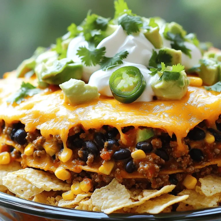 - Ground beef or turkey - Taco seasoning - Black beans - Corn - Salsa - Tortilla chips - Cheddar cheese - Sour cream - Jalapeños - Fresh cilantro - Avocado To make a loaded nacho casserole, you need some tasty ingredients. Start with ground beef or turkey. Both meats give a nice flavor. Taco seasoning adds a spicy kick. Black beans and corn add texture and taste. Use your favorite salsa for a zesty touch. Crushed tortilla chips form the base of the dish. The cheese is key for that gooey goodness. Sour cream adds creaminess, while jalapeños give some heat. Fresh cilantro adds a pop of color and taste. Finally, diced avocado brings a cool finish. If you want alternatives for ground meat, try lentils or mushrooms. They work well and are hearty. For a vegan version, choose plant-based cheese and sour cream. Many brands offer great options that melt nicely. If you need gluten-free, look for tortilla chips made without wheat. You will need a few basic tools to make this dish. A skillet helps brown the meat quickly. A baking dish holds all the layers together. A good mixing spoon makes stirring easy. Finally, your oven is crucial for baking and melting the cheese. - Preheat the oven: Start by setting your oven to 350°F (175°C). This ensures even cooking. - Prepare the meat: In a large skillet, cook 1 lb of ground beef or turkey over medium heat. Brown it well, then drain the excess fat. This step helps keep the dish from being greasy. - First layer of tortilla chips: In a baking dish, spread half of the crushed tortilla chips. This forms a crunchy base. - Beef mixture layering: Next, pour half of your beef mixture over the chips. Make sure to cover them well. - Cheese topping: Sprinkle half of the shredded cheddar cheese on top. This adds a creamy flavor. - Covering with foil: Take aluminum foil and cover the baking dish. This keeps moisture in while cooking. - Cooking time explained: Bake your casserole for 20 minutes. This allows the flavors to meld and warms it through. - Final baking for topped cheese: After 20 minutes, remove the foil and bake for another 10 minutes. You want the cheese to be bubbly and golden brown. For the complete method and ingredients, check the Full Recipe. - Using fresh ingredients: Fresh ingredients make a big difference. Use ripe tomatoes, fresh herbs, and high-quality cheese. They add vibrant taste and color to your dish. Fresh herbs like cilantro can brighten each bite. - Enhancing spice level: To boost heat, add fresh jalapeños or hot sauce. Mix in a pinch of cayenne pepper for a subtle kick. Always taste as you go. Adjust the spice to fit your family's taste. - Best sides to complement the casserole: Serve with a simple salad or guacamole. A side of refried beans pairs well too. These sides add texture and flavor to your meal. - Ideal toppings for individual servings: Offer toppings like diced tomatoes, sour cream, or extra cheese. Sliced olives or green onions can add crunch. Let guests customize their plates for a fun experience. - Prepping ingredients in advance: Chop vegetables and measure ingredients the day before. This saves time when cooking. You can even cook the meat in advance and store it in the fridge. - Using leftovers effectively: Transform leftover casserole into a new dish. Add it to tacos or mix it with scrambled eggs for breakfast. Get creative to avoid waste while enjoying new meals. For the full recipe, check out the details above! {{image_2}} You can make a tasty vegetarian loaded nacho casserole by swapping a few ingredients. Instead of ground beef or turkey, use a mix of mushrooms and lentils. This gives you a hearty base full of flavor. You can also add more beans, like pinto or kidney beans. For cheese, try a plant-based option. This will keep the dish creamy and rich. Want some heat? Add fresh jalapeños or diced green chilies to spice things up. You can also mix in some chipotle peppers for a smoky flavor. For a BBQ twist, use pulled jackfruit with BBQ sauce instead of meat. This change adds a touch of sweetness that pairs great with the cheese. You can also try adding taco sauce for a more southwestern flavor. Consider serving your casserole in individual dishes for fun portions. This makes it easy to share and eat. You can use ramekins or small cast-iron skillets for this. For family-style serving, a large baking dish works well. You can also layer the nacho casserole in a slow cooker. This way, it stays warm, and everyone can help themselves. For the full recipe, check out the earlier section. To store leftovers, let the loaded nacho casserole cool first. Then, cover it tightly with plastic wrap or aluminum foil. You can also use an airtight container. This helps keep it fresh and tasty. Store it in the fridge for up to three days. Make sure to label the container with the date so you know when it was made. To freeze nacho casserole, first, let it cool completely. Then, cut it into portions for easy serving. Wrap each portion tightly in plastic wrap, then place them in a freezer-safe bag. Remove as much air as possible. This prevents freezer burn. You can freeze it for up to three months. When ready to eat, thaw it in the fridge overnight. To reheat, place it in the oven at 350°F (175°C) until hot. This keeps the cheese nice and melty. In the fridge, your loaded nacho casserole lasts about three days. If you notice any mold or an off smell, it’s time to toss it. Always trust your senses; if it doesn't look or smell right, don't eat it. Enjoy your delicious casserole while it's fresh! A Loaded Nacho Casserole is a fun twist on classic nachos. It combines layers of meat, beans, cheese, and chips. I use ground beef or turkey for protein. The dish also has salsa, black beans, and corn for flavor. It’s baked until the cheese is bubbly and golden. You can serve it with sour cream, jalapeños, and avocado on top. This dish is perfect for parties or a cozy night in. Absolutely! You can add many toppings to make it your own. Here are some ideas: - Different meats: Try chicken or sausage for a new flavor. - Vegetarian options: Use lentils or mushrooms instead of meat. - Extra veggies: Add bell peppers, onions, or olives for crunch. - Spice it up: Mix in hot sauce or use spicy salsa. - Cheese choices: Swap cheddar for Monterey Jack or pepper jack. Feel free to get creative and tailor it to your taste! Reheating your casserole is easy and keeps the flavor intact. Here’s how: - Oven method: Preheat your oven to 350°F (175°C). Place the casserole in an oven-safe dish, cover it with foil, and heat for about 15-20 minutes. - Microwave method: Put a portion on a plate. Cover it with a damp paper towel. Heat for 1-2 minutes, checking often. Both methods work well, but the oven keeps the crispiness of the chips! This blog post covered how to make a Loaded Nacho Casserole. We started with a list of essential ingredients and explored substitutions. Then, we went through the tools needed and followed step-by-step instructions for preparation and baking. I shared many tips to enhance flavors and save time. Plus, we looked at tasty variations and storage info. You can easily make this dish your own. Whether you want a meatless version or spicy twist, the options are endless. Enjoy creating and sharing this flavorful meal!