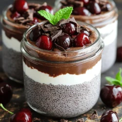 Chia seeds are the star of this pudding. They soak up liquid and create a thick, creamy texture. For this recipe, you need 1/2 cup of chia seeds. They are packed with fiber and omega-3 fatty acids, making them a healthy choice. Next, you need 2 cups of liquid. I suggest almond milk, but you can use any milk you like. Coconut, soy, or oat milk also work well. The milk blends perfectly with the chia seeds and cocoa powder. To sweeten the pudding, add 1/4 cup of maple syrup. You can adjust this amount based on your taste. Honey is another option if you prefer. This will give your pudding a rich sweetness. For a deeper flavor, mix in 1/4 cup of cocoa powder. It adds a chocolatey taste, perfect for a Black Forest treat. Don’t forget 1 teaspoon of vanilla extract. It brings warmth and depth to the overall flavor. Finally, we have toppings! You’ll need 1 cup of pitted dark cherries, chopped. These can be fresh or frozen. They provide a juicy burst with each bite. Also, consider adding 1/2 cup of Greek yogurt for creaminess. For garnish, use dark chocolate shavings and fresh mint leaves. They not only look pretty but also enhance the taste. For the full recipe, check the [Full Recipe]. To start, grab a mixing bowl. Add 1/2 cup of chia seeds. Then, pour in 2 cups of almond milk. You can use any milk you like. Next, add 1/4 cup of cocoa powder. This gives the pudding its rich taste. Now, add 1/4 cup of maple syrup for sweetness. Adjust this if you want it sweeter. Finally, stir in 1 teaspoon of vanilla extract. Whisk everything well until there are no lumps. After mixing, let the chia mixture sit for 5 minutes. This allows the seeds to absorb some liquid. Then, whisk it again to break up any clumps. Cover the bowl with plastic wrap or a lid. Place it in the fridge for at least 4 hours. Overnight works best for a thicker texture. When the chia pudding is ready, it’s time to layer. Take some serving jars or bowls. Start by adding a layer of chia pudding at the bottom. Then, add a layer of chopped cherries. You can use fresh or frozen cherries. Next, add a dollop of Greek yogurt on top of the cherries. Repeat these layers until the jars are full. Once you finish layering, it’s time to garnish. Sprinkle dark chocolate shavings on top. This adds a nice crunch and flavor. Then, add a few fresh mint leaves for color and freshness. These small touches make your pudding look fancy. Serve your Black Forest overnight chia pudding chilled. It’s great for breakfast or dessert. You could also enjoy it as a snack. If you want to mix things up, try different fruits or toppings. This recipe is fun and easy to customize. Check out the full recipe for more tips and ideas! To avoid clumps in your chia pudding, you need to mix well. Start by whisking chia seeds with almond milk. This helps separate the seeds. After five minutes, whisk again. This second whisking breaks up any clumps that might have formed. Keeping the mixture smooth is key to a great texture. You can adjust the sweetness to match your taste. Start with the listed 1/4 cup of maple syrup. After mixing, taste the mixture. If you want it sweeter, add more syrup. Remember, the sweetness may change when you add cherries and yogurt. So, keep tasting until it’s just right for you. The type of milk you use can affect the flavor. Almond milk gives a nutty taste. If you prefer a creamier texture, try coconut milk. You can also use oat or soy milk for different flavors. Choose the milk you love most for the best results. Using fresh cherries adds great flavor to your pudding. If you can’t find fresh, frozen cherries work too. Just make sure they are pitted and chopped before adding them. For the best taste, let the cherries sit in the mixture for a while. This helps them release their juices, adding more flavor to each bite. {{image_2}} To make this recipe dairy-free, simply swap Greek yogurt for a plant-based yogurt. Almond yogurt works well, but coconut yogurt adds a nice creaminess. You can also use almond milk, coconut milk, or oat milk instead of regular milk. These choices keep the dish light and tasty. You can change the flavor of your chia pudding easily. Try adding a pinch of cinnamon or nutmeg for warmth. For a minty twist, mix in fresh mint leaves or mint extract. Another fun option is to add a splash of almond extract for a nutty taste. Get creative with your toppings! Instead of dark chocolate shavings, try crushed nuts or granola. You can also use coconut flakes for a tropical flair. Whipped coconut cream makes a lovely touch, adding both flavor and texture. While cherries are the star here, other fruits shine too. Try raspberries, blueberries, or strawberries for a fresh twist. You can even mix fruits for a colorful layer. Consider adding banana slices or diced peaches for a sweet surprise. Each fruit brings its own charm to the dish. For more details, check out the Full Recipe for Black Forest Overnight Chia Pudding. To store your Black Forest overnight chia pudding, first, make sure it cools. If you have any leftovers, place them in jars or airtight containers. Seal them tightly to keep out air and moisture. This helps maintain freshness and flavor. Store them in the fridge for best results. I recommend using glass jars or BPA-free plastic containers. Glass jars let you see the layers, making them fun to use. They are also safe for both fridge and freezer. If you use plastic, ensure it is strong and sealed well. This keeps your pudding from drying out. Your chia pudding can last up to five days in the fridge. After that, the texture may change. If you notice any off smells or colors, it’s best to toss it. Always check before enjoying your delicious dessert. For longer storage, you can freeze it. Chia pudding can stay frozen for up to two months. Just remember to thaw it overnight in the fridge before serving. For the full recipe, check out the detailed instructions. Yes, you can use other seeds. Some good options are flaxseeds and hemp seeds. These seeds offer different flavors and textures. Flaxseeds are great for a nutty taste. Hemp seeds add a slight crunch. Just remember, these seeds may not thicken like chia seeds do. Yes, this recipe is vegan if you use plant-based yogurt. Almond milk and maple syrup are both vegan too. Just make sure to choose a dairy-free yogurt. This way, you can enjoy a tasty treat that fits a vegan diet. Yes, you can make this pudding ahead of time. It works great for meal prep. Just store it in the fridge for up to five days. This makes it easy to grab a quick breakfast or snack. Layer it in jars for a fun presentation. Chia seeds are packed with nutrients. They have fiber, protein, and omega-3 fatty acids. Fiber helps with digestion and keeps you full longer. Protein supports muscle growth and repair. Omega-3s are great for heart health. Adding chia seeds to your diet is a smart choice. In this post, we explored the ingredients needed for Black Forest overnight chia pudding. We covered how to prep the chia mix, refrigerate, and layer your pudding. Tips ensured you had no clumps and could customize sweetness. I offered dairy-free options and creative toppings. Finally, we discussed storage methods and answered common questions. Enjoy making your chia pudding your own! It's easy, fun, and tasty. With these steps, you can create a delightful treat anytime.