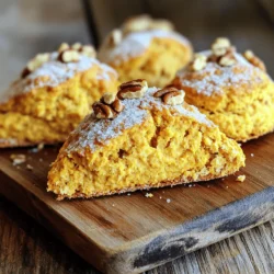 Here are the ingredients you need for pumpkin spice scones: - 2 cups all-purpose flour - 1/2 cup granulated sugar - 1 tablespoon baking powder - 1 teaspoon ground cinnamon - 1/2 teaspoon ground ginger - 1/4 teaspoon ground nutmeg - 1/4 teaspoon ground cloves - 1/2 teaspoon salt - 1/2 cup unsalted butter, cold and cubed - 1/2 cup canned pumpkin puree - 1/4 cup heavy cream - 1 large egg - 1 teaspoon vanilla extract - Optional: 1/4 cup chopped pecans or walnuts - Optional: Coarse sugar for sprinkling on top Each ingredient plays a key role. The flour gives structure, while sugar adds sweetness. Baking powder helps the scones rise. The spices bring warm, fall flavors. Cold butter creates a flaky texture, and pumpkin puree keeps them moist. Heavy cream and egg bind everything together, making a rich dough. You can add nuts for crunch. A sprinkle of coarse sugar on top gives a sweet finish. This combination makes every bite delightful. For the full recipe, check the section below. 1. Preheat your oven to 400°F (200°C). Line a baking sheet with parchment paper. 2. In a large bowl, whisk together: - 2 cups all-purpose flour - 1/2 cup granulated sugar - 1 tablespoon baking powder - 1 teaspoon ground cinnamon - 1/2 teaspoon ground ginger - 1/4 teaspoon ground nutmeg - 1/4 teaspoon ground cloves - 1/2 teaspoon salt 3. Add 1/2 cup of cold, cubed unsalted butter to the dry mix. Cut it in until the mix looks like coarse crumbs. 1. In a separate bowl, mix together: - 1/2 cup canned pumpkin puree - 1/4 cup heavy cream - 1 large egg - 1 teaspoon vanilla extract 2. Pour this wet mix into the dry ingredients. Add in nuts if you want to. Stir gently until just combined, but don’t overmix. 1. Turn the dough onto a lightly floured surface. Shape it into a circle about 1 inch thick. 2. Cut into wedges or use a biscuit cutter for nice shapes. 3. Place the scones on the baking sheet, leaving space between them. You can sprinkle coarse sugar on top for extra crunch. 4. Bake for 15-20 minutes. They are done when golden brown and a toothpick comes out clean. Enjoy making these delightful pumpkin spice scones! For the complete details, check the Full Recipe. Using cold butter is key to great scones. Cold butter helps create flaky layers. When the butter melts in the oven, it steams and puffs the dough. This gives you that light and airy texture that makes scones special. Make sure your butter is cold and cut into small cubes. Preventing overmixing is also important. When you mix too much, the scones become tough. After adding the wet ingredients, stir gently. Only mix until you see no dry flour. This keeps the scones tender and soft. Pumpkin spice scones pair well with many toppings. A dollop of whipped cream or a smear of butter enhances their flavor. You can also add a drizzle of maple syrup for some sweetness. For drinks, try serving them with coffee or chai tea. These warm beverages match the cozy fall flavors of the scones. Hot apple cider is another great option. It brings out the pumpkin spice notes beautifully. You can swap ingredients for dietary needs. If you need gluten-free scones, use a gluten-free flour blend. For dairy-free options, substitute coconut cream for heavy cream. You can also change up the flavors. Adding chocolate chips gives a sweet twist. Dried cranberries add a tart contrast. Try nuts like pecans for extra crunch. These variations make the scones fun and unique. For the full recipe, check out the details above. {{image_2}} You can easily change the flavor of pumpkin spice scones. Add spices like cardamom or allspice. These spices give a warm and cozy touch. You could also mix in different nuts or seeds. Chopped pecans or walnuts add a nice crunch. Try sunflower seeds or pumpkin seeds for a different twist. Each addition brings a unique flavor to the scones. If you need gluten-free pumpkin spice scones, swap the all-purpose flour with a gluten-free blend. Many brands offer good options that work well in baking. For vegan scones, replace the heavy cream with almond milk or coconut cream. Use a flax egg instead of a regular egg. This option keeps your scones tasty while meeting dietary needs. Make your scones festive with fun add-ins. Dried fruits, like cranberries or apricots, can add a sweet surprise. You could also sprinkle some chocolate chips for a treat. For a seasonal touch, use caramel sauce or maple glaze on top. These ideas make your scones perfect for sharing at holiday events. To keep your pumpkin spice scones fresh, store them in an airtight container. This helps maintain their soft texture. Make sure to let them cool completely before placing them in the container. If they are still warm, they may become soggy. You can store them at room temperature for up to two days. For longer storage, put them in the fridge. Scones stay fresh for about a week in the fridge. You can freeze scones before or after baking. To freeze before baking, shape the dough and cut it into wedges. Place the wedges on a baking sheet and freeze them until solid. After that, transfer them to a freezer bag. They can stay frozen for up to three months. When you want to bake them, preheat your oven and bake from frozen, adding a few extra minutes to the time. To freeze baked scones, let them cool first. Wrap each scone in plastic wrap, then place them in a freezer bag. This keeps them fresh and prevents freezer burn. Thaw baked scones overnight in the fridge or at room temperature for a few hours. To reheat scones, the best method is using the oven. Preheat your oven to 350°F (175°C). Place the scones on a baking sheet and cover them loosely with foil. Heat for about 10 minutes. This keeps them warm without making them soggy. You can also use a microwave, but it may make them soft. If you use the microwave, heat them in short bursts. Check them often so they don’t become too chewy. Enjoy your scones warm for the best taste! How do I know when my scones are done? You can tell scones are done when they turn golden brown. Insert a toothpick into a scone; it should come out clean. If it has wet dough, bake for a few more minutes. Keep an eye on them to avoid overbaking. Can I make the dough ahead of time? Yes, you can make the dough ahead. Wrap it in plastic wrap and place it in the fridge. Use it within 24 hours for the best results. When you are ready to bake, let the dough rest for a few minutes before shaping. Can I use fresh pumpkin instead of canned? Yes, you can use fresh pumpkin. Just cook and puree it until smooth. Make sure to drain any excess water to keep the dough from being too wet. This will help your scones stay light and fluffy. What can I replace for heavy cream? You can replace heavy cream with whole milk or almond milk. If you want a thicker texture, use coconut cream. Each option adds a unique flavor but keeps your scones delicious. How can I get a flaky texture in my scones? To achieve a flaky texture, use cold butter. Cut it into the flour until it resembles crumbs. Avoid overmixing the dough; mix just until combined. This keeps the air pockets needed for fluffiness. Why are my scones dense? Dense scones often result from overmixing or using too much liquid. Ensure you measure ingredients correctly and mix gently. Using cold ingredients helps create the light texture we love in scones. To make delicious pumpkin spice scones, we covered key ingredients, clear steps, and helpful tips. You learned how to mix dry and wet elements for the best flavor. We also explored fun variations and proper storage methods. Remember, baking is a skill you can improve with practice. Enjoy your scones, and share them with friends or family. Making scones can be a joyful experience. Happy baking!