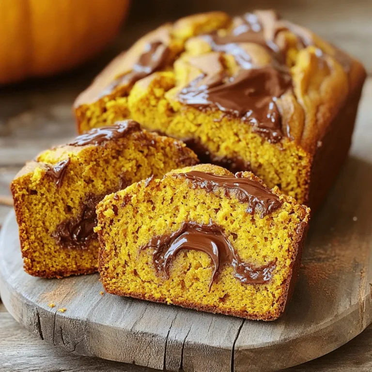 - 1 ½ cups all-purpose flour - 1 teaspoon baking soda - ½ teaspoon baking powder - ½ teaspoon salt - 1 teaspoon ground cinnamon - ½ teaspoon ground nutmeg - ½ teaspoon ground ginger - 1 cup pumpkin puree - ¾ cup granulated sugar - ½ cup brown sugar, packed - ½ cup vegetable oil - 2 large eggs - 1 teaspoon vanilla extract - ½ cup Nutella (or more for extra filling) 1. All-purpose flour: This is the base of our bread. It gives the bread its structure. 2. Baking soda: This helps the bread rise. It reacts with acid in the pumpkin. 3. Baking powder: This adds more lift. It works well with baking soda. 4. Salt: Salt enhances all flavors. It balances the sweetness in the bread. 5. Ground cinnamon: This adds warmth and spice. It makes your bread smell amazing. 6. Ground nutmeg: Nutmeg brings a cozy, sweet flavor. It pairs well with pumpkin. 7. Ground ginger: Ginger gives a nice kick. It adds a little heat to the bread. 8. Pumpkin puree: This is the star of the recipe. It keeps the bread moist and flavorful. 9. Granulated sugar: This sweetens the bread. It helps create a nice crust. 10. Brown sugar: Brown sugar adds moisture and a slight caramel flavor. 11. Vegetable oil: Oil keeps the bread tender. It helps with the moist texture. 12. Eggs: Eggs bind the ingredients. They also help the bread rise. 13. Vanilla extract: This adds a sweet, rich flavor. It rounds out the taste of the bread. 14. Nutella: This creamy chocolate-hazelnut spread is the best part! It makes the bread indulgent. - All-purpose flour: You can use whole wheat flour for a nuttier taste. - Granulated sugar: Coconut sugar works well if you want a lower glycemic index. - Vegetable oil: You can use melted coconut oil for a different flavor. - Eggs: Flax eggs or applesauce can replace eggs for a vegan option. - Nutella: Try peanut butter or almond butter for a different filling. First, gather all your ingredients. Measure 1 ½ cups of all-purpose flour. Next, add 1 teaspoon of baking soda, ½ teaspoon of baking powder, and ½ teaspoon of salt. Mix in 1 teaspoon of ground cinnamon, ½ teaspoon of ground nutmeg, and ½ teaspoon of ground ginger. Whisk these dry ingredients together in a medium bowl. In a large bowl, combine 1 cup of pumpkin puree, ¾ cup of granulated sugar, and ½ cup of packed brown sugar. Pour in ½ cup of vegetable oil, add 2 large eggs, and 1 teaspoon of vanilla extract. Mix these wet ingredients until smooth. Now, slowly add the dry mix to the wet mix. Stir just until combined, but do not overmix. This will help keep your bread soft and moist. Take your prepared loaf pan and pour half of the batter into it. Smooth the batter evenly across the bottom. Now, use a spoon to create a well in the center of the batter. This is where the magic happens! Generously fill the well with ½ cup of Nutella. Feel free to add more for a richer taste. Pour the remaining batter on top of the Nutella layer. Smooth it out again. For an extra touch, you can swirl a knife through the top layer. This creates a beautiful marble effect with the Nutella. Preheat your oven to 350°F (175°C). Once the oven is ready, bake the bread for 60-70 minutes. To check if it's done, insert a toothpick into the center. It should come out clean. After baking, let the bread cool in the pan for 10 minutes. Then, transfer it to a wire rack to cool completely. For the best presentation, slice the pumpkin bread warm. Drizzle a little melted Nutella on top and sprinkle with cinnamon. Enjoy this delightful treat! For the full recipe, check the details above. One big mistake is overmixing the batter. This can make your bread tough. Mix just until the dry ingredients blend in. Another common error is not greasing the pan well. This can cause the bread to stick. Always use a good amount of grease or line it with parchment paper. Finally, don’t forget to check the cooking time. Each oven is different. A toothpick should come out clean when it’s ready. To get soft and moist bread, use fresh pumpkin puree. Canned pumpkin works too, but check the label. Choose one with no added ingredients. Adding oil helps keep the bread moist. You can use applesauce instead for a lighter texture. Let the batter sit for a few minutes before baking. This helps the flavors meld together. You can add nuts for a crunchy bite. Walnuts or pecans work great. If you love chocolate, try adding chocolate chips along with Nutella. Another idea is to add a touch of vanilla extract for a warm flavor. You can also sprinkle a little sea salt on top before baking. This will enhance the sweetness of the Nutella. For the full recipe, check the earlier section. {{image_2}} While Nutella is a fantastic choice, you can experiment with other fillings. Try peanut butter for a nutty twist. You could also use cream cheese for a tangy flavor. If you enjoy fruit, add apple butter or even a layer of chocolate chips. This keeps your bread fun and fresh! Spices make your pumpkin bread special. Besides cinnamon, nutmeg, and ginger, you can add cardamom for warmth. Cloves add a sweet and spicy note. For a bit of heat, try adding a pinch of cayenne pepper. Mixing spices can create unique flavors that surprise your taste buds. You can make this pumpkin bread gluten-free by using almond or coconut flour. Make sure to adjust the amount for the right texture. For a vegan version, replace eggs with flaxseed meal or applesauce. Use a plant-based oil instead of vegetable oil. These options keep the bread delicious while catering to your dietary needs. For the full recipe, check out the detailed guide above. To keep your Nutella stuffed pumpkin bread fresh, wrap it well. Use plastic wrap or aluminum foil. If you have a large piece, place it in an airtight container. This helps prevent it from drying out. Store it at room temperature for up to three days. For longer storage, the fridge is a good option. Freezing is a great way to save your pumpkin bread. First, let it cool completely. Then, wrap it tightly in plastic wrap. You can also use freezer bags. Be sure to remove as much air as possible. Label the bag with the date. Your bread can last up to three months in the freezer. When you’re ready to enjoy your pumpkin bread, reheating is simple. For the best taste, use the oven. Preheat it to 350°F (175°C). Unwrap the bread and place it on a baking sheet. Heat for about 10-15 minutes. If you want, you can also use a microwave. Heat it in short bursts, about 10-15 seconds at a time. This way, it warms up without getting tough. Enjoy your warm slices with a drizzle of Nutella! You can find the full recipe for Nutella stuffed pumpkin bread above. Nutella stuffed pumpkin bread lasts about 3 to 5 days when stored right. Keep it in an airtight container at room temperature. If you want it to last longer, you can refrigerate it for up to a week. Just remember, it tastes best fresh! Yes, you can use homemade pumpkin puree! Just make sure it is thick and not too watery. To make it, roast fresh pumpkin and blend it until smooth. This gives your bread a fresh taste and adds a personal touch. To slice pumpkin bread well, wait until it is completely cool. Use a sharp knife for clean cuts. I like to slice it into thick pieces for a hearty bite. If you want to make it extra special, warm the bread in the microwave for a few seconds before serving. This makes the Nutella inside gooey and even more delicious. You can find the full recipe above to enjoy this delightful treat! You learned about making Nutella Stuffed Pumpkin Bread. We covered essential ingredients, prep steps, and baking tips. I shared ways to avoid common mistakes and achieve the best texture. You also explored delicious variations, storage methods, and answered key FAQs. This bread is simple but rich in flavor. Enjoy creating your own version!