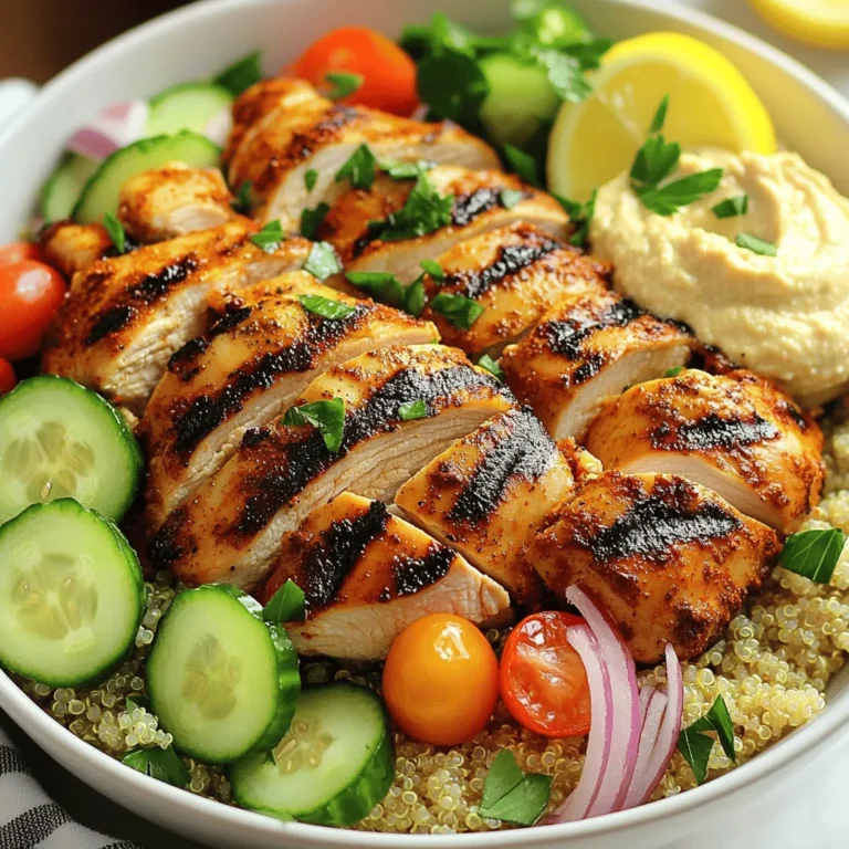 For a great Chicken Shawarma Bowl, you need a few key ingredients. Here’s what you will need: - 1 lb boneless, skinless chicken thighs - 3 tablespoons olive oil - 2 tablespoons plain yogurt - 1 large cucumber, diced - 1 cup cherry tomatoes, halved - 1 medium red onion, finely sliced - 1 cup cooked quinoa or couscous - ½ cup hummus - Fresh parsley, chopped (for garnish) - Lemon wedges (for serving) The spices make this dish special. Here are the spices you need for the marinade: - 2 teaspoons ground cumin - 2 teaspoons ground coriander - 1 teaspoon ground paprika - 1 teaspoon ground turmeric - 1 teaspoon garlic powder - 1 teaspoon onion powder - Salt and pepper to taste Mixing these spices with olive oil and yogurt gives the chicken a rich flavor. Marinating the chicken is key to making it tender and juicy. Fresh produce adds color and crunch. For the veggies, you will need: - 1 large cucumber, diced - 1 cup cherry tomatoes, halved - 1 medium red onion, finely sliced - Fresh parsley, chopped (for garnish) - Lemon wedges (for serving) These fresh ingredients bring brightness to the bowl and balance the spices. They also add a nice texture to each bite. For the full recipe, check out the complete guide! Start by making the marinade. In a large bowl, mix together olive oil, yogurt, cumin, coriander, paprika, turmeric, garlic powder, onion powder, salt, and pepper. This mix adds flavor and moisture to the chicken. Cut the chicken thighs into large pieces, then add them to the marinade. Stir well to coat every piece. Cover the bowl and place it in the fridge. Marinate for at least one hour. For the best taste, let it sit overnight. You can cook the marinated chicken on a grill or in a skillet. If you choose the grill, heat it to medium-high. Remove the chicken from the marinade and place it on the grill. Cook each side for about 6-7 minutes. Check the internal temperature; it should reach 165°F (75°C) for safety. If you prefer using a skillet, heat some olive oil over medium-high heat. Add the chicken pieces and cook them for the same time as on the grill. Both methods work well, but grilling gives a smokier taste. Once the chicken is cooked, take it off the heat and let it rest for a few minutes. Then, slice it into strips for your bowls. To build your bowls, start with a base of cooked quinoa or couscous. Place the sliced chicken on top. Then add diced cucumber, halved cherry tomatoes, and sliced red onion. Next, add a generous scoop of hummus to the side. This creamy dip pairs nicely with the chicken. Finish by garnishing with chopped parsley. Squeeze fresh lemon juice over the top for a bright taste. Enjoy your Chicken Shawarma Bowls! For the complete recipe, check out the Full Recipe section. To enhance the taste of your chicken shawarma bowls, use fresh herbs. Fresh parsley or cilantro adds a bright touch. You can also use a squeeze of lemon juice to lift the flavors. A pinch of smoked paprika gives a nice depth. If you like it spicy, add a dash of cayenne pepper. To keep things interesting, try adding a dollop of tzatziki or garlic sauce on top. These small changes can make a big difference in flavor. Cooking chicken thighs just right matters. Grill them for about 6-7 minutes on each side. Make sure they reach an internal temperature of 165°F (75°C). If you use a skillet, watch closely to prevent burning. If you cut into the chicken too soon, juices will escape. Letting the chicken rest for a few minutes helps keep it juicy. This way, you get tender and flavorful chicken every time. When serving chicken shawarma bowls, presentation counts. Start with a colorful base of quinoa or couscous. Layer sliced chicken, diced cucumber, and cherry tomatoes on top. Use a generous scoop of hummus for creaminess. Garnish with fresh parsley for a pop of color. You can also add pita chips for crunch. For a fun touch, serve extra lemon wedges on the side. This makes it easy for guests to customize their bowls. You can find the full recipe to guide your cooking. {{image_2}} You can switch the chicken for other meats. Try beef, lamb, or turkey. Each choice brings its own unique taste. For beef, use flank steak or sirloin. For lamb, go with shoulder or leg cuts. Marinate them just like you do with chicken. Cook until tender and juicy. For a meat-free choice, try using chickpeas or falafel. Both options work well in shawarma bowls. Use canned chickpeas for ease or cook your own. Roast them with spices for extra flavor. For falafel, you can buy pre-made or make your own from scratch. Serve with the same toppings for a hearty meal. If you need a gluten-free meal, skip the couscous. Instead, use quinoa or rice as a base. Both add great texture and are naturally gluten-free. Check your hummus too; some brands contain gluten. Make sure to read labels or opt for homemade. This way, you enjoy your meal without worry. For the complete recipe, be sure to check the Full Recipe section. To store your Chicken Shawarma Bowls, let them cool down first. Use airtight containers to keep them fresh. You can store the chicken and toppings separately to keep everything fresh. This helps maintain the flavors and textures. In the fridge, they last about 3 to 4 days. You can freeze the Chicken Shawarma for later meals. Wrap the chicken tightly in plastic wrap or foil. Place it in a freezer bag or container. This keeps it fresh for up to 3 months. Just remember to label the bag with the date. When you're ready to eat, thaw it overnight in the fridge. To reheat your Chicken Shawarma, use the oven or stovetop for the best results. If using the oven, preheat it to 350°F (175°C). Place the chicken on a baking sheet and cover it with foil. Heat for about 15-20 minutes. If using the stovetop, warm it in a skillet over medium heat. Add a splash of water to keep it moist. This helps the flavors come back to life. Enjoy your meal just like the first time! You can serve Chicken Shawarma Bowls with many tasty sides. Here are some ideas: - Pita bread or naan for a soft bite - A simple salad with greens and lemon - Pickled vegetables for a tangy crunch - Tzatziki or garlic sauce for extra flavor - Rice or couscous if you want a heartier meal These options will add variety and enhance your meal. Each side complements the spices in the chicken well. You can store Chicken Shawarma Bowls in the fridge for about 3 to 4 days. Make sure to keep them in an airtight container. This keeps the flavors fresh and the chicken safe to eat. Always check if the chicken looks or smells off before consuming. Yes, you can make Chicken Shawarma Bowls in advance! I recommend marinating the chicken the night before. You can also prepare the quinoa or couscous ahead of time. Just assemble the bowls when you are ready to serve. This way, you save time and have a delicious meal ready to go. For the full recipe, check the earlier section. In this post, we explored the key ingredients for chicken shawarma bowls and effective cooking methods. We discussed marinating, grilling, and skillet options, along with tips to enhance flavor. You learned about different protein types and how to store leftovers properly. Each step helps create a delicious meal for any occasion. Keep these tips in mind. They will help you impress your guests or enjoy a tasty dinner at home. Enjoy your cooking adventure with chicken shawarma bowls!