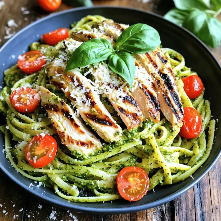 To make this dish, you need a few key items: - Chicken Breasts - Pasta Options: I suggest fettuccine or penne. - Pesto Sauce Types: Use fresh basil pesto or store-bought. These ingredients create a nice balance of flavors. The chicken adds protein, while the pasta gives you a hearty base. Pesto brings that fresh, herby taste that truly shines. You can also enhance your dish with these optional ingredients: - Vegetables: Think cherry tomatoes or spinach for color. - Seasonings: Add extra garlic or crushed red pepper for a kick. - Cheese Variations: Try mozzarella or goat cheese for a different flavor. Feel free to mix and match these options. They can make your meal even more exciting. I love adding fresh veggies to boost nutrition and taste. Each addition makes your plate unique and yummy. For the full recipe, check out the details above. Grilling Instructions You want to start by preheating your grill to medium-high heat. This step is key for a perfect finish. Brush the chicken breasts with olive oil. This helps add flavor and keeps the meat moist. Sprinkle garlic powder, salt, and pepper on both sides. This simple seasoning brings out the chicken's natural taste. Grill the chicken for about 6-7 minutes per side. Check that the internal temperature hits 165°F (75°C). This ensures it's fully cooked. After grilling, let the chicken rest for 5 minutes before slicing. This resting time keeps the juices in. Seasoning Tips Feel free to mix up the spices. Try adding a dash of smoked paprika or lemon zest for a twist. Both flavors work well with chicken. Always taste your seasoning before grilling. Adjusting it can make a big difference in flavor. Water Boiling Techniques Fill a large pot with water and add a generous pinch of salt. This helps flavor the pasta as it cooks. Bring the water to a rolling boil before adding the pasta. Once boiling, add the pasta and stir it gently. This keeps it from sticking together. Timing for Al Dente Check the package for cooking time. Most pasta takes about 8-12 minutes. Al dente means the pasta should be firm when bitten. Start tasting a minute or two before the time is up. Drain the pasta but save 1/2 cup of the cooking water. This starchy water can help mix later. Mixing Pasta with Pesto In a large mixing bowl, toss the hot pasta with the fresh basil pesto. The heat from the pasta will help the pesto coat it smoothly. If it feels dry, add some of the reserved pasta water. Do this slowly until you reach the desired creaminess. Adding Vegetables and Cheese Gently fold in halved cherry tomatoes and grated Parmesan cheese. The tomatoes add a fresh burst of flavor. The cheese gives a rich finish to the dish. Finally, slice the grilled chicken and arrange it on top of the pasta. You can garnish with fresh basil leaves and extra cheese if you like. Enjoy the burst of flavors in every bite! For the full recipe, check out the recipe section above. Temperature Control To grill chicken well, aim for medium-high heat. This helps cook the chicken evenly. Preheating your grill is key. It ensures a nice sear on the outside while keeping the inside juicy. Use a meat thermometer to check if it reaches 165°F (75°C). This keeps the chicken safe and tasty. Checking Doneness After grilling, let the chicken rest for five minutes. This step helps the juices redistribute. To check for doneness, cut into the thickest part. If the juices run clear, it's ready. If not, put it back on the grill for a few more minutes. Additional Herbs You can boost the flavor of your dish with more herbs. Try adding parsley, thyme, or even a dash of oregano. Fresh herbs make a big difference. They add brightness and depth to each bite. Alternative Sauces While pesto is the star, you can mix it up. Consider using a sun-dried tomato sauce or a creamy Alfredo. Both options add a new twist to your meal. They can change the whole vibe of the dish. Plate Presentation Presentation matters! Serve your pasta in a large bowl or on individual plates. Top it with sliced chicken, fresh basil, and a sprinkle of Parmesan. This makes the dish look inviting and delicious. Complementary Side Dishes Pair your pasta with a light salad or garlic bread. A green salad with a lemon vinaigrette balances the richness of the pasta. Garlic bread adds a crunchy touch. Both sides are easy to prepare, making your meal complete. For the full recipe, check out the details above! {{image_2}} You can switch up the protein in your grilled chicken pesto pasta. Shrimp adds a light flavor. Just grill it like the chicken. You can also try tofu for a vegetarian option. It soaks up the pesto well. If you want to keep using chicken, try different cuts. Thighs can add more flavor. You can also use rotisserie chicken for a quick meal. Just shred it and mix it with the pasta. Not everyone can eat regular pasta. You can use gluten-free pasta if needed. There are many options like rice or chickpea pasta. They taste great with pesto too. Whole wheat pasta is another good choice. It adds fiber and a nutty taste. Veggie pasta made from spinach or zucchini is fun and colorful. It can make your dish more nutritious. Pesto can change the whole dish. Try sun-dried tomato pesto for a twist. It gives a rich, tangy flavor. You can make it at home or buy it. Spinach and kale pesto is a healthy option too. It packs in nutrients and has a vibrant color. Blend fresh spinach or kale with nuts and olive oil for a tasty version. For the full recipe, check out the earlier section. To keep your grilled chicken pesto pasta fresh, start with refrigeration. Place any leftovers in a tightly sealed container. Make sure to cool the pasta to room temperature before sealing. Store it in the fridge for up to three days. For longer storage, you can freeze the pasta. Use freezer-safe containers or bags. Try to remove as much air as possible. It can last up to three months in the freezer. When you are ready to eat, thaw it in the fridge overnight before reheating. When reheating, keep it simple. The microwave works well for quick meals. Place the pasta in a microwave-safe dish, cover it, and heat it in short bursts. Stir every minute to ensure even heating. If you prefer the oven, preheat it to 350°F (175°C). Place the pasta in an oven-safe dish. Cover it with foil to keep it moist. Bake for about 15-20 minutes or until hot throughout. In the fridge, grilled chicken pesto pasta lasts about three days. If you notice any off smells or changes in texture, it's best to toss it. Signs of spoilage include mold, a sour smell, or any change in color. Always trust your senses. When in doubt, throw it out. To make grilled chicken pesto pasta easier, focus on meal prep. You can cook the chicken and pasta ahead of time. Store them in the fridge. This way, you will save time on busy days. - Cook Extra Chicken: Grill more chicken than you need. Use leftovers in wraps or salads. - Prep Pesto in Advance: If you make homemade pesto, store it in the fridge. It stays fresh for about a week. - Use Quick-Cooking Pasta: Choose pasta that cooks in under 10 minutes. This saves time during busy weeknights. Yes, you can use store-bought pesto. It is a great time-saver. However, homemade pesto often tastes fresher. Homemade pesto has bright flavors from fresh herbs. Store-bought versions can vary in quality and taste. - Store-Bought Pros: Easy to find, quick to use, and often less expensive. - Homemade Pros: You control the ingredients. You can adjust the flavor to your liking. It can be a fun cooking project. Pair grilled chicken pesto pasta with great side dishes. A fresh salad works well. Try a simple green salad with lemon vinaigrette. Garlic bread is another tasty option. It complements the pasta nicely. - Ideal Side Dishes: - Mixed greens with cherry tomatoes - Roasted vegetables - Garlic bread - Beverage Suggestions: - A chilled white wine like Pinot Grigio - Sparkling water with lemon - Iced tea for a refreshing drink For more tips, check out the Full Recipe for grilled chicken pesto pasta. Grilled Chicken Pesto Pasta combines simple ingredients for a tasty meal. Use chicken, pasta, and your favorite pesto to create a quick dish. Don't forget optional add-ins like veggies or cheese for extra flavor. Follow the steps for prepping and cooking to achieve perfect results. In the end, this dish is versatile. You can change proteins and sauces easily. With smart storage and reheating tips, leftovers can be enjoyed later. Now, you have all the tools to make a delightful meal any time!