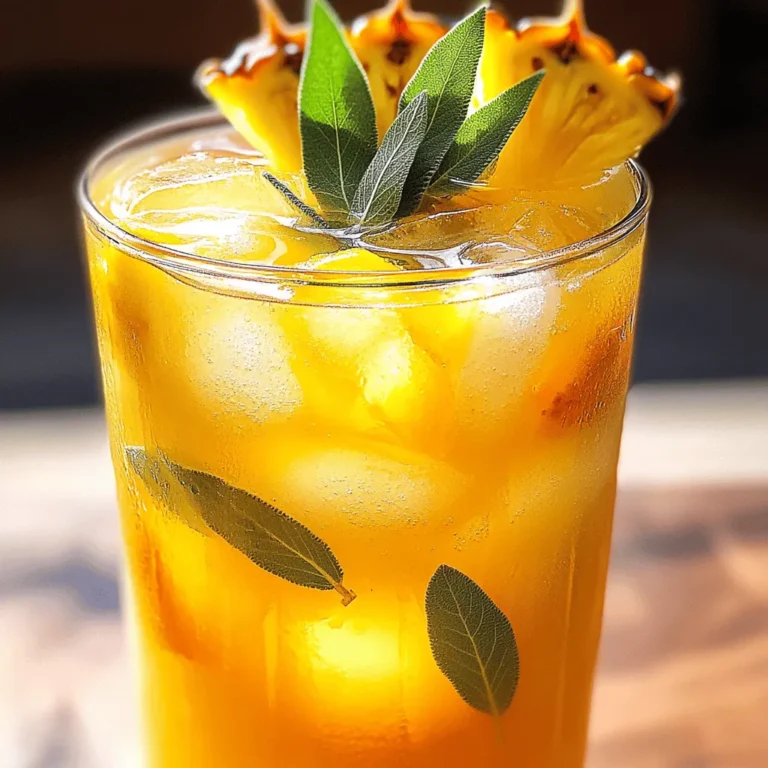 - 2 cups fresh pineapple chunks - 1/2 cup fresh lemon juice (about 4 lemons) - 1/4 cup honey or agave syrup - 1 cup fresh sage leaves Pineapple sage lemonade starts with bright, fresh ingredients. I love using ripe pineapple for the best flavor. You can chop the pineapple into chunks to blend easily. The lemon juice adds a zesty kick. Freshly squeezed juice is key for bright taste. Adding honey or agave syrup balances the tartness. Adjust this to your taste. Fresh sage leaves bring a unique flavor. They have a sweet, earthy taste that pairs well with pineapple. - 4 cups water - Ice cubes Water is the base of the drink. You will need four cups for blending and steeping. Don’t forget the ice cubes! They make the drink cold and refreshing. - Extra sage leaves for garnish - Pineapple slices for garnish Garnishing is fun and adds flair. Extra sage leaves look lovely on top. Pineapple slices also make the drink more inviting. They give a tropical vibe. When serving, these little touches make your drink pop! For the full recipe, check out the details above. Start by gathering your fresh pineapple chunks, lemon juice, honey or agave, and water. In a blender, combine these ingredients. Blend until smooth. This step makes the base for your tasty drink. The pineapple should turn into a liquid. Next, take a medium saucepan. Add 3 cups of water and bring it to a boil. Once boiling, drop in the fresh sage leaves. Turn the heat down to simmer. Let it steep for about 10 minutes. This process releases the sage's flavor into the water. After steeping, strain the sage water into a large pitcher. Discard the sage leaves. Now, pour the blended pineapple mixture into the pitcher. Stir well to combine both mixtures. Taste your lemonade. You can adjust the sweetness by adding more honey or agave if desired. Chill your lemonade in the fridge for at least 30 minutes. This lets the flavors meld. When ready to serve, fill glasses with ice cubes. Pour the pineapple sage lemonade over the ice. Garnish with extra sage leaves and pineapple slices for a lovely touch. For the complete recipe, check the [Full Recipe]. To adjust the sweetness of your lemonade, start with honey or agave. You can use a quarter cup, but taste as you go. If it’s not sweet enough, add a bit more. If it's too sweet, add more lemon juice or water to balance it. This way, you can make a drink just right for your taste. For a smooth consistency, blend the pineapple chunks and liquid well. Make sure your blender is powerful enough to break down the pineapple fully. If you see any chunks, blend a bit longer. You can also add water in small amounts while blending. This helps create the perfect texture. To enhance flavors, try adding herbs or fruits. Mint can add a cool touch. You could also mix in some strawberries or mango for a fruity kick. Experiment with adding a little lime juice for more tartness. This can make your drink even more refreshing and fun. For the full recipe, check the relevant section above! {{image_2}} You can give your Pineapple Sage Lemonade a tropical twist. Try adding coconut water for a creamy texture. You can also mix in other fruits like mango or passion fruit. These fruits add sweetness and flavor. Experiment with different combinations to find your favorite mix. You can introduce other herbs to your drink too. Mint adds a cool flavor, while basil gives a sweet touch. Just like sage, these herbs work well with pineapple and lemon. You can muddle the herbs before adding them to the mix. This lets the flavors shine through even more. If you want a fizzy drink, turn your lemonade into a sparkling version! After chilling, pour your lemonade over ice and add sparkling water or soda. This will give your drink a refreshing buzz. It’s perfect for summer parties or a sunny afternoon. For the full recipe, check out the [Full Recipe]. Store leftover pineapple sage lemonade in a covered pitcher. This keeps it fresh. Place it in the fridge. It will stay good for up to three days. Make sure to stir it before serving. The flavors can settle a bit. You can freeze this lemonade for later. Pour it into ice cube trays. Once frozen, transfer the cubes to a freezer bag. This way, you can enjoy a cool drink anytime. Just add the cubes to water or soda for a quick treat. Pineapple sage lemonade lasts about three days in the fridge. If frozen, it can last for up to three months. The taste may change after thawing, but it will still be refreshing. Always check for any off smells or colors before consuming. Enjoy your drink while it’s at its best! Pineapple sage is an herb with a sweet, fruity scent. It has bright green leaves and grows easily. When you crush its leaves, you smell a hint of pineapple. This makes it perfect for drinks like pineapple sage lemonade. It adds a unique flavor that pairs well with lemon. You can also use it in savory dishes, desserts, or teas. The flavor is refreshing and bright, making it a favorite in summer recipes. You can use bottled lemon juice, but fresh is best. Fresh lemon juice tastes brighter and more vibrant. Bottled juice may have preservatives that change the flavor. If you're in a hurry, bottled juice works as a quick fix. Just make sure to taste it. If it tastes flat, add a little more honey or sage to boost the flavor. Fresh juice gives your lemonade a better taste and quality. To make this recipe vegan, swap honey for agave syrup. Agave syrup is a great choice since it is plant-based. You can use the same amount as honey in the recipe. This keeps the drink sweet while making it vegan-friendly. You can also try maple syrup for a different flavor. Just remember to adjust the sweetness to your liking. This way, everyone can enjoy pineapple sage lemonade! For the full recipe, check out the [Full Recipe]. In this blog post, we explored a refreshing pineapple sage lemonade recipe. You learned about the fresh ingredients, liquid components, and garnish options. I provided step-by-step instructions on preparing, infusing, and combining flavors. Tips and tricks helped fine-tune sweetness and texture. We also discussed fun variations, proper storage, and answered common questions. This drink is easy to make and offers a twist on lemonade. Enjoy it on hot days or share it with friends for something special. Happy mixing!