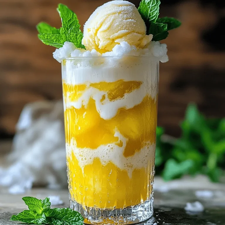 To make this tasty Coconut Pineapple Soda Float, gather these ingredients: - 1 cup coconut milk - 1 cup fresh pineapple juice - 2 cups sparkling water or lemon-lime soda - 2 cups pineapple sorbet - 1 tablespoon honey (optional, for sweetness) - Fresh mint leaves for garnish - Crushed ice (optional) These simple ingredients create a fun and refreshing drink for hot days. You can add a few fun twists to your float. Try these optional items: - A splash of lime juice for a zesty kick - Coconut flakes for extra texture - A few maraschino cherries on top These additions can enhance the flavor and make your float even more exciting. Garnishes make your float look great and add flavor. Here are some ideas: - Fresh mint leaves for a bright touch - Slices of fresh pineapple for a tropical vibe - A drizzle of honey for extra sweetness These garnishes will make your Coconut Pineapple Soda Float not only taste good but also look beautiful. For the full recipe, check out the complete instructions. Start by mixing the coconut milk and fresh pineapple juice. Use a large bowl for this. If you like it sweeter, add honey. Whisk the mixture until it blends well. This base will add rich flavor to your float. Grab a tall glass. If you want, add crushed ice at the bottom. Pour in half of the coconut-pineapple mixture. Then, add 1-2 big scoops of pineapple sorbet on top. Next, slowly pour in sparkling water or lemon-lime soda. Watch it fizz! Fill the glass with more of the coconut-pineapple mix. Top it off with another scoop of sorbet for fun. Finally, add fresh mint leaves for a nice touch. Serve this float right away for the best taste. It looks great and tastes even better. You can enjoy it at a summer party or just on a hot day. If you want, pair it with some tropical snacks. For the full recipe details, check the earlier section. To get that perfect fizz, use chilled sparkling water or soda. Cold drinks hold bubbles better. Pour slowly to keep the fizz alive. If you pour too fast, you lose the bubbles, and that’s no fun. Always choose a clear glass to show off the layers. Layering is key to a great float. Start with the coconut-pineapple mix at the bottom. Next, add a scoop of pineapple sorbet. This helps the sorbet float. Then, pour the soda gently. Avoid stirring too much. The colors will shine, and the layers stay pretty. Want to jazz up your float? Add fresh fruit slices like strawberries or blueberries. They add color and taste. You can also mix in a splash of lime juice for a zing. For a richer taste, try flavored syrups like coconut or vanilla. These tweaks make your float even more special. Check the Full Recipe for more tips! {{image_2}} You can easily turn this float into a fun adult drink. Add a splash of rum or vodka for a tropical twist. A light coconut rum works best. You get a nice blend of flavors. The alcohol adds a kick to your float. Try it at your next summer party! To make this float vegan, use a plant-based sorbet. Coconut or pineapple sorbet fits well. Replace honey with agave syrup for sweetness. This keeps the drink dairy-free and totally plant-based. Your guests will love this refreshing option! Mix up the flavors based on the season. In fall, add cinnamon or pumpkin spice for warmth. In winter, try a peppermint sorbet for a festive touch. Summer is perfect for adding fresh berries. Each season brings new tastes to explore. You can keep this float exciting all year round! If you have leftover Coconut Pineapple Soda Float, store it in the fridge. Use an airtight container to keep it fresh. The float will stay good for up to one day. The soda may lose some fizz, but the flavor will still be nice. When you’re ready to enjoy it, just give it a quick stir. If you make too much pineapple sorbet, you can freeze it. Pour the sorbet into a freezer-safe container. Cover it tightly to avoid ice crystals. Sorbet can stay frozen for about two weeks. When you want to use it, let it sit out for a few minutes. This makes scooping easier. Knowing how long your ingredients last is key. - Coconut milk can last up to a week in the fridge after opening. - Fresh pineapple juice should also be used within a week for the best taste. - Sparkling water or soda is good until the expiration date on the bottle. Using fresh ingredients makes your Coconut Pineapple Soda Float taste great. For the full recipe, check out the earlier section. Yes, you can use canned coconut milk. Canned coconut milk is thick and creamy. It gives your float a rich taste. Just make sure to stir it well before using. If you want a lighter texture, you can mix it with some water. This helps balance the flavor. The best types of soda are sparkling water or lemon-lime soda. Sparkling water adds fizz without extra sugar. Lemon-lime soda gives a sweet flavor that pairs well with coconut and pineapple. You can also try flavored sodas like ginger ale for a fun twist. Just be sure to pick one you enjoy! To make a sugar-free version, opt for sugar-free soda. You can skip the honey in the coconut-pineapple base. Instead, use a sugar substitute if you want some sweetness. Look for natural options like stevia or monk fruit. This way, you can enjoy your float without added sugar! For the full recipe, check out the Coconut Pineapple Soda Float 🥥 section. This blog post shared a fun recipe for a Coconut Pineapple Soda Float. We discussed the right ingredients, optional additions, and garnishes. I provided easy steps to make the float and tips for the best fizz. I also shared variations, storage tips, and answered common questions. Try this float at your next gathering. It’s a refreshing treat for everyone! Enjoy your delicious creation and feel free to experiment with flavors.