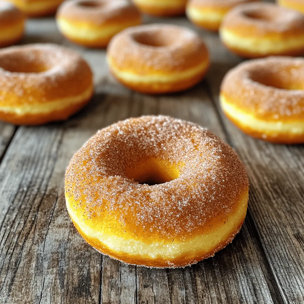 To make tasty baked pumpkin donuts, you need simple ingredients. Here’s what you will need: - 1 cup canned pumpkin puree - 1/2 cup granulated sugar - 1/2 cup brown sugar, packed - 1/4 cup vegetable oil - 2 large eggs - 1 teaspoon vanilla extract - 1 1/2 cups all-purpose flour - 1 teaspoon baking powder - 1 teaspoon baking soda - 1 teaspoon ground cinnamon - 1/2 teaspoon ground nutmeg - 1/2 teaspoon ground ginger - 1/4 teaspoon salt - 1/4 teaspoon ground cloves Each ingredient adds flavor and texture to the donuts. Canned pumpkin puree gives them a rich taste. The sugars sweeten the batter and help it rise. Vegetable oil keeps the donuts moist. Eggs act as a binder and add fluffiness. Vanilla extract provides a warm, sweet note. Flour makes up the base, while baking powder and baking soda help them rise. The ground spices create that perfect fall flavor. Salt balances the sweetness and enhances all the tastes. For the full recipe, check the details above. Enjoy making these delicious donuts! Preheating the Oven Start by preheating your oven to 350°F (175°C). This step is key for even baking. While the oven warms, lightly grease your donut pan. This helps the donuts pop out easily after baking. Combining Wet Ingredients In a large bowl, add the canned pumpkin puree, granulated sugar, brown sugar, vegetable oil, eggs, and vanilla extract. Whisk these ingredients together until smooth. This mix will give your donuts that rich pumpkin flavor. Mixing Dry Ingredients In another bowl, mix the all-purpose flour, baking powder, baking soda, ground cinnamon, ground nutmeg, ground ginger, salt, and ground cloves. Stir these dry ingredients together well. This mix adds the spice and structure to your donuts. Incorporating Dry into Wet Ingredients Gradually add the dry mix to the wet mix. Stir gently until just combined. Be careful not to overmix. A few lumps are fine. This helps keep your donuts light and fluffy. Filling the Donut Pan Spoon the batter into the prepared donut pan. Fill each cavity about 2/3 full. This allows room for the donuts to rise without spilling over. Baking Time and Temperature Place the donut pan in your preheated oven. Bake for 12 to 15 minutes. To check if they are done, insert a toothpick into the center. If it comes out clean, your donuts are ready. Cooling Instructions Let the donuts cool in the pan for about 5 minutes. Then, transfer them to a wire rack. Let them cool completely. This step ensures they maintain their shape and texture. For more details, refer to the Full Recipe for Baked Pumpkin Spice Donuts. To keep your donuts moist, mixing the batter correctly is key. Mix just until the flour is combined with the wet ingredients. Overmixing can lead to tough donuts. Aim for a smooth batter with small lumps. Baking time can vary based on your oven. Start checking for doneness at 12 minutes. If a toothpick comes out clean, your donuts are ready. If not, give them a few more minutes. Toppings can elevate your pumpkin donuts. I love rolling them in a mix of cinnamon and sugar while they’re still warm. It adds a sweet crust that complements the spices. You might also try a simple glaze made from powdered sugar and milk. Adjusting spices can help you find your perfect flavor. If you like a stronger taste, add more cinnamon or nutmeg. For a kick, consider a pinch of ground cloves. Taste the batter before baking to see if you need more spice. Using the right kitchen tools makes baking easier. A good donut pan is essential. Look for one made from non-stick material for easy release. Silicone pans can work great too, as they help prevent sticking. A whisk and mixing bowls are also important. Make sure you have a good set of measuring cups and spoons. Accurate measurements ensure your donuts turn out perfectly every time. For the full recipe, check out the Baked Pumpkin Spice Donuts section. {{image_2}} You can change the flavor of baked pumpkin donuts easily. Here are two fun ideas: - Chocolate Chip Pumpkin Donuts: Add 1 cup of chocolate chips to your batter. This mix makes the donuts sweet and rich. The chocolate pairs well with the pumpkin spice. - Maple Glazed Pumpkin Donuts: For a sweet twist, top your donuts with maple glaze. Mix 1 cup of powdered sugar with 2 tablespoons of maple syrup and 1 tablespoon of milk. Drizzle this over the cooled donuts for a sweet finish. Making these donuts for special diets is simple. Here are two tasty options: - Gluten-Free Pumpkin Donuts: Swap the all-purpose flour for 1 ½ cups of gluten-free flour. Check that your baking powder is also gluten-free. The donuts will still be soft and delicious. - Vegan Pumpkin Donuts: Replace the eggs with ½ cup of unsweetened applesauce. Use a plant-based milk instead of regular milk if you glaze them. These donuts will be just as yummy without any animal products. Serving these donuts can be fun and creative. Here are some ideas: - Pairing Ideas with Coffee or Tea: Enjoy your donuts with a warm cup of coffee or tea. The spices in the donuts taste great with a simple black coffee or a cozy chai tea. - Creative Serving Styles: Arrange the donuts on a colorful plate. You can stack them or make a donut tower. Add some fall leaves or small pumpkins around the plate for a festive look. For the full recipe, check out the steps above to bake these delicious treats! To keep your baked pumpkin donuts fresh, I suggest storing them at room temperature. Place them in a sealed container or a zip-top bag. This keeps them moist for a few days. If you want to refrigerate them, wrap each donut in plastic wrap. Then place them in an airtight container. This helps prevent them from drying out. If you have more donuts than you can eat in a few days, freezing is a great option. To freeze baked pumpkin donuts, first, let them cool completely. Then, place them in a single layer on a baking sheet. Freeze for about an hour. After that, transfer them to a freezer-safe bag or container. This method keeps them from sticking together. For reheating, just take a donut out of the freezer. Thaw it in the fridge or microwave. Heat it in the microwave for about 10-15 seconds. This makes them warm and tasty again. Baked pumpkin donuts last about 3-4 days at room temperature. In the fridge, they stay fresh for about a week. If you freeze them, they can last up to three months. Just remember to check for any signs of freezer burn when you take them out. Enjoy these delicious treats whenever you like! For the full recipe, check out the details above. You can check if your donuts are done by using a toothpick. Simply insert a toothpick into the center of a donut. If it comes out clean, your donuts are ready. If the toothpick has batter on it, bake them a bit longer. This simple test helps ensure your donuts are baked just right. Yes, you can make the batter ahead of time. Mix the wet and dry ingredients separately. Keep the wet mix in the fridge for up to two days. When you are ready to bake, combine the two mixtures and fill the donut pan. This makes it easy for busy mornings or last-minute gatherings. If you lack a donut pan, don’t worry! You can use a muffin tin instead. Just pour the batter into the muffin cups. Bake them for about 15 to 18 minutes. They will not have a hole, but they will be just as tasty. You can also shape the donuts by hand and bake them on a baking sheet. Enjoy your delicious baked pumpkin donuts, no matter the shape! This blog post covered how to make delicious pumpkin donuts from scratch. We explored essential ingredients, detailed steps for preparing and baking the donuts, useful tips, fun variations, and storage methods. In summary, these donuts are easy to make and perfect for any occasion. Don’t shy away from trying new flavors or tweaking the recipe. Enjoy your baking and treat yourself to these tasty delights!