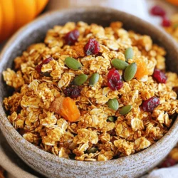 To make pumpkin pie granola, you need some key ingredients that create a rich flavor. Here’s what you will need: - 2 cups rolled oats - 1 cup pumpkin puree - 1/2 cup honey or maple syrup - 1/4 cup coconut oil, melted - 1 teaspoon vanilla extract - 1 teaspoon pumpkin pie spice - 1/2 teaspoon cinnamon - 1/2 teaspoon salt - 1/2 cup chopped nuts (e.g., pecans, almonds) - 1/2 cup dried cranberries or raisins - 1/4 cup pumpkin seeds These ingredients come together to give you a crunchy and tasty treat that’s perfect for breakfast or a snack. You can customize your granola with some fun add-ins. Here are a few ideas: - Use sunflower seeds instead of pumpkin seeds for a different crunch. - Swap out the dried cranberries for dark chocolate chips for a sweet twist. - Add shredded coconut for a tropical flavor. - Substitute maple syrup with agave nectar for a vegan option. These swaps make your granola unique and cater to your taste. Each serving of this pumpkin pie granola has a delightful mix of nutrients. Here’s what you get: - Calories: 200 - Protein: 4g - Carbohydrates: 30g - Fats: 8g - Fiber: 3g This granola provides energy and keeps you full, making it a smart choice for your morning meal. If you want the full recipe, check out the instructions to create this delicious breakfast snack. First, gather your ingredients. You need rolled oats, pumpkin puree, honey (or maple syrup), coconut oil, and some spices. Make sure you have chopped nuts and dried fruit too. Start by preheating your oven to 350°F (175°C). Line a baking sheet with parchment paper. This helps with easy cleanup later. In a large mixing bowl, combine the rolled oats, chopped nuts, pumpkin pie spice, cinnamon, and salt. Mix them well so the oats and nuts get coated with the spices. In another bowl, whisk together the pumpkin puree, honey (or maple syrup), melted coconut oil, and vanilla extract. Make sure it is smooth and mixed well. Now, pour the pumpkin mixture over the dry ingredients. Stir well until everything is coated. Then, spread the granola mixture evenly on the baking sheet. Press it down slightly to help it clump together. Place the baking sheet in the preheated oven. Bake for 25 to 30 minutes. Halfway through, stir the granola to promote even browning. Watch it closely towards the end to avoid burning. When it turns golden and has a nice smell, take it out of the oven. Let it cool completely on the baking sheet. It will harden as it cools, which is key for good clusters. To make sure your granola forms nice clusters, press it down firmly on the baking sheet before baking. This helps the oats stick together. Stir gently while baking, but not too much. If you stir too often, you will break the clusters apart. Once cooled, add in the dried cranberries or raisins and pumpkin seeds. Mix gently so you don’t break the clusters. Store your granola in an airtight container to keep it fresh. For more details, check the Full Recipe. To keep your granola fresh, store it in an airtight container. This helps prevent moisture and keeps it crunchy. I recommend using glass jars or plastic containers with tight-fitting lids. Place the container in a cool, dark spot, like your pantry. If you follow these steps, your granola can last up to two weeks. Adding mix-ins can make your granola even tastier. I like to add dried fruits or nuts after baking. This keeps them from getting too hard. You can also add chocolate chips or coconut flakes for a sweet touch. Just remember to mix them in gently to avoid breaking the granola clusters. To boost the flavor of your granola, try adding spices. A pinch of nutmeg or ginger can work wonders. You can also play with sweeteners. Maple syrup gives a nice twist compared to honey. For a savory option, sprinkle in some sea salt after baking. This balance makes every bite more enjoyable. Check out the Full Recipe for more ideas! {{image_2}} You can change this granola to fit your taste. Try adding spices like nutmeg or ginger. These spices give a warm kick that pairs well with pumpkin. If you like chocolate, mix in cocoa powder or dark chocolate chips. You can even use apple pie spice for a sweet twist. Making this granola fit your diet is easy. For a gluten-free version, use certified gluten-free oats. To make it vegan, swap honey for maple syrup or agave nectar. Choose plant-based yogurt or milk when serving. These changes keep it tasty and friendly for all diets. Serving pumpkin pie granola can be fun. Enjoy it with milk or yogurt for breakfast. You can also sprinkle it on oatmeal or smoothie bowls. For a snack, mix it with fresh fruits like bananas or apples. If you want a treat, top it on ice cream. This granola is versatile and can fit any meal. For the full recipe, check out the details above and get started on your tasty journey! To keep your pumpkin pie granola fresh, store it in an airtight container. A glass jar or plastic bin works great. Make sure the container seals well. This keeps moisture out and maintains crunchiness. You can also divide the granola into smaller portions. This makes it easy to grab for breakfast or snacks. When stored correctly, pumpkin pie granola lasts about two weeks. After this time, it may lose its crunch and flavor. Check for any signs of spoilage, like a strange smell or change in texture. If it feels soft, it's best to toss it out. You can freeze pumpkin pie granola for longer storage. Place the cooled granola in a freezer-safe bag. Remove as much air as possible before sealing it. It can last up to three months in the freezer. When you're ready to eat, simply thaw it in the fridge overnight. You can also enjoy it straight from the freezer in yogurt or milk. This keeps it fresh and tasty for a long time. No, steel-cut oats won't work as well. Steel-cut oats are thicker and take longer to cook. They will not give you that crunchy texture you want in granola. Stick to rolled oats for the best results. They blend well with the other ingredients for a perfect bake. You can use maple syrup instead of honey. Maple syrup adds a sweet flavor and keeps it vegan. Agave syrup is another option if you prefer a milder taste. Just use the same amount as honey in the recipe. To get a crunchier granola, bake it longer. Check it often to avoid burning. Also, make sure to press the mixture down before baking. This helps it clump together. Adding more nuts or seeds can also give it extra crunch. You can use pumpkin puree in many recipes! Try pumpkin bread or pumpkin muffins for a sweet treat. You can also add it to soups for a creamy flavor. Pumpkin pancakes make a fun breakfast too. The options are endless! You can find pre-made pumpkin pie granola at many grocery stores. Look in the cereal aisle or health food section. Some brands also sell it online. Check popular websites for delivery options. If you prefer, you can always make it at home using the Full Recipe. This blog post covered the key ingredients and steps for making pumpkin pie granola. You learned how to prepare, bake, and store it. Plus, I shared tips for flavor and texture, along with variations to fit different diets. Remember, customizing your granola can make it truly yours. With these simple methods, you can enjoy a tasty, healthy snack any time. Now it's your turn to make your own delicious pumpkin pie granola!