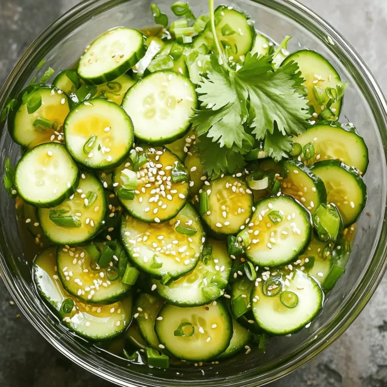 To make a delicious Asian cucumber salad, you need fresh ingredients. Each element adds a special flavor. Here is what you will need: - 4 small cucumbers, sliced thinly - 1 tablespoon salt - 2 tablespoons rice vinegar - 1 tablespoon soy sauce (low-sodium) - 1 teaspoon sesame oil - 1 tablespoon honey or maple syrup - 1 teaspoon grated ginger - 1 clove garlic, minced - 2 green onions, finely chopped - 1 tablespoon sesame seeds (toasted) - Fresh cilantro for garnish (optional) These ingredients create a fresh and crunchy salad that is perfect for any meal. The cucumbers provide a crisp texture. The dressing brings all the flavors together. Rice vinegar gives a tangy taste, while honey adds a bit of sweetness. When you mix these ingredients, you get a vibrant dish. The colors and textures make it appealing. Each bite offers a burst of flavor. You can also adjust the ingredients to suit your taste. For the full recipe, check out the detailed steps. This salad is easy to make and sure to impress. Salting Process To start, slice the cucumbers thinly. Place them in a colander and sprinkle one tablespoon of salt over them. This step is key. It draws out extra water, making the cucumbers crispier. Let them sit for about 15-20 minutes. Rinsing and Drying Once the time is up, rinse the cucumbers under cold water. Rinsing removes excess salt. After that, pat them dry with paper towels. This helps keep your salad fresh and crunchy. Combining Ingredients In a small bowl, whisk together the dressing. Use two tablespoons of rice vinegar, one tablespoon of low-sodium soy sauce, and one teaspoon of sesame oil. Add one tablespoon of honey or maple syrup for sweetness. Then, include one teaspoon of grated ginger and one clove of minced garlic. Mix well until everything is combined. Tossing Instructions In a large mixing bowl, add your dried cucumbers. Pour the dressing over them and toss gently. You want to coat all the cucumbers evenly. Letting Flavors Meld Next, add two finely chopped green onions and one tablespoon of toasted sesame seeds to the bowl. Toss again to mix everything thoroughly. For the best taste, let the salad sit for about 10 minutes. This wait allows the flavors to meld. Serve it fresh and enjoy this crispy Asian cucumber salad! For the full recipe, check out the detailed instructions. - Best Varieties for Salad I prefer using small cucumbers like Persian or English cucumbers. They are crunchy and have fewer seeds. You can also use regular cucumbers, but they should be fresh and firm. - Freshness Indicators Look for cucumbers that are smooth and shiny. They should feel firm when you squeeze them. Avoid any cucumbers with soft spots or wrinkles. These signs mean they may be past their prime. - Additional Seasonings Recommendations You can add chili flakes for heat or crushed peanuts for crunch. Try a splash of lime juice for a zesty twist. These small changes can make a big difference. - Adjusting Sweetness and Saltiness If you want a sweeter flavor, add a bit more honey or maple syrup. If it’s too sweet, a touch more soy sauce can balance it out. Taste as you go to find the right balance for you. - Serving Suggestions Serve the salad in a clear glass bowl. This lets the colors shine through. You can also use small individual bowls for a fun touch at parties. - Garnishing Ideas Sprinkle toasted sesame seeds on top for a nutty flavor. Fresh cilantro adds color and freshness. A few slices of red chili can also add a nice pop. For the full experience, check out the [Full Recipe]. {{image_2}} You can make Asian cucumber salad even better by adding protein. Tofu is a great choice for a vegetarian option. Just cube it and toss it in. If you prefer meat, thinly sliced chicken works well too. Grilled or cooked chicken adds flavor and substance. Seafood can also enhance your salad. Shrimp or crab bring a fresh taste. Cook the shrimp until pink and toss them in. For crab, use lump crab meat for a luxurious touch. These proteins add depth and make the salad a full meal. Next, let’s talk about adding other vegetables. Carrots are a fantastic choice. Shredded or thinly sliced, they add crunch and color. Bell peppers can brighten the dish too. They bring sweetness and a nice crunch. Consider adding radishes for a peppery bite. They pair well with the cucumbers. You might also want to include snap peas or bean sprouts. These will provide an extra layer of texture. Now, let’s discuss different dressings. You can try a spicy peanut dressing for a twist. Just mix peanut butter, soy sauce, and lime juice. This adds creaminess and a kick. If you want something lighter, a citrus vinaigrette works well. Mix fresh lime juice, olive oil, and a bit of honey. This dressing brightens the flavors of the salad. Store-bought options are handy too. Many Asian markets offer ready-made dressings. Look for sesame ginger or miso dressings for great taste. Explore these variations to make your Asian cucumber salad unique. You can find the full recipe to get started on this delicious dish. Enjoy your crunchy delight! To keep your salad fresh, use an airtight container. Glass or plastic works well. Place the salad in the container and seal it tightly. This helps prevent air from making it soggy. Store the container in the fridge. The salad will last about 2 to 3 days in the refrigerator. After that, the cucumbers may get too soft. The taste may also change. It's best to enjoy it fresh. You do not need to heat this salad. Serve it cold for the best taste. If you have leftovers, just open the container and serve right away. If it seems watery, drain a little liquid before serving. Enjoy your fresh and crunchy salad! For the full recipe, check out the details above. For the best salad, slice cucumbers thinly. A sharp knife works well. You can also use a mandoline for even slices. Aim for about 1/8 inch thick. This gives a nice crunch. Thin slices soak up the dressing better. You can peel the cucumbers if you prefer a milder taste. Yes, you can prepare this salad ahead of time. Make it up to a few hours before serving. Keep the salad in the fridge for freshness. Just toss it again before serving. The flavors will meld and taste even better. If you make it too early, cucumbers may soften. This salad goes well with many dishes. Pair it with grilled chicken or fish for a light meal. Serve it alongside dumplings or spring rolls for a fun spread. It also complements rice dishes like fried rice. The fresh crunch balances rich flavors well. You can even enjoy it as a snack on its own. For the full recipe, check out the section above! In this article, I covered how to make Asian cucumber salad. You learned about the key ingredients and simple steps to prepare it. I shared tips for choosing fresh cucumbers and enhancing flavors. Additionally, I offered ideas for variations and how to store leftovers. This salad is easy, tasty, and perfect for any meal. Try it out! You'll enjoy the crispness and flavor.