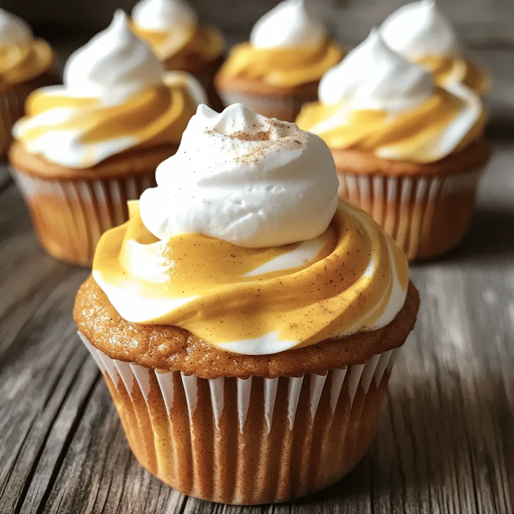 To make pumpkin cheesecake cupcakes, you need the following ingredients: - 1 cup all-purpose flour - 1/2 teaspoon baking powder - 1/2 teaspoon baking soda - 1/4 teaspoon salt - 2 teaspoons ground cinnamon - 1/2 teaspoon ground nutmeg - 1/2 cup unsalted butter, softened - 1 cup brown sugar, packed - 1/2 cup granulated sugar - 2 large eggs - 1 teaspoon vanilla extract - 1/2 cup canned pumpkin puree - 8 ounces cream cheese, softened - 1/4 cup granulated sugar (for cheesecake filling) - 1 egg (for cheesecake filling) - 1 teaspoon vanilla extract (for cheesecake filling) - Whipped cream and cinnamon for topping (optional) You can swap some ingredients for similar ones. For example, if you need a gluten-free option, use a gluten-free flour blend instead of all-purpose flour. If you want a lighter option, use low-fat cream cheese for the filling. You can even use maple syrup instead of brown sugar for a different taste. To make great pumpkin cheesecake cupcakes, start by mixing the dry and wet ingredients well. First, in a medium bowl, sift together your flour, baking powder, baking soda, salt, cinnamon, and nutmeg. This helps to avoid lumps and ensures even flavor. Next, in a large bowl, beat the softened butter, brown sugar, and granulated sugar together until light and fluffy. This step adds air and makes your cupcakes rise nicely. Add in the eggs and vanilla extract, mixing until everything is well combined. Then, stir in the pumpkin puree. This gives the cupcakes their rich flavor and moisture. Now, gradually add the dry mixture into the wet ingredients. Mix just until combined. Overmixing can make the cupcakes tough, so be gentle. Temperature matters. Make sure all your ingredients are at room temperature. This allows them to mix better and creates a smooth batter. Preheat your oven to 350°F (175°C). Line your muffin pan with cupcake liners to make removal easy later. Fill each cupcake liner halfway with the pumpkin batter. Then, add a dollop of the cheesecake mixture on top. Use a toothpick to swirl the two batters together. This creates a pretty marbled effect. Bake your cupcakes in the preheated oven for 20-25 minutes. To check if they are done, insert a toothpick into the center. If it comes out clean, they are ready. Let the cupcakes cool in the pan for 10 minutes. After that, move them to a wire rack to cool completely. This prevents sogginess and helps them keep their shape. You can find the full recipe for detailed instructions and measurements. Enjoy your baking! To make great pumpkin cheesecake cupcakes, avoid common mistakes. One pitfall is overmixing the batter. This can make the cupcakes tough. Mix the dry and wet ingredients until just combined. Another issue is not measuring ingredients correctly. Use a scale or proper measuring cups. This helps ensure the right texture. For a moist texture, use fresh ingredients. Room temperature butter and eggs mix better. Topping your cupcakes adds fun and flavor. Whipped cream is a classic choice. You can also sprinkle cinnamon on top. Chopped nuts like pecans or walnuts add crunch. For presentation, use colorful cupcake liners. Arrange cupcakes on a nice platter. You can even add a small pumpkin or fall leaves for decoration. These little touches make your treats stand out. Check the Full Recipe for more tips! {{image_2}} You can easily personalize your pumpkin cheesecake cupcakes. Here are some fun ideas: - Cupcake Base: Try adding ginger or allspice for a warm taste. You can also mix in some cocoa powder for a chocolate twist. A bit of maple extract gives a nice fall flavor too. - Cheesecake Filling: For the cheesecake part, consider mixing in chocolate chips or caramel. You can also add a layer of fruit, like cranberry or apple, for a fruity surprise. Want to make these cupcakes fit your diet? Here are some great swaps: - Gluten-Free: Use a gluten-free flour blend in place of regular flour. This keeps the texture nice and light. - Vegan Options: Replace the eggs with flax eggs and use vegan cream cheese. Swap butter for coconut oil or vegan butter. This keeps the cupcakes rich and tasty without animal products. These variations and adjustments help you enjoy pumpkin cheesecake cupcakes your way! Check the full recipe for detailed steps. To keep your pumpkin cheesecake cupcakes fresh, follow these tips: - Cool Completely: Let the cupcakes cool on a wire rack before storing. - Use an Airtight Container: Place them in an airtight container. This helps keep them moist. - Chill in the Fridge: They stay fresh for about 5 days in the fridge. - Freeze for Longer Storage: For longer storage, freeze them. They can last up to 3 months in the freezer. When you freeze them, wrap each cupcake in plastic wrap. This prevents freezer burn and keeps the flavor. When you're ready to enjoy, let them thaw in the fridge overnight. To reheat cupcakes without drying them out, follow these steps: - Use the Oven: Preheat the oven to 350°F (175°C). Place cupcakes on a baking sheet. Heat for about 10 minutes. - Cover with Foil: Cover them with foil to keep moisture in while reheating. To revive the flavor, you can add a little whipped cream on top after reheating. This adds moisture and enhances the taste. Enjoy your delicious pumpkin cheesecake cupcakes even after storing! How do I know when my cupcakes are fully baked? Check your cupcakes at 20 minutes. Insert a toothpick in the center. If it comes out clean, they are done. If it has batter on it, bake a few more minutes. Can I make these cupcakes ahead of time? Yes, you can. Make them a day before serving. Store them in an airtight container at room temperature. Just add whipped cream right before serving. What is the best way to serve pumpkin cheesecake cupcakes? Serve them at room temperature. Add a dollop of whipped cream on top. A sprinkle of cinnamon adds a nice touch too. Can I freeze leftover cupcakes? Yes, you can freeze them. Wrap each cupcake in plastic wrap, then place in a freezer bag. They stay fresh for up to three months. What to do if the cupcakes sink in the middle? If your cupcakes sink, check your oven temperature. Too much mixing can also cause this. Make sure to mix just until combined. Why is my cheesecake filling runny? A runny filling can happen if the cream cheese is not softened enough. Ensure it’s at room temperature for best results. Also, avoid over-mixing the filling. You’ve learned how to make delicious pumpkin cheesecake cupcakes. I covered the right ingredients and their key substitutes. You also found clear steps for mixing, baking, and decorating. Plus, I shared variations for different tastes and dietary needs. Remember to store them well and reheat properly to keep them fresh. Baking these cupcakes can be fun and rewarding. Enjoy sharing your treats with friends and family!