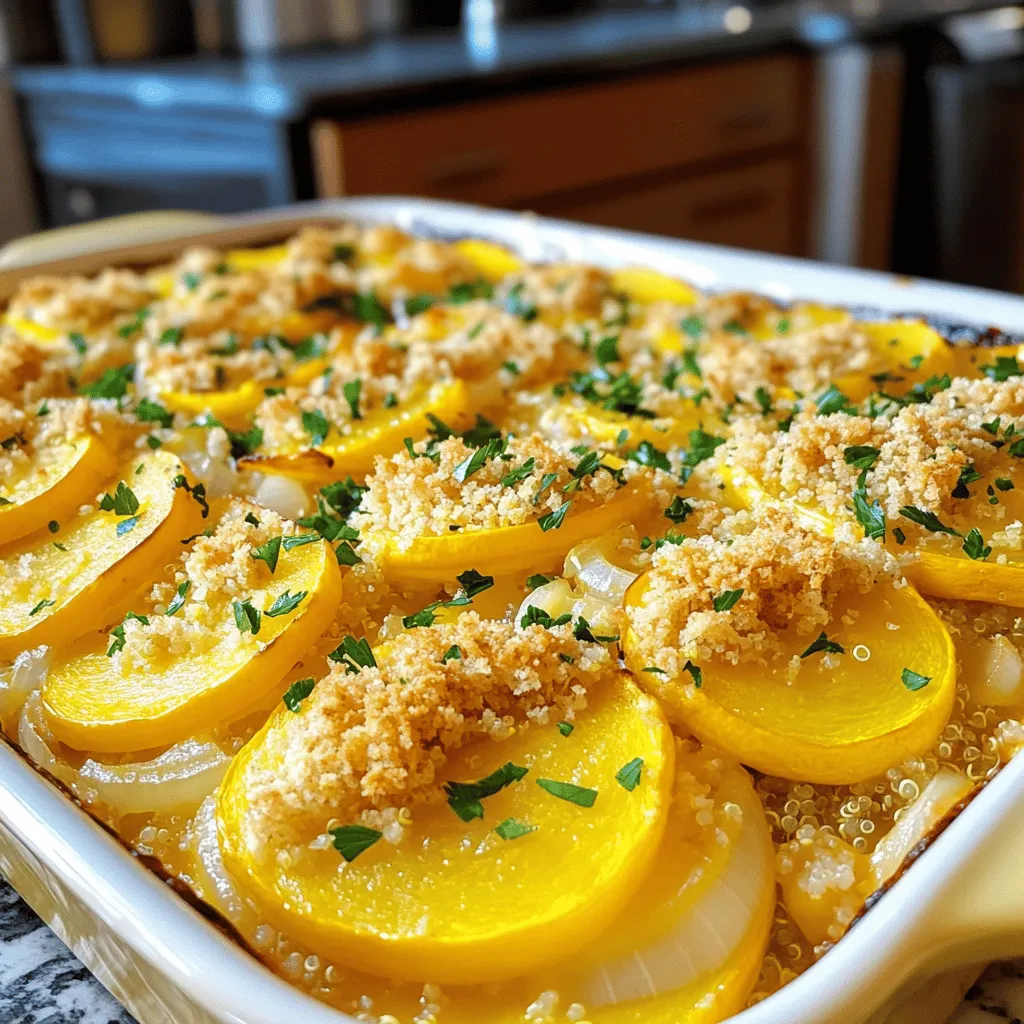 - 4 medium yellow squashes, sliced - 1 onion, finely chopped - 2 cloves garlic, minced - 1 cup cooked quinoa - 1 cup shredded cheese (cheddar or a blend) - 1/2 cup sour cream - 1/2 cup milk - 2 large eggs - 1 teaspoon salt - 1/2 teaspoon black pepper - 1/2 teaspoon paprika - 1 cup breadcrumbs (for topping) - 2 tablespoons olive oil - Fresh parsley, chopped (for garnish) The main stars of this dish are yellow squashes. They bring a sweet taste and soft texture. I love how they absorb the flavors of the other ingredients. Onions and garlic add a warm base. Sautéing them in olive oil makes the kitchen smell amazing. Quinoa adds a nice protein boost. It keeps the casserole filling and nutritious. The cheese, whether cheddar or a mix, brings creaminess and flavor. Sour cream and milk create a rich, smooth mix. The eggs bind everything together, giving the casserole its structure. Seasoning is key. Salt, black pepper, and paprika add just the right kick. The breadcrumbs on top are the final touch. They provide a crunchy layer that contrasts with the soft filling. - Different cheese options (mozzarella, feta) - Add-ins like bell peppers or mushrooms Feel free to switch up the cheese. Mozzarella gives a milder taste, while feta adds a tangy kick. Adding bell peppers or mushrooms can enhance the flavor and texture. This casserole is not just tasty; it's also good for you. Each serving has around 250 calories. It contains healthy fats, protein, and fibers. Enjoy a hearty meal that satisfies both your taste buds and your health goals! For the complete cooking instructions, check out the Full Recipe. - Preheat the oven to 350°F (175°C). - In a large skillet, heat 2 tablespoons of olive oil over medium heat. Add 1 finely chopped onion and sauté for 3-4 minutes until soft. - Add 2 minced garlic cloves to the skillet. Cook for 1 minute until fragrant. - Stir in 4 sliced yellow squashes and sauté for 5-7 minutes until slightly soft. Remove from heat and set aside. - In a large bowl, mix the sautéed squash with 1 cup of cooked quinoa, 1 cup of shredded cheese, 1/2 cup sour cream, 1/2 cup milk, 2 large eggs, 1 teaspoon salt, 1/2 teaspoon black pepper, and 1/2 teaspoon paprika. - Stir until everything is well combined. - Transfer the mixture to a greased 9x13-inch casserole dish, spreading it evenly. - Mix 1 cup of breadcrumbs with 1 tablespoon of olive oil. Sprinkle this topping evenly over the casserole. - Bake in the preheated oven for 25-30 minutes until the top is golden brown and bubbly. - Let it cool for about 5 minutes. Garnish with fresh chopped parsley before serving. For the full recipe, check out the Sunny Yellow Squash Casserole. To get the best texture, avoid overcooking the squash. Cook it until it’s tender but still firm. This keeps the squash from becoming mushy in the casserole. A little crunch adds great flavor and bite. For a creamy casserole, mix ingredients well. Use sour cream and milk to create a rich texture. Eggs also help bind everything together. When you bake it, the mix will set perfectly without losing creaminess. Preparing ingredients in advance can save time. Chop the squash, onion, and garlic the night before. Store them in the fridge. This way, you can whip up your casserole quickly. If you have leftovers, freezing is a great option. Let the casserole cool completely before freezing. Use a tight container to keep it fresh. When you want to eat it, thaw in the fridge overnight before baking. This casserole pairs well with a fresh salad on the side. A light cucumber or tomato salad adds a nice crunch. For drinks, consider serving iced tea or lemonade. Both drinks balance the savory flavors of the casserole. They also keep things refreshing, especially in warm weather. For the full recipe, check out the Sunny Yellow Squash Casserole. {{image_2}} You can easily make this dish fit your diet. For gluten-free options, swap out the breadcrumbs. Use gluten-free breadcrumbs or crushed nuts for a crunchy topping. If you want a dairy-free casserole, you can replace cheese and sour cream with plant-based versions. Almond or cashew cheese works well. For sour cream, try coconut yogurt or cashew cream. To boost flavor, think about adding herbs and spices. Fresh basil, thyme, or rosemary can brighten the dish. You can also add a pinch of red pepper flakes for some heat. Want to turn this into a heartier meal? Add proteins like shredded chicken or cooked beans. These additions will make your casserole more filling. In summer, swap yellow squash with zucchini for a fresh twist. Zucchini adds a nice texture and flavor. During fall, try using pumpkin. You can mix pumpkin puree into the casserole for a warm, cozy dish. This seasonal spin makes each bite feel special while keeping the comfort of the classic recipe. For the full recipe, refer to the earlier section. To store your Yellow Squash Casserole, let it cool first. Place it in an airtight container. This will keep it fresh for up to three days in the fridge. When you want to reheat it, set your oven to 350°F (175°C). Cover the dish with foil to keep it moist. Bake for about 20 minutes or until heated through. If you want to freeze your casserole, use a freezer-safe container. Glass or plastic containers work well. You can also use a heavy-duty freezer bag. Make sure to remove as much air as possible. This helps prevent freezer burn. When you're ready to eat it, take it out a day before. Place it in the fridge to thaw. After it’s thawed, bake at 350°F (175°C) for 30-35 minutes. In the fridge, your Yellow Squash Casserole lasts for about three days. If frozen, it can stay good for up to three months. Just remember to label it with the date you froze it. This will help you keep track of how long it has been stored. Can I use yellow squash instead of zucchini? Yes, you can use yellow squash. They have a similar taste and texture. Yellow squash adds a lovely color and sweetness to your casserole. How can I make this recipe ahead of time? You can prepare the casserole one day before baking. Just cover it and store it in the fridge. When ready, bake it straight from the fridge. You might need to add a few extra minutes to the baking time. What can I substitute for quinoa in this dish? If you prefer, you can use rice or couscous. Both add nice texture and flavor. Just cook them before mixing with other ingredients. What to do if the casserole is too watery? If the casserole is watery, try baking it a bit longer. This helps evaporate excess moisture. You can also drain some liquid before mixing the ingredients. Fixing burned tops or uneven cooking If the top burns, you can cover it with foil while baking. This stops further browning. To fix uneven cooking, check the oven temperature. Sometimes, it can be too hot or cold. Alternatives for fresh ingredients You can use frozen yellow squash if fresh is not available. Just thaw and drain excess water before using. For the onion and garlic, you can use onion powder and garlic powder. Vegan options for eggs and dairy For eggs, try using flax eggs or applesauce. For dairy, use almond milk and vegan sour cream. These swaps keep the dish creamy and delicious without animal products. For the full recipe, check the Sunny Yellow Squash Casserole section. This blog post detailed a tasty squash casserole recipe. You learned about key ingredients, from yellow squashes and quinoa to cheese options. I shared steps to prepare and bake the dish, along with valuable tips to enhance texture and flavor. We explored variations for dietary needs and even discussed how to store leftovers. In the end, this casserole recipe is not just simple; it’s adaptable and fun. Enjoy making this dish your own!