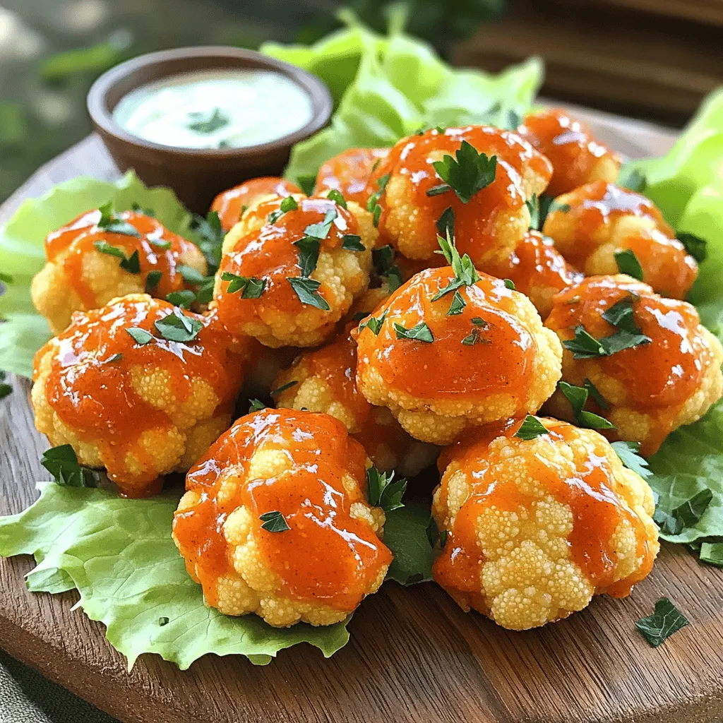 - 1 medium head of cauliflower, cut into bite-sized florets - 1 cup all-purpose flour (or gluten-free flour) - 1 cup almond milk (or any non-dairy milk) - 1 cup Buffalo sauce - 1 teaspoon garlic powder - 1 teaspoon onion powder - 1 teaspoon smoked paprika - 1/2 teaspoon cayenne pepper (adjust to taste) - Salt and pepper, to taste - 2 tablespoons olive oil - Fresh parsley, chopped (for garnish) Buffalo cauliflower bites are a tasty twist on the classic snack. You need fresh cauliflower, flour, and Buffalo sauce to bring this dish to life. The garlic and onion powders give a nice depth of flavor. A bit of smoked paprika adds warmth, while cayenne pepper gives a kick. Adjust the cayenne based on your spice tolerance. For garnishing, olive oil helps the cauliflower crisp up nicely. Chopped parsley adds a bright touch. Check out the full recipe to get all the steps needed for these bites. You will love how easy they are to make! - Preheat the oven to 450°F (232°C). - Line a baking sheet with parchment paper. - In a large bowl, whisk together: - 1 cup all-purpose flour (or gluten-free flour) - 1 cup almond milk (or any non-dairy milk) - 1 teaspoon garlic powder - 1 teaspoon onion powder - 1 teaspoon smoked paprika - 1/2 teaspoon cayenne pepper (adjust to taste) - Salt and pepper, to taste - Mix until smooth. - Dip cauliflower florets in the batter. Shake off any extra. - Arrange the coated florets on the prepared baking sheet in a single layer. - Bake for 20 minutes. Flip the florets halfway to ensure crispiness. - While the cauliflower bakes, mix 1 cup Buffalo sauce with 2 tablespoons olive oil in a bowl. - After 20 minutes, toss the baked cauliflower in the Buffalo sauce mixture. - Return the cauliflower to the baking sheet. Bake for another 10 minutes. - Let the bites cool slightly before serving. You can find the full recipe in the article. Enjoy this crispy and spicy snack! Baking Buffalo cauliflower bites is easy and healthy. You avoid extra oil and mess. Frying gives a different texture. It creates a crispier bite but adds calories. If you choose to fry, use a deep pot. Heat oil to 350°F (175°C). Carefully drop in the battered florets. Fry until golden brown, about 5 minutes. To achieve extra crispiness when baking, use these tips: - Preheat the oven: Always preheat your oven to 450°F (232°C). - Use parchment paper: This helps the cauliflower not stick and makes cleanup easy. - Space out the florets: Give each floret room to breathe. This helps them crisp up. - Flip halfway: Turn the cauliflower halfway through baking for even browning. Buffalo cauliflower bites taste great with dips. Ranch dressing is a classic choice. Blue cheese dressing also pairs well for a tangy kick. You can even mix them for extra flavor. To present your dish nicely, serve on a white platter. Add fresh parsley on top for color. Line the platter with lettuce leaves for a nice touch. It makes the dish look fresh and inviting. For gluten-free diets, use gluten-free flour in the batter. Almond milk works for dairy-free diets. You can swap it with soy or oat milk too. If you want a low-calorie Buffalo sauce, try this: mix hot sauce with a little apple cider vinegar. This keeps the heat without added calories. You can also use a non-caloric sweetener for flavor. These tips make Buffalo cauliflower bites a tasty, healthy snack for everyone! For the full recipe, check above. {{image_2}} You can change the flavor of your Buffalo cauliflower bites. Try making spicy ranch Buffalo bites. Mix ranch seasoning with your Buffalo sauce for a creamy kick. Another idea is to make sweet and tangy bites. Drizzle honey or agave over the baked cauliflower. This adds a fun twist that balances the heat. You don't have to bake your Buffalo cauliflower bites. An air fryer works well for a quick and crispy result. Just follow the same steps, but cook them at 400°F for about 15 minutes. Flip them halfway for even cooking. If you want a smoky taste, grill your cauliflower bites. Just toss them on the grill for a few minutes until they get nice char marks. Add extra veggies for more crunch. Carrots and celery make great additions. They add color and texture. You can also use seasonal herbs for a fresh touch. Try basil in summer or rosemary in fall. These little changes keep your bites exciting and flavorful. To keep Buffalo cauliflower bites fresh, cool them completely first. Place them in an airtight container. This helps lock in the taste and texture. Store them in the fridge for up to three days. To avoid sogginess, don't stack them too high in the container. For the best taste, reheat in the oven. Set it to 350°F (175°C). Place the cauliflower bites on a baking sheet. Heat for about 10 minutes. This keeps them crispy. You can use a microwave, but it may make them soft. If you must, heat in short bursts. Check them often to avoid overcooking. You can freeze Buffalo cauliflower bites for later. Cool them completely, then lay them on a baking sheet and freeze until solid. Once frozen, transfer them to a freezer-safe bag. They can last up to three months in the freezer. To use them, thaw in the fridge overnight. Reheat in the oven to restore crispiness. Enjoy your tasty treat anytime! For the full recipe, check back to get all the details. Can I bake the cauliflower bites instead of frying? Yes, you can bake them! Baking is a healthier option. It gives a nice crunch without extra oil. Follow the full recipe for baking times and tips. How do I make the cauliflower bites less spicy? To reduce spice, cut down on cayenne pepper. You can also use milder sauces. Consider a mix of Buffalo sauce and ranch for a milder flavor. What can I serve as a dip for Buffalo cauliflower bites? Ranch dressing and blue cheese dressing are great choices. You can also try yogurt dip or a creamy avocado sauce for a fresh twist. Can I use other vegetables instead of cauliflower? Absolutely! Broccoli, Brussels sprouts, or zucchini work well. Just adjust the cooking time based on the vegetable size. How can I make this recipe vegan? To make it vegan, use non-dairy milk and ensure your Buffalo sauce is vegan. The batter already has no eggs, so it's easy! How many servings does this recipe yield? This recipe makes about four servings. It’s perfect for sharing or enjoying as a snack. What are the calorie counts for each serving? Each serving has around 150 calories. This can change based on the dips or extra ingredients you add. You now know how to make delicious Buffalo cauliflower bites. The recipe combines simple ingredients and spices, making it easy to create a tasty snack. You can use different methods and flavors to suit your taste. Remember to store leftovers properly to keep them fresh. Whether you’re looking for a healthier party snack or a savory dish, these bites are a great choice. Experiment with dips and variations to find your favorite. Enjoy preparing and sharing this easy recipe!