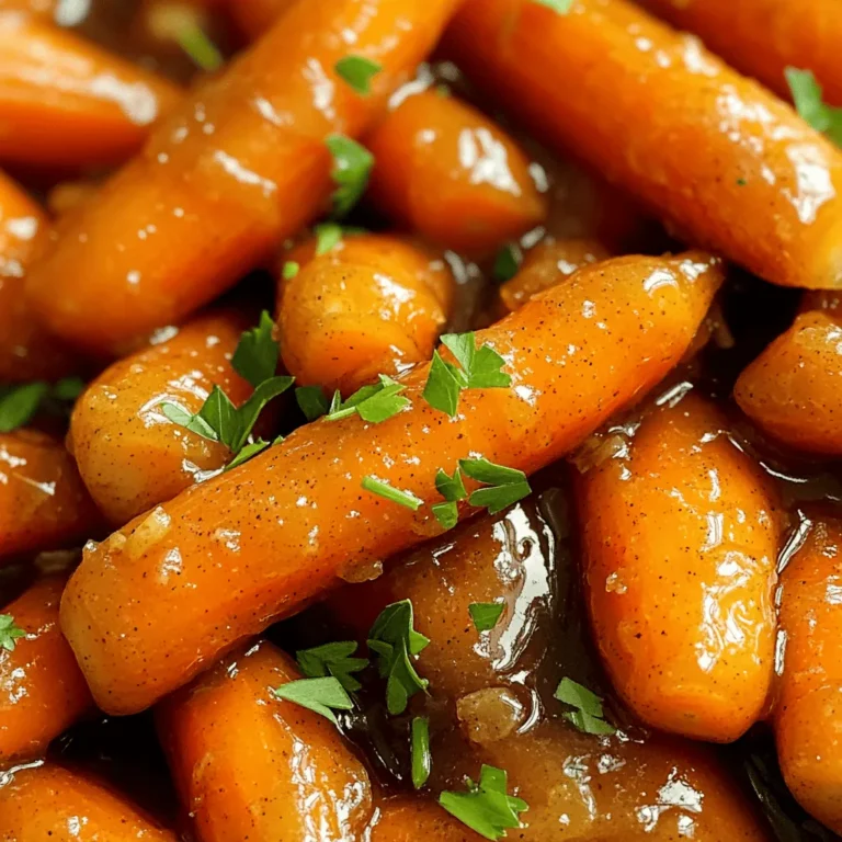 To make brown sugar glazed carrots, you need just a few simple items: - 1 pound baby carrots (or regular carrots cut into sticks) - 3 tablespoons unsalted butter - 1/4 cup brown sugar - 1 teaspoon cinnamon - 1/4 teaspoon nutmeg - Salt to taste - Fresh parsley, chopped (for garnish) Each ingredient plays a role in creating that sweet, sticky glaze. The butter helps the sugar melt and caramelize, while the spices add warmth and depth. Want to mix things up? You can try: - Alternative sweeteners like honey or maple syrup. - Additional herbs or spices such as thyme or ginger for a fresh twist. These options let you customize the dish to fit your taste or what you have on hand. Before you start cooking, gather these tools: - A skillet or frying pan for even cooking. - Measuring cups and spoons for accurate portions. Having the right equipment makes the cooking process easier and more enjoyable. For the full recipe, check the detailed instructions above. 1. Start by washing the baby carrots. If you use regular carrots, peel them first. Cut them into even sticks, about 2 inches long. This helps them cook evenly. 2. Next, take a large skillet and melt the unsalted butter over medium heat. Watch for it to foam. This means it’s ready for the next step. 3. Add the brown sugar to the melted butter. Stir until the sugar dissolves and forms a syrupy mixture. This sweet base is key for the glaze. 4. Now, stir in the cinnamon and nutmeg. Let them toast slightly in the butter and sugar mix for about 30 seconds. This adds warmth and depth to the flavor. 1. Carefully add the carrots to the skillet. Stir well to coat them evenly with the brown sugar glaze. This step ensures each carrot gets that sweet goodness. 2. Lower the heat to low and cover the skillet. Let the carrots cook for about 10-12 minutes. Stir occasionally to keep them from sticking. They should become tender but not mushy. 3. After the carrots are tender, remove the lid. Increase the heat back to medium. Stir occasionally for another 3-5 minutes. This helps the glaze thicken and caramelize nicely. 4. Once the glaze thickens, sprinkle a light dash of salt over the carrots. This enhances the flavor and balances the sweetness. 5. Finally, transfer the glazed carrots to a serving dish. Garnish with freshly chopped parsley for a colorful touch. These brown sugar glazed carrots make a delightful side. For the complete recipe, check out the [Full Recipe]. - Overcooking the carrots: This can make them mushy. You want tender carrots but not too soft. Cook them just until they are fork-tender. - Incorrect butter and sugar ratios: Too much sugar can make the dish overly sweet. Stick to the recipe for a perfect balance. - Suggestions for additional spices: Try adding ginger or cloves for a warm twist. A dash of cayenne can add a nice kick too. - Garnishing options for presentation: Fresh parsley looks great on top. You can also use chopped nuts for crunch or a drizzle of honey for extra sweetness. - Best practices for caramelization: Start with medium heat to melt the butter. Watch closely as the sugar begins to caramelize. Stir gently to avoid burning. - Ensuring even cooking: Cut the carrots into similar sizes. Stir them often in the glaze to coat them evenly. This helps each piece absorb the sweet flavor. For the complete recipe, check out the Full Recipe. {{image_2}} You can switch up the carrots based on the season. In spring, try using fresh baby carrots. In fall, use roasted squash or sweet potatoes for a unique taste. These swaps add fun flavors and colors to your dish. For holidays, you can add spices like cloves or ginger. This makes the dish festive and special for gatherings. If you want a healthier version, consider low-sugar alternatives. You can use coconut sugar or maple syrup instead of brown sugar. This keeps the sweetness but cuts down on calories. You can also replace butter with olive oil. This change adds healthy fats and makes the dish lighter. Mixing in flavors from different cuisines can make this dish exciting. For an Asian twist, add soy sauce and sesame oil. This creates a sweet and savory blend. You can also add a bit of chili for a spicy kick. Sweet and savory combinations work well, too. Try adding balsamic vinegar or honey for depth. These ideas make your carrots stand out at any meal. For the complete recipe, check out the Full Recipe section. To store your brown sugar glazed carrots, place them in an airtight container. This will keep them fresh. They can last in the fridge for up to four days. Make sure to let them cool before sealing. To reheat, use a skillet over low heat. This method helps maintain texture. Stir gently to avoid sticking. If the glaze thickens, add a splash of water or broth. This will refresh the glaze and keep it smooth. If you want to freeze glazed carrots, first cool them completely. Then, place them in a freezer-safe bag or container. They can last up to three months in the freezer. To thaw, simply move them to the fridge overnight. When ready to enjoy, reheat them in a skillet. This brings back their flavor and texture. To make brown sugar glazed carrots, start by washing your carrots. If you use regular carrots, peel them and cut them into sticks. Next, melt butter in a skillet over medium heat. Add brown sugar and stir until it melts into a syrup. Once it bubbles, mix in cinnamon and nutmeg. Add the carrots and stir to coat them. Cover and cook on low heat for about 10 to 12 minutes. Stir often to keep them from sticking. Uncover and raise the heat to thicken the glaze for another 3 to 5 minutes. Sprinkle with salt and serve. You can find the full recipe above. Yes, you can use regular carrots instead of baby carrots. Just cut them into even sticks about 2 inches long. This size helps them cook evenly, just like baby carrots. Make sure to peel them before cutting. This ensures a smooth texture in your dish. Brown sugar glazed carrots pair well with many dishes. They make a great side for roasted chicken or pork. You can also serve them with grilled steak for a sweet and savory combo. Adding these carrots to a holiday meal is a hit too. Their sweet flavor will complement savory dishes nicely. You now know how to make delicious brown sugar glazed carrots. We covered the key ingredients, equipment, and step-by-step instructions. Remember the tips to avoid common mistakes, and try the variations for a fresh twist. Store your leftovers properly and use the reheating tips for the best results. This dish pairs well with many meals, making it a great choice for any occasion. Use this guide to impress your family and friends with tasty, glazed carrots!
