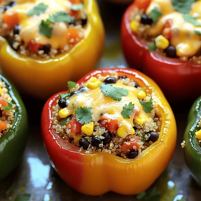 To make stuffed bell peppers, you need some simple and fresh ingredients. Here is your list: - 4 large bell peppers (red, yellow, green, or orange) - 1 cup quinoa, rinsed - 2 cups vegetable broth - 1 can black beans, rinsed and drained - 1 cup corn (fresh, frozen, or canned) - 1 medium onion, finely chopped - 2 cloves garlic, minced - 1 teaspoon cumin - 1 teaspoon chili powder - 1 teaspoon smoked paprika - Salt and pepper to taste - 1 cup diced tomatoes (fresh or canned) - 1 cup shredded cheese (cheddar or mozzarella) - Fresh cilantro or parsley for garnish When you gather these ingredients, make sure they are fresh. This helps bring out the best flavors. You can mix and match the bell pepper colors for a fun look. I love using quinoa because it is healthy and filling. The black beans add protein, while the corn gives sweetness. The spices like cumin and chili powder add warmth and depth. Feel free to adjust these spices to fit your taste. You can add more if you like it spicy! The cheese on top melts beautifully, making the dish look inviting. For a finishing touch, sprinkle fresh herbs on top. You can see the full recipe to guide you through the cooking process. Enjoy your time in the kitchen! - Preheat the oven to 375°F (190°C). - Cut the tops off the bell peppers and remove seeds and membranes. Start by preheating your oven. This helps the peppers cook evenly. Next, take your bell peppers and cut off their tops. Make sure to remove all the seeds and membranes inside. This step is key. You want the peppers to be clean for stuffing. - Bring vegetable broth to a boil. - Add rinsed quinoa, reduce to a simmer, cover, and cook. In a medium pot, bring vegetable broth to a boil. The broth adds great flavor to your quinoa. Once it boils, add the rinsed quinoa. Lower the heat to a simmer and cover the pot. Let it cook for about 15 minutes. The quinoa will absorb the broth and become fluffy. - Sauté onions and garlic in olive oil. - Combine black beans, corn, spices, and tomatoes with cooked quinoa. In a large skillet, heat some olive oil over medium heat. Add the chopped onions and sauté until they turn translucent. This usually takes about five minutes. Now stir in minced garlic and cook for one more minute. After that, add black beans, corn, spices, and diced tomatoes. Mix this all together well. Finally, fold in your cooked quinoa. This mixture will be the heart of your stuffed peppers. - Fill the peppers with the quinoa mixture. - Bake covered with foil, then uncovered to melt cheese. Now it’s time to stuff the peppers! Take your quinoa mixture and fill each bell pepper. Press it down a bit so it fits well. Once filled, sprinkle shredded cheese on top of each pepper. Cover the baking dish with foil and bake for 25 minutes. After that, remove the foil and bake for another 10 minutes. This will melt the cheese and give a nice golden color. Enjoy the full recipe for more details! - Always use fresh ingredients for the best flavor. - Adjust spices based on personal taste preferences. Using fresh ingredients brings out vibrant flavors. Fresh bell peppers, ripe tomatoes, and herbs can make a big difference. You can also play with spice levels. If you like heat, add more chili powder. If you prefer mild, stick to less. - Use aluminum foil to prevent over-browning. - Allow filling to cool before stuffing for better flavor melding. Covering the dish with aluminum foil helps cook evenly. It keeps the top from getting too brown before the inside is ready. Letting the filling cool a bit helps the flavors mix. It also makes it easier to stuff the peppers. - Serve with a side salad or homemade salsa. - Pair with a refreshing beverage to balance the dish. I enjoy serving these stuffed peppers with a fresh salad. A side of homemade salsa adds a nice kick. A cool drink, like lemonade or iced tea, can balance the heat. These small touches make every bite more enjoyable. For the full recipe, check out the Rainbow Delight Stuffed Bell Peppers. {{image_2}} You can make stuffed bell peppers even more colorful and tasty. Try adding more veggies like zucchini or spinach. This boosts the flavor and nutrition. You can also swap quinoa for rice or farro. Both options give a nice texture and taste. If you love meat, you can add ground beef, turkey, or shredded chicken. These meats bring a heartiness that many enjoy. For extra flavor, try adding sausage. It adds a nice kick that makes the dish even more satisfying. To keep stuffed bell peppers gluten-free, check that all your ingredients are certified gluten-free. You can use gluten-free grains like rice or quinoa. Also, choose gluten-free cheese options to keep everyone happy. This way, everyone can enjoy a delicious meal without worry. - Allow the stuffed peppers to cool. - Store in an airtight container in the refrigerator. You can keep your leftovers fresh for about three to four days. I find that they taste even better the next day as the flavors meld together. - Reheat in the oven for best texture. - Microwave option for quick meals. For reheating, I suggest using the oven. Preheat it to 350°F (175°C) and place the peppers in for about 15 minutes. If you're in a hurry, the microwave works too. Heat them for about two to three minutes. - Prepare stuffed peppers ahead of time for freezing. - Thaw and bake when ready to serve. You can make stuffed peppers in advance. Just assemble them without baking, wrap them tightly, and freeze. When you want to enjoy them, thaw in the fridge overnight and bake as usual. This method helps you enjoy a quick meal anytime! Cooking stuffed bell peppers takes about 50 minutes. This includes 25 minutes covered and 10 minutes uncovered in the oven. The size of the peppers and the filling can change cooking time. Always check if the peppers are tender and the cheese is melted. Yes, you can prepare stuffed bell peppers ahead of time. Stuff the peppers and store them in the fridge for up to two days. You can also freeze them for later. Just remember to thaw before baking. If you want a different grain, try rice or farro. For a gluten-free option, use riced cauliflower or millet. These substitutes work well with the other ingredients in the recipe. Stuffed bell peppers freeze well. Wrap each pepper in foil or place them in a freezer-safe container. When ready to eat, thaw them overnight in the fridge. Bake as directed until heated through. Stuffed bell peppers are very healthy! They are low in calories and high in fiber. The filling has protein from black beans and quinoa. Plus, you get vitamins from the bell peppers and other veggies. This dish offers a balanced meal for everyone. Stuffed bell peppers are easy to make and packed with flavor. You need simple ingredients, like quinoa and veggies, cooked perfectly. Follow the steps to create a delicious dish that fits many tastes. You can add meat or change grains based on your needs. Enjoy your stuffed peppers with a salad or some salsa. They reheat well, and storing them is simple. So gather your ingredients and start cooking a meal everyone will love!