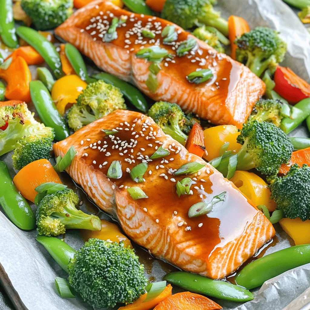 - 4 salmon fillets (6 ounces each) - 1 cup broccoli florets - 1 cup bell peppers (red and yellow), sliced - 1 cup carrots, thinly sliced - 1 cup snap peas - 1/2 cup teriyaki sauce (store-bought or homemade) - 2 tablespoons olive oil - Salt and pepper to taste You need salmon fillets for the main protein. They are rich in omega-3 fatty acids. Broccoli, bell peppers, carrots, and snap peas add color and crunch. The teriyaki sauce gives everything a sweet-savory glaze. - 1 tablespoon sesame seeds - 2 green onions, chopped Garnishes make your dish look great. Sesame seeds add a nutty flavor. Chopped green onions give a fresh touch. They also add a nice pop of color. - Alternative proteins (chicken, tofu) - Different vegetables You can swap salmon for chicken or tofu. Both options work well. Feel free to use other veggies you like. Zucchini, asparagus, or green beans can fit nicely. This recipe is versatile and easy to adjust based on what you have. For the full recipe, check the details above. 1. Preheat your oven to 400°F (200°C). This helps cook the food evenly and quickly. 2. Prepare a large sheet pan by lining it with parchment paper. This makes cleanup easy and keeps the food from sticking. 3. In a mixing bowl, add the broccoli, bell peppers, carrots, and snap peas. Pour in the olive oil, salt, and pepper. Mix well until the veggies are covered. 4. Spread the seasoned vegetables on one half of the sheet pan. Make sure they are in a single layer for even cooking. 5. Place the salmon fillets on the other half of the pan. Brush each fillet with teriyaki sauce. Save a bit of sauce for later. 6. Bake in the oven for 12-15 minutes. The salmon should flake easily with a fork, and the veggies should be tender-crisp. 7. Once done, drizzle the reserved teriyaki sauce over the salmon. Sprinkle sesame seeds and chopped green onions on top. 8. Let it rest for a minute before serving. This helps the flavors settle and makes it easier to eat. You can find the Full Recipe for more details and tips! - How to know when salmon is done: Salmon is perfect when it flakes easily with a fork. The center should look slightly opaque and moist. A food thermometer can help too; aim for 145°F (63°C). - Tips for perfectly tender-crisp vegetables: To achieve tender-crisp veggies, do not overcook them. Roast them for about 12-15 minutes. Keep an eye on the colors; bright colors mean they are still fresh and crisp. - Meal prep the teriyaki sauce: You can make the teriyaki sauce ahead of time. Store it in the fridge for up to a week. This saves time on busy nights. - Use pre-cut vegetables: To cut down on prep time, buy pre-cut vegetables. This way, you can jump right into cooking without extra chopping. - Recommended sides: Serve this dish with steamed rice or quinoa. These sides soak up the yummy teriyaki sauce and add heartiness to your meal. - What to pair with the dish: A light salad or pickled vegetables pairs well with the rich flavors. Try a simple cucumber salad for a refreshing contrast. For a complete cooking experience, check out the Full Recipe. {{image_2}} You can spice up your teriyaki salmon with a few twists. Try adding sriracha or chili paste to the teriyaki sauce for a spicy kick. This heat pairs well with the sweet sauce. If you prefer something bright, infuse your salmon with citrus. Use lemon or orange juice as a marinade, and add zest for more flavor. This gives the dish a fresh taste that balances the savory notes. Feel free to mix and match your veggies. Seasonal picks like zucchini or asparagus work great here. You can also use frozen veggies if you’re short on time. They cook well and save you prep time. Just remember to thaw them first for even cooking. This way, you keep the dish quick and easy, without losing taste. If you need gluten-free options, look for gluten-free teriyaki sauce. Many brands offer this now, and it tastes just as good. You can also make your own sauce using tamari. For those on low-carb diets, swap the carrots and snap peas for cauliflower or bell peppers. This keeps the flavors intact while lowering carbs. Enjoy customizing the dish to fit your dietary needs! For the complete recipe, check out the Full Recipe. To store leftovers, let the dish cool first. Place salmon and veggies in separate containers. Use airtight containers to keep them fresh. Leftovers stay good for up to three days in the fridge. The best way to reheat salmon is in the oven. Set it to 350°F (175°C). Place the salmon on a baking sheet. Heat for about 10 minutes. This keeps the salmon moist. Avoid using the microwave, as it can overcook the salmon. If you want to freeze salmon and veggies, wrap them well. Use freezer bags or airtight containers. They can last for up to three months in the freezer. When ready to eat, thaw the salmon in the fridge overnight. Cook it the next day for the best taste. Making this dish is quick and easy. You need about 10 minutes to prep and 20 minutes to cook. So, you can enjoy a great meal in just 30 minutes. This makes it perfect for busy nights! Yes, you can use frozen salmon. Just make sure to thaw it first. You can do this overnight in the fridge or quickly in cold water. If using frozen salmon, add a few extra minutes to the cooking time. Always check that it cooks through before serving. This meal goes well with many sides. Here are some ideas: - Steamed rice or jasmine rice - Quinoa for a healthy twist - A fresh salad to add crunch - Garlic bread for a fun touch For the full recipe, check out the details above! In this blog post, I covered how to make Sheet Pan Teriyaki Salmon and Vegetables. We explored the key ingredients, preparation steps, and cooking tips. I shared ideas for swaps and flavor twists to keep it interesting. I also offered smart storage and reheating advice. Enjoy experimenting with this dish, knowing it can fit various diets and tastes. With a little practice, you'll create a meal that's both tasty and easy. Cooking can be fun and rewarding, so get started today!