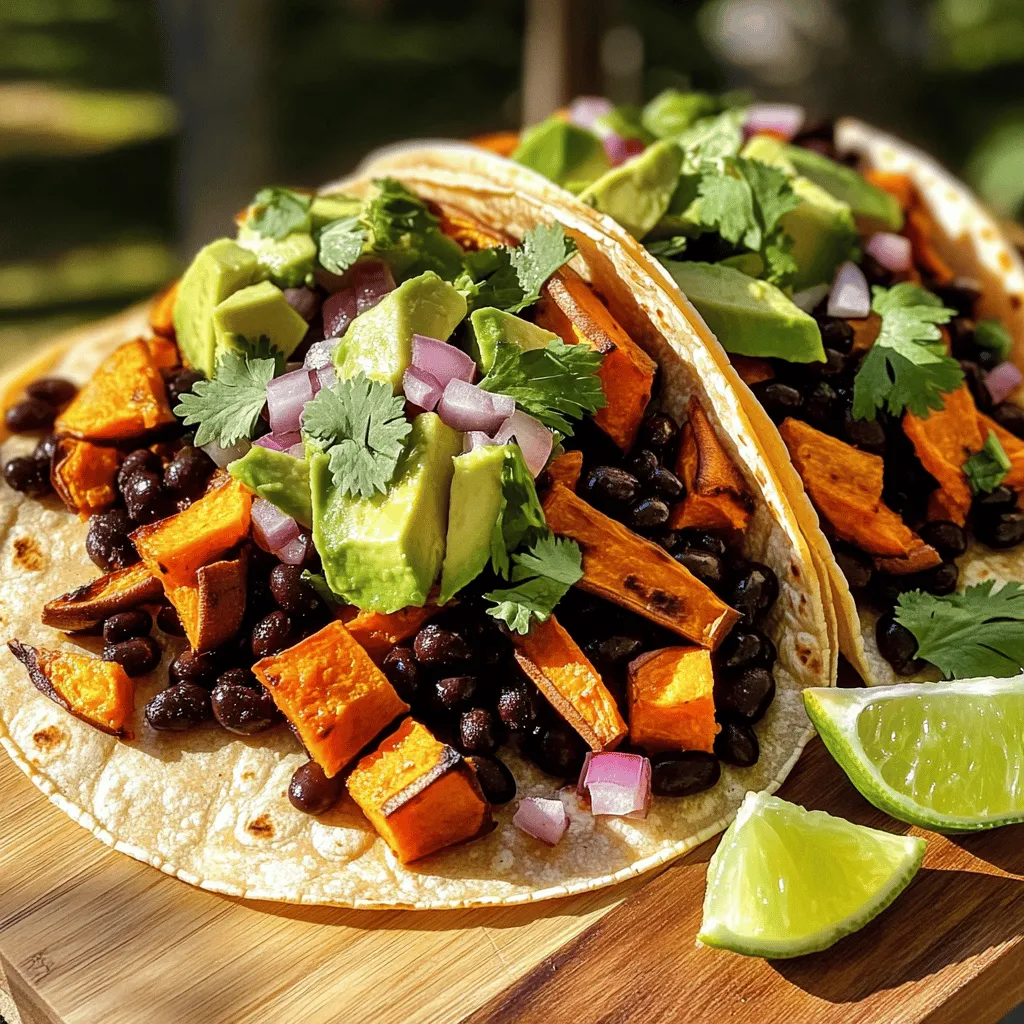 - 2 medium sweet potatoes, peeled and diced - 1 can (15 oz) black beans, drained and rinsed - 1 tablespoon olive oil - 1 teaspoon smoked paprika - 1 teaspoon ground cumin - 1/2 teaspoon chili powder - Salt and pepper to taste - 8 small corn tortillas - 1 avocado, sliced - 1/2 cup diced red onion - Fresh cilantro, chopped (for garnish) - Lime wedges (for serving) When I make sweet potato black bean tacos, I love using fresh sweet potatoes. They give a nice flavor and texture. You can also use canned black beans. They save time and still taste good. If you want a crunch, use fresh onion. It adds a great bite. For the best taste, choose ripe avocados. They should feel slightly soft when you press them. Fresh cilantro adds a nice touch. It makes the tacos look pretty and taste bright. You can use corn tortillas or flour tortillas. Corn tortillas are gluten-free, which is a big plus. If you want a quick meal, canned beans and pre-diced onions work well. Just remember, fresh ingredients always deliver the best taste. Check the [Full Recipe] for more details on cooking these tacos! 1. First, preheat your oven to 425°F (220°C). This high heat helps the sweet potatoes roast well. 2. Next, peel and dice two medium sweet potatoes into small cubes. Place them in a large bowl. 3. Drizzle one tablespoon of olive oil over the sweet potatoes. This oil helps them crisp up nicely. 4. Add one teaspoon of smoked paprika, one teaspoon of ground cumin, and half a teaspoon of chili powder. Sprinkle in salt and pepper to taste. Toss everything well. Make sure the potatoes are coated in the spices. 5. Spread the sweet potatoes evenly on a baking sheet lined with parchment paper. This helps with easy cleanup. 6. Roast the sweet potatoes for 20 to 25 minutes. Flip them halfway through. They should be tender and slightly caramelized when done. 1. While the sweet potatoes roast, open a can of black beans. Drain and rinse them well. 2. In a small saucepan, heat the black beans over medium heat. Warm them for about five minutes. 3. Season the beans with a pinch of salt and pepper. Stir them well and set aside for later. 1. Warm eight small corn tortillas in a skillet over medium heat. Heat them for about 30 seconds on each side. This makes them soft and easy to fold. 2. For each taco, place a generous spoonful of roasted sweet potatoes on the tortilla. 3. Next, add a spoonful of seasoned black beans on top of the sweet potatoes. 4. Top it off with slices of avocado, diced red onion, and fresh cilantro. This adds great flavor and color. 5. Serve your tacos with lime wedges on the side. A squeeze of lime adds brightness to the dish. For the full recipe, check out the Sweet Potato Black Bean Tacos section. Enjoy your cooking! To ensure even roasting for sweet potatoes, cut them into similar-sized pieces. This helps them cook at the same rate. Spread them out on the baking sheet, leaving space between each piece. Crowding them leads to steaming, not roasting. For customizing spice levels, start with less chili powder. You can always add more later. Taste the beans before serving and adjust the seasoning as needed. Pair your tacos with a fresh salsa or a tangy crema. A dollop of Greek yogurt can also add creaminess. For garnishing, try adding sliced jalapeños for heat or crumbled feta for a salty kick. Fresh lime juice brightens the flavors, so don’t skip the lime wedges! Each serving has about 300 calories, 50 grams of carbs, and 10 grams of protein. Sweet potatoes are rich in vitamins A and C. They also have fiber, which is great for digestion. Black beans provide protein and iron, making this meal not just tasty but healthy too. Enjoying these tacos helps you eat more plant-based foods, which can benefit your overall health. For the full recipe, check out the Sweet Potato Black Bean Tacos . {{image_2}} You can switch up the beans in this recipe. Try pinto beans or kidney beans instead of black beans. Each type brings its own flavor. You can also add more veggies. Roasted corn or bell peppers work well. If you need gluten-free tacos, use corn tortillas. They are tasty and safe for gluten-free diets. To make these tacos even better, add spices. Try oregano or garlic powder for extra taste. Cheese is a great topping too. Feta or shredded cheese adds creaminess. You can also make it spicy by adding jalapeños. Chop them finely and mix them in with the sweet potatoes or sprinkle them on top. This recipe is already plant-based. To make it more filling, add quinoa or rice. Both add protein and keep you satisfied. You can also serve these tacos with a side salad. It adds crunch and freshness to your meal. For more ideas, check out the Full Recipe. To store your sweet potato black bean tacos, keep the fillings separate from the tortillas. This helps maintain the tortilla's texture. Place the sweet potato and black bean mixture in an airtight container. Store the tortillas in a zip-lock bag to avoid drying out. Refrigerate both for the best taste. When you’re ready to eat, reheat the sweet potato black bean mixture in a small saucepan over medium heat. Stir until warmed through, about 5 minutes. If you prefer, you can microwave it for about 1-2 minutes. To keep tortillas fresh, warm them in a dry skillet for 30 seconds on each side. This makes them soft and pliable again. The prepared sweet potato black bean mixture lasts about 4-5 days in the fridge. If you freeze it, it can last up to 3 months. Look for signs like a sour smell or discoloration to know when to throw leftovers away. Trust your senses; if it doesn’t smell or look right, it’s best to discard it. If you don't have sweet potatoes, you can use: - Butternut squash - Regular potatoes - Carrots - Zucchini These options give a similar texture and taste, ensuring your tacos stay delicious. Yes, you can prepare these tacos in advance. - Roast the sweet potatoes and cook the black beans the day before. - Store them in separate airtight containers in the fridge. - Assemble the tacos right before serving for the best taste. To add heat, try these tips: - Mix in diced jalapeños or serranos with the sweet potatoes. - Add a pinch of cayenne pepper to the black beans. - Serve with a spicy salsa on top. These options will boost flavor without overpowering the dish. Absolutely! Here are some tips for meal prepping: - Prepare a double batch of sweet potatoes and black beans. - Store them in separate containers for easy assembly during the week. - Reheat the sweet potato and black bean mixture before serving. This method saves time and keeps your meals fresh and tasty. In this blog post, we explored making sweet potato and black bean tacos. We discussed key ingredients, step-by-step instructions, and helpful tips. You learned about variations and how to store leftovers properly. These tacos are not only tasty but also healthy. They offer a great way to enjoy plant-based meals. I hope you feel ready to try this recipe at home. Enjoy experimenting with flavors and making it your own!