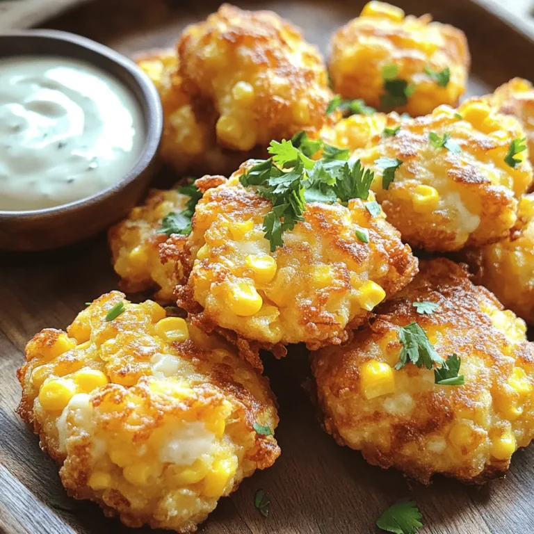 - Corn types: You can use either fresh corn or canned corn. Fresh corn gives a sweet crunch, while canned corn is easy and quick. If you choose canned, make sure to drain it well. - Cheese options: I like to use a mix of shredded cheddar cheese and grated parmesan cheese. Cheddar adds creaminess, and parmesan gives a nice salty touch. You can also experiment with other cheeses like mozzarella or feta if you want. - Optional ingredients for extra flavor: For a little kick, add cayenne pepper. You can also include fresh herbs like cilantro or chives. They brighten up the fritters and add freshness. These ingredients come together to create crispy, cheesy corn fritters that are perfect for any occasion. For a full recipe, check out the details above! 1. Mixing dry ingredients with corn Start by taking a large mixing bowl. Add 2 cups of fresh corn kernels or 1 can of sweet corn that’s drained. Then, sprinkle in 1 cup of all-purpose flour, 1/2 cup of shredded cheddar cheese, 1/4 cup of grated parmesan cheese, 1/2 teaspoon of baking powder, 1/2 teaspoon of garlic powder, 1/2 teaspoon of onion powder, and 1/4 teaspoon of cayenne pepper if you want some heat. Mix everything well. This helps the dry ingredients coat the corn evenly. 2. Combining wet ingredients In a separate bowl, whisk together 2 large beaten eggs and 1/2 cup of milk. You want to combine these until they blend smoothly. This mixture will help bind everything together. 3. Pouring the mixtures together Now, pour the egg and milk mixture into the bowl of dry ingredients. Stir gently until combined. Make sure not to overmix; a few lumps are perfectly fine. Season with salt and pepper to your taste. 1. Preparing the skillet with oil Heat about 1/4 inch of vegetable oil in a large skillet over medium-high heat. To check if the oil is ready, drop a small spoonful of batter into it. If it sizzles, you’re good to go. 2. Frying the fritters to perfection Use a spoon or a small ice cream scoop to drop the corn batter into the hot oil. Fry each fritter for about 3-4 minutes on each side. You want them golden brown and crispy. Fry in batches, so you don’t crowd the pan. 3. Tips for checking doneness Once the fritters are golden brown, transfer them to a plate lined with paper towels. This helps soak up any extra oil. Enjoy them warm, garnished with fresh cilantro or parsley, and pair with your favorite dipping sauce. For the full recipe, check out the detailed instructions above. To make your fritters crispy, oil temperature is key. You need the oil hot enough. If the oil is too cool, the fritters soak up oil and turn soggy. Heat about 1/4 inch of oil over medium-high heat. You can test it by dropping a small spoonful of batter in the oil. It should sizzle right away. Moisture can ruin your fritters. If your corn is wet, the batter will be too thin. Drain canned corn well if you use it. If you use fresh corn, pat it dry with a towel. This keeps the batter thick and helps the fritters hold their shape. Spices can make your fritters sing! Adding cayenne pepper gives them a nice kick. If you want milder flavors, skip it. You can also try adding paprika or cumin for a different taste. Dipping sauces make a big difference. I love serving these fritters with ranch or spicy mayo. A fresh salsa or avocado dip also works well. These pairings add a fun twist to your meal. For the full recipe, check out the [Full Recipe]. Enjoy cooking! {{image_2}} You can easily swap ingredients in this recipe to suit your needs. For a gluten-free version, use a gluten-free flour blend. This keeps the fritters crispy and tasty. If you want to add more veggies, consider adding chopped bell peppers or zucchini. Both bring fresh flavors and colors. You can also mix in cooked proteins like shredded chicken or crumbled bacon for a heartier dish. These fritters make a great snack or side dish. Pair them with a crisp salad for a light meal. A fresh tomato salad or a simple green salad works well. You can also serve them as appetizers at parties. For a fun twist, stack the fritters on a platter and drizzle with a tangy sauce. Try a yogurt dip or spicy mayo on the side for extra flavor. Enjoy experimenting with your serving ideas! To keep your crispy cheesy corn fritters fresh, cool them quickly. Place them on a wire rack. This allows air to flow around them, preventing sogginess. Once cooled, store the fritters in an airtight container. A glass or plastic container works well. If you think you will eat them within two days, keep them in the fridge. For longer storage, use the freezer. To reheat your fritters and retain their crunch, use the oven. Preheat it to 375°F (190°C). Place the fritters on a baking sheet and warm them for about 10-15 minutes. This method keeps them crispy. You can also use an air fryer for about 5-7 minutes. Fritters last for up to 3 days in the fridge and 2 months in the freezer. Always check for freshness before eating. Yes, you can make these fritters ahead of time. Prepare the batter and store it in the fridge for up to 24 hours. This saves time when you want to cook them later. Just remember to mix well before frying. You can also cook the fritters and freeze them. Store them in an airtight container. When you're ready to eat, reheat them in the oven for a crisp texture. If your batter seems too thick, add a little milk. Start with one tablespoon at a time. Mix well after each addition until you reach a smooth consistency. A good fritter batter should be thick but spoonable. You want it to hold together but still drop from a spoon easily. Yes, you can bake these fritters! Preheat your oven to 400°F (200°C). Line a baking sheet with parchment paper. Drop spoonfuls of batter on the sheet, leaving space between them. Bake for 15-20 minutes or until golden brown. Baking may not give the same crispy texture, but it’s a healthier option. For a crispier finish, you can broil them for the last 2 minutes. Enjoy your crispy cheesy corn fritters! For the complete recipe, check out the Full Recipe. This blog covered everything you need to make tasty corn fritters. We started with essential ingredients, then moved to the preparation and cooking steps. I shared tips for achieving that perfect crispy texture and ways to boost flavors. You learned how to store leftovers properly and common FAQs, so you can troubleshoot your fritters. Now, it's time for you to get cooking. Enjoy these versatile treats, and make them your own!