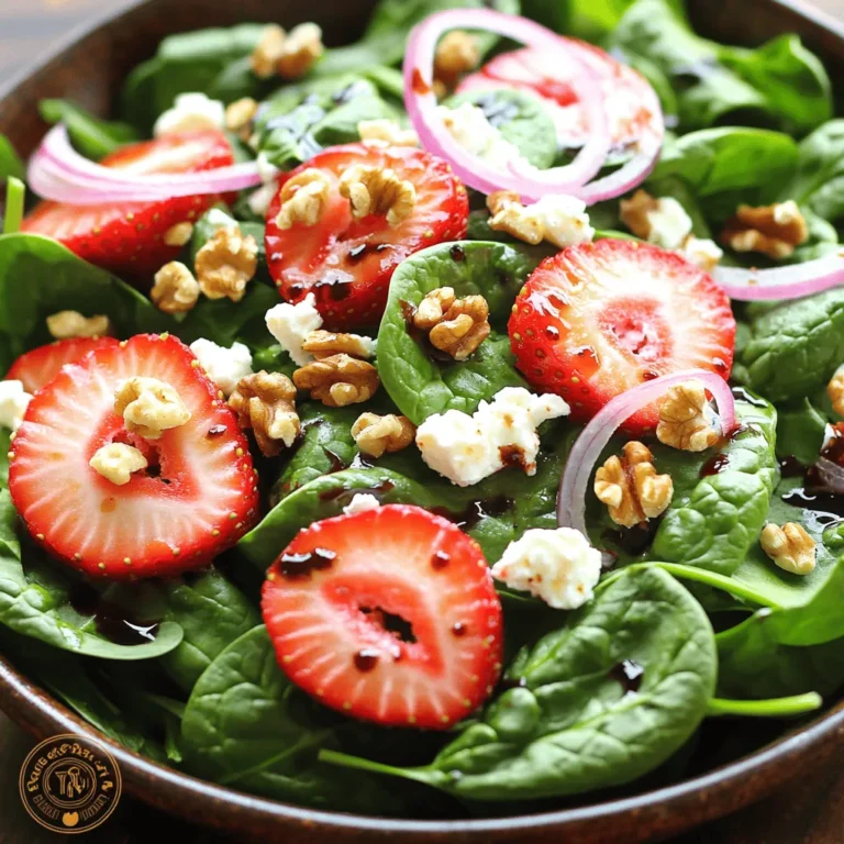 To make your Spinach Strawberry Salad with Feta, gather these fresh ingredients: - 4 cups fresh spinach leaves, washed and dried - 1 cup strawberries, hulled and sliced - 1/2 cup feta cheese, crumbled - 1/4 cup walnuts, chopped (or try pecans) - 1/4 red onion, thinly sliced - 2 tablespoons balsamic vinegar - 1 tablespoon olive oil - 1 teaspoon honey - Salt and pepper to taste These measurements work well for a bright and tasty salad. You can adjust them based on your taste. - Use baby spinach if you want a milder flavor. - Swap strawberries with blueberries or raspberries for a twist. - Feel free to change feta with goat cheese or mozzarella. - If you want a nut-free option, leave out walnuts and use seeds instead. This salad isn't just delicious; it also packs a health punch. - Spinach: Rich in iron and vitamins A, C, and K, spinach boosts your immune system. - Strawberries: These fruits are high in antioxidants and good for heart health. - Feta Cheese: Feta adds calcium and protein, which support strong bones. - Walnuts: They are a great source of omega-3 fatty acids, which are good for your brain. - Red Onion: This adds flavor and contains quercetin, which has anti-inflammatory properties. - Balsamic Vinegar: It can help with digestion and adds a tangy taste. - Olive Oil: A heart-healthy fat that supports overall health. With these ingredients, you can create a salad that looks good and is good for you. For the detailed steps, check out the Full Recipe. First, wash your spinach leaves. I find that fresh leaves make the salad bright and tasty. After washing, dry them well. You don't want water to make your salad soggy. Next, hull and slice the strawberries. Their sweet flavor pairs perfectly with spinach. Then, crumble the feta cheese. It adds a creamy touch to each bite. Lastly, chop the walnuts or pecans for a nice crunch. If you prefer a sweeter flavor, go for pecans. In a small bowl, whisk together balsamic vinegar, olive oil, honey, salt, and pepper. The balsamic gives a nice tang, while honey adds sweetness. I like to taste the dressing as I mix. If you want more sweetness, add a bit more honey. If you enjoy tang, make it a touch more acidic with vinegar. In a large salad bowl, combine the spinach and strawberries. Add the crumbled feta and chopped nuts. Then, toss in the thinly sliced red onion. This adds a sharp bite that enhances the flavors. Drizzle your dressing over the salad just before serving. Toss gently to coat everything well. Taste your salad and adjust with more salt or pepper if needed. Remember, enjoy the vibrant colors and fresh scents of your salad! For the full recipe, check out the Spinach Strawberry Bliss Salad 🥗. Using fresh ingredients is key. Always pick bright green spinach. It should feel crisp, not wilted. Choose strawberries that are vibrant red and firm, with no brown spots. When shopping, look at the packaging date for feta cheese. Fresh feta adds a creamy touch. Store all ingredients in the fridge until you’re ready to make your salad. A great salad needs a balance of flavors. The sweet strawberries pair well with the salty feta. The nuts give a nice crunch, adding texture. Use balsamic vinegar for a tangy kick. Adjust the honey to suit your taste. If you want a little heat, add a pinch of black pepper. Taste as you go to find your perfect mix. How you serve your salad can make it more appealing. Use a large, shallow bowl to show off the colors. Layer the ingredients for a beautiful look. Add extra strawberry slices on top for a pop of color. A sprinkle of feta adds a nice touch. Serve it right away to keep the spinach fresh. For a heartier meal, add grilled chicken on the side. You can find the full recipe [here](#). {{image_2}} To make your Spinach Strawberry Salad a full meal, add proteins. Grilled chicken or shrimp works great. You can also try chickpeas for a plant-based option. Just toss them into the salad after mixing the veggies. This adds texture and makes it more filling. You can switch up the strawberries based on the season. In summer, add ripe peaches or berries. In fall, sliced apples or pears can be a nice touch. Each fruit brings its own flavor and makes the salad fun and fresh. Experiment and find your favorite mix! While the balsamic dressing is tasty, feel free to try different ones. A honey mustard dressing can add a sweet and tangy twist. You might also enjoy a lemon vinaigrette for a bright flavor. Mix it up and see what you like best! For the full recipe, check out the details above. To store leftover spinach strawberry salad, place it in an airtight container. This keeps the salad fresh. Make sure to store it in the fridge. Try to eat the leftovers within two days. The berries will lose their crunch after that. To keep ingredients fresh, wash and dry spinach and strawberries right before use. Store spinach in a damp paper towel inside a bag. This helps it last longer. For strawberries, keep them in a container with air holes. Don't wash them until you are ready to eat. Feta cheese should stay in its brine or in a covered container. This keeps it moist and flavorful. This salad is best served cold, so reheating is not needed. If you want to warm it, avoid the spinach and berries. Instead, warm the dressing lightly. Drizzle the warm dressing over the salad just before serving. This adds a nice touch without wilting the greens. For the full recipe, check out the Spinach Strawberry Bliss Salad. Yes, you can make this salad ahead of time. However, I suggest waiting to add the dressing. If you mix it too early, the spinach may wilt. You can prepare all the ingredients and store them separately. When you are ready to eat, just toss everything together. This keeps the salad fresh and crunchy. If you want to swap feta, try goat cheese or blue cheese. Both add a creamy texture. If you like a milder taste, use mozzarella or ricotta. Each cheese will change the flavor slightly, but it will still be delicious. Feel free to experiment and find your favorite! To make this salad vegan, skip the feta cheese. You can replace it with avocado for creaminess. Another option is to use nuts or seeds for extra crunch. For the dressing, use maple syrup instead of honey. With these swaps, you still enjoy a fresh and healthy salad. Making a great salad is easy with the right ingredients and steps. You learned about key ingredients, their health benefits, and how to mix flavors for the best taste. Remember to store your leftovers well and explore variations for fun. Keep it fresh and colorful. Salads can be a tasty meal any time. By following these tips, your salads will wow everyone! Enjoy making and sharing your delicious creations.