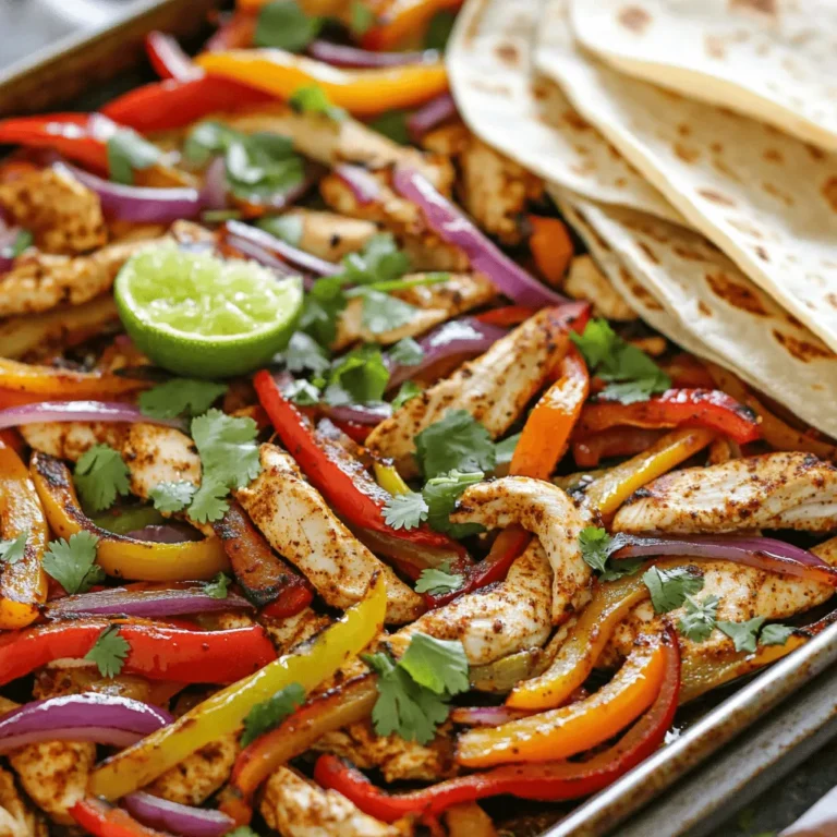 To make tasty sheet pan chicken fajitas, you need fresh and simple ingredients. Here’s the list: - 1.5 lbs boneless, skinless chicken breasts, sliced into thin strips - 2 bell peppers (any colors), sliced into strips - 1 large red onion, sliced into strips - 3 tablespoons olive oil - 2 teaspoons chili powder - 1 teaspoon cumin - 1 teaspoon garlic powder - 1 teaspoon smoked paprika - 1/2 teaspoon salt - 1/2 teaspoon black pepper - Juice of 1 lime - Fresh cilantro for garnish - Warm tortillas (for serving) These ingredients create a great mix of flavors. The chicken brings protein, while the bell peppers and onion add color and crunch. The spices give depth and warmth to each bite. You can find the full recipe at [Full Recipe]. Enjoy crafting these delicious fajitas! First, you need to preheat your oven to 425°F (220°C). This high heat helps the chicken and veggies cook quickly and evenly. While the oven warms up, grab a large bowl. In this bowl, combine the sliced chicken, bell peppers, and onion. The colors of the peppers make the dish look nice. Drizzle three tablespoons of olive oil over the mix. This helps the spices stick and adds flavor. Next, it’s time to add some spice! In a small bowl, mix two teaspoons of chili powder, one teaspoon of cumin, one teaspoon of garlic powder, one teaspoon of smoked paprika, half a teaspoon of salt, and half a teaspoon of black pepper. This blend gives your fajitas a tasty kick. Sprinkle this mix over your chicken and veggies. Toss everything well until it is coated. You want every piece to taste great! Now, spread the seasoned chicken and veggies in a single layer on a large sheet pan. Make sure not to overcrowd the pan. This helps everything cook evenly. Bake in the oven for 20 to 25 minutes. Check that the chicken is cooked through and the veggies are tender. When it's done, take out the pan and squeeze fresh lime juice over the top. This adds a zesty flavor that brightens everything up. Garnish with fresh cilantro before serving. Serve hot with warm tortillas. Let everyone build their own fajitas for a fun meal! For the full recipe, check here: [Full Recipe]. You can make fajitas your own by adding your favorite toppings. Try cheese, avocado, or sour cream. You can also switch the veggies. Zucchini, mushrooms, or corn work well. For a spicy kick, add jalapeños or hot sauce. The key is to mix flavors you love. To get juicy chicken and veggies, spread them in a single layer on the pan. This helps them cook evenly and brown nicely. Keep an eye on the oven. Cooking times can vary. Use a meat thermometer to check the chicken. It should reach 165°F (74°C). Let the fajitas rest for a few minutes after baking. This makes them more tender. Fajitas are great for meal prep. You can chop the chicken and veggies ahead of time. Store them in the fridge for up to two days. This makes cooking easy on busy nights. You can even freeze the seasoned mixture. Just thaw it in the fridge before cooking. This saves time and makes dinner a breeze. For the full recipe, check out the main article. {{image_2}} You can swap out the chicken for other proteins to mix things up. Try shrimp for a quick meal. Just toss them on the pan for about 10 minutes. You can also use beef or pork strips. Just make sure to cut them thin, so they cook evenly. Each protein brings its own taste and texture, making your fajitas unique. If you want a meat-free option, go for vegetarian fajitas. Replace the chicken with hearty veggies like mushrooms, zucchini, and eggplant. These veggies add great flavor and texture. Toss in some black beans for protein. Use the same spices to keep the flavor rich and satisfying. You can add extra flavor with simple tweaks. Try adding corn, diced tomatoes, or even jalapeños for heat. Fresh herbs like oregano or thyme can add a nice twist. You can also use lime zest for a bright finish. Experiment with different spices, like paprika or cayenne, to find your perfect mix. The more you add, the more your fajitas come alive! To keep your fajitas fresh, let them cool first. Place the leftovers in an airtight container. Store them in the fridge for up to three days. Make sure not to crowd the container, as this can make them soggy. Reheat your fajitas in the oven or on the stove. If using the oven, preheat to 350°F (175°C). Place the fajitas on a baking sheet and cover with foil. Heat for about 10-15 minutes. If you choose the stove, use a non-stick pan. Heat on medium and stir until warm. You can freeze the fajitas for later meals. Place cooled leftovers in a freezer-safe bag or container. Press out as much air as you can before sealing. They can last for about two months in the freezer. To eat, thaw in the fridge overnight and reheat as mentioned above. For the best taste, try to eat them within a month. You’ll love how easy it is to enjoy your Sheet Pan Chicken Fajitas again! You can use many proteins instead of chicken. Shrimp, beef, or turkey work great. Tofu is a good choice for a vegetarian option. If you choose beef, flank steak is a tasty option. For shrimp, make sure they are peeled and deveined. Keep the spice mix the same for all options. This way, you keep that classic fajita flavor. Cook chicken fajitas in the oven for 20 to 25 minutes. Preheat your oven to 425°F (220°C). Check that the chicken reaches an internal temp of 165°F (74°C). This ensures it is safe and fully cooked. The veggies should be tender and slightly caramelized. This cooking time gives you juicy chicken and vibrant veggies. Yes, you can make Sheet Pan Fajitas ahead of time. Prep the chicken and veggies the night before. Store them in the fridge until you are ready to cook. This saves time on busy nights. You can also cook them and store leftovers. Just make sure to keep them in an airtight container. Reheat in the oven or microwave for quick meals. For the full recipe, check the instructions above and enjoy your tasty meal! You learned how to make tasty sheet pan fajitas using simple ingredients and easy steps. We discussed customizing your dish and tips for meal prep. Storing and reheating the leftovers make the meal last longer. You can enjoy fajitas with different proteins or veggies too. Don't be afraid to experiment and have fun. Cooking should be enjoyable. These fajitas can spice up any meal!