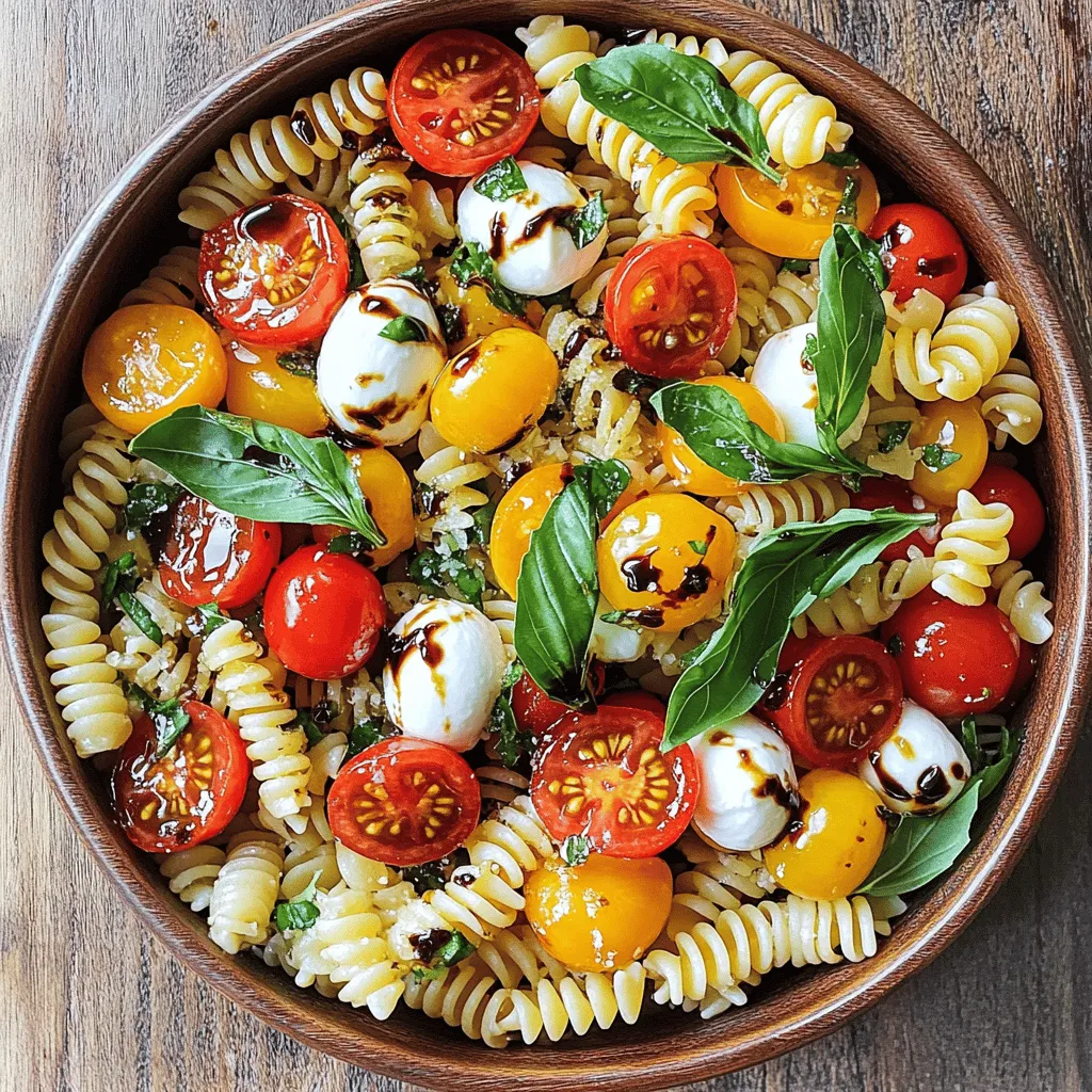 - 8 ounces rotini or penne pasta - 1 cup cherry tomatoes, halved - 1 cup mozzarella pearls (bocconcini) - 1 cup fresh basil leaves, torn - 3 tablespoons extra-virgin olive oil - 2 tablespoons balsamic glaze - 1 clove garlic, minced - Salt and pepper to taste - Optional: add avocado, olives, or grilled chicken for variations When making Easy Caprese Pasta Salad, you need fresh and simple ingredients. The main ingredients create a vibrant mix. I use rotini or penne pasta as my base. Their twisty shapes hold the dressing well. Cherry tomatoes add a burst of sweetness, and mozzarella pearls bring a creamy texture. Fresh basil leaves give it a lovely aroma and flavor. For the dressing, I blend olive oil and balsamic glaze. This adds a rich, tangy kick. A touch of minced garlic amps up the taste. Don't forget to season with salt and pepper to make it perfect. If you want to mix things up, consider adding avocado or olives. Grilled chicken also works well for some protein. These options let you customize your salad to your liking. For the full recipe, check here: [Full Recipe]. Start by boiling salted water in a large pot. Add 8 ounces of rotini or penne pasta. Cook the pasta until it is al dente, which usually takes about 8-10 minutes. Once done, drain the pasta in a colander. Rinse it under cold water to stop the cooking process. This helps keep the pasta firm and fresh. While the pasta cools, take 1 cup of cherry tomatoes. Halve them to release their juicy goodness. Next, tear 1 cup of fresh basil leaves into smaller pieces. This adds a nice touch of flavor and aroma to the salad. In a large mixing bowl, combine the cooled pasta, halved cherry tomatoes, 1 cup of mozzarella pearls, and the torn basil leaves. Gently mix everything together. This step is where the colors and flavors come together beautifully. In a small bowl, whisk together 3 tablespoons of extra-virgin olive oil, 2 tablespoons of balsamic glaze, and 1 minced garlic clove. Add a pinch of salt and a dash of pepper. Mix until everything is well combined. This dressing adds a rich and tangy flavor to your salad. Pour the dressing over your salad mixture. Toss everything gently to coat the pasta and veggies evenly. Let the salad chill for at least 30 minutes in the fridge. This allows the flavors to blend and develop. After chilling, serve it cold or at room temperature for a refreshing dish. Enjoy your Easy Caprese Pasta Salad! For a full recipe, check the [Full Recipe]. To make your Easy Caprese Pasta Salad shine, start with fresh ingredients. Fresh basil, ripe tomatoes, and creamy mozzarella bring out the best taste. Adjust the salt and pepper according to your personal preference. This simple step can elevate your dish from good to great. Chilling the salad is key for enhancing the flavors. It helps the ingredients meld together. For easy entertaining, prepare the salad ahead of time. This way, you can focus on enjoying your time with guests instead of rushing in the kitchen. This salad is versatile and pairs well with grilled meats. It can also serve as a refreshing side dish. Feel free to serve it at picnics, parties, or as a light meal. With its bright colors and fresh taste, it’s sure to impress. For the full recipe, see above. {{image_2}} You can make your Caprese pasta salad even better by adding more veggies. Try including bell peppers for a sweet crunch. Cucumbers add a cool bite. Spinach brings a lovely green color and boosts nutrition. Mix and match these veggies to find your favorite blend. Want to change up the flavor? Experiment with a lemon vinaigrette. This bright dressing adds a zesty kick. Pesto is another great option. Its rich taste pairs perfectly with the fresh ingredients. You can switch things up based on your mood or what you have at home. You can serve this salad in different ways too. Turn it into a Caprese pasta bake for a warm dish. Just mix everything in a baking dish and bake until bubbly. Or, try serving it in lettuce wraps for a fun twist. This makes a great appetizer or light meal option. For the full recipe, check out the Easy Caprese Pasta Salad section. Store your Caprese pasta salad in an airtight container in the refrigerator. This keeps it fresh and safe to eat later. Make sure the lid seals tightly to prevent any air from getting in. For the best taste, eat the salad within 2-3 days. After that, the flavors might fade and the ingredients can lose their crunch. Keeping track of the days helps you enjoy it at its best. Freezing this salad is not recommended. The tomatoes and mozzarella may change texture after thawing. This change can affect the overall taste and feel of your dish. Enjoy it fresh for the best experience! For the full recipe, you can check out the Easy Caprese Pasta Salad. Yes, it's best if allowed to sit in the fridge for 30 minutes to an hour before serving. This chilling time helps all the flavors mix well. You can prepare it in advance and save time on busy days. Just keep it covered in the fridge. Rotini or penne works best due to their ability to hold the dressing. Their shape grabs the sauce and other ingredients. This makes every bite packed with flavor. I love using rotini for its fun, twisty shape. It adds a nice touch to the salad. Substitute mozzarella with vegan cheese or skip it altogether for a vegan option. You can use a nut-based cheese or tofu for creaminess. This way, you keep the salad tasty without dairy. Fresh herbs and ripe tomatoes still shine in this version. Yes, grilled chicken or shrimp can make it more filling. Adding protein turns this salad into a complete meal. You can also use chickpeas for a plant-based option. Just mix them in with the other ingredients for a hearty dish. This blog post covered a bright and tasty Caprese pasta salad. You learned the main ingredients, like rotini pasta, cherry tomatoes, and mozzarella. I walked you through step-by-step instructions for cooking and mixing it all together. You also found helpful tips for great flavor and suggestions for custom extras. Now, you can enjoy this salad at home or impress guests. It's easy, fresh, and full of flavor. Don't forget to try different variations for even more fun!