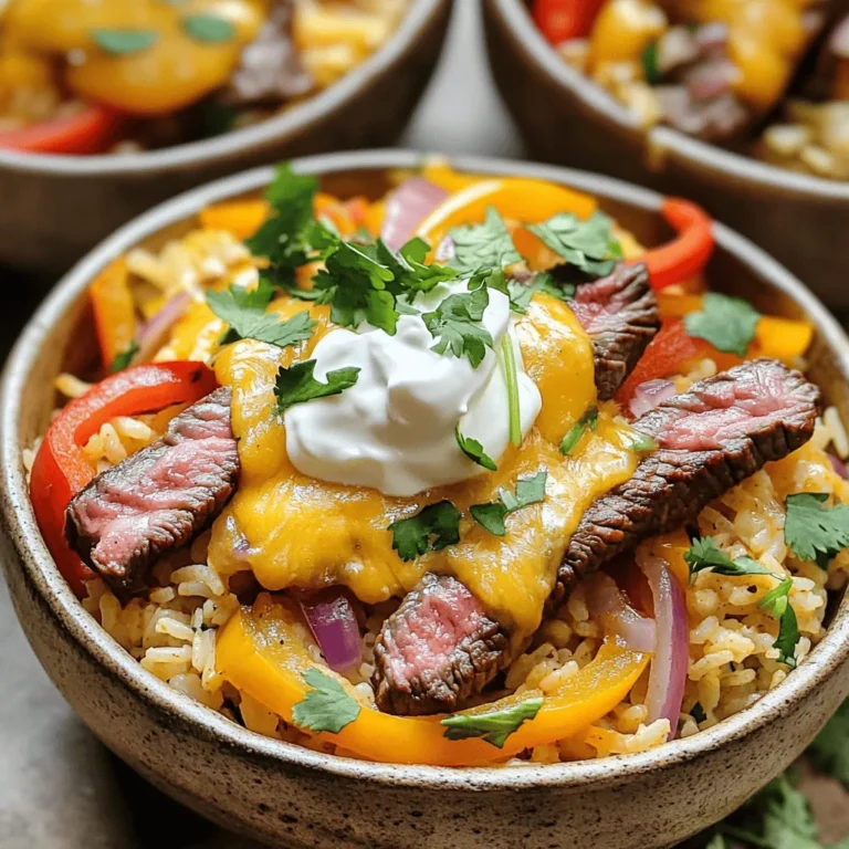 Here is what you need to prepare Queso Rice with Steak Strips: - 1 cup long-grain rice - 2 cups beef broth - 1 tablespoon olive oil - 1 pound flank steak, cut into thin strips - 1 tablespoon taco seasoning - 1 cup queso blanco cheese, shredded - 1 cup bell peppers (mixed colors), sliced - ½ cup red onion, sliced - 2 cloves garlic, minced - Salt and pepper to taste - Fresh cilantro, chopped (for garnish) - Sour cream (for serving) Gather these ingredients before you start. Each one plays a key role in making this dish tasty and fun. The long-grain rice gives a nice texture. Beef broth adds depth to the flavor. Flank steak brings a hearty element, while taco seasoning adds a kick. The queso blanco cheese melts beautifully, making everything creamy. Fresh veggies like bell peppers and red onion add color and crunch. Don't forget the garlic for extra flavor! Fresh cilantro and sour cream are perfect for finishing touches. If you want to see how to combine all these ingredients, check out the Full Recipe. To start, heat 2 cups of beef broth in a medium saucepan over medium heat. Once it’s hot, add 1 cup of long-grain rice. Bring the mix to a boil. After that, reduce the heat to low and cover the pot. Let the rice simmer for 18-20 minutes. When ready, the rice should be tender and the broth fully absorbed. While the rice cooks, it’s time to get the steak ready. Take 1 pound of flank steak, cut it into thin strips. Season it with 1 tablespoon of taco seasoning, plus salt and pepper to taste. In a large skillet, heat 1 tablespoon of olive oil over medium-high heat. Add the steak strips and cook for 3-4 minutes. You want them browned and cooked to your liking. Once done, remove the steak from the skillet and set it aside. Next, let’s add some color and flavor. In the same skillet, toss in 1 cup of mixed bell peppers, ½ cup of sliced red onion, and 2 cloves of minced garlic. Cook them for about 5 minutes. You want the veggies to be tender and fragrant. Now, let’s bring it all together. Once the rice is cooked, fluff it with a fork. Mix in the sautéed vegetables and 1 cup of shredded queso blanco cheese. Stir until the cheese melts and combines well with the rice. Finally, return the cooked steak strips to the skillet. Mix everything together until it’s all combined. Adjust the seasoning with extra salt and pepper if needed. For the full recipe, check the instructions above. Using homemade taco seasoning makes this dish shine. You can mix chili powder, cumin, garlic powder, and paprika for a great taste. Adjust the spice to fit your liking. Choosing the right queso cheese is also key. Queso blanco melts well and adds creaminess. You can also try cheddar for a sharper taste. Mixing cheeses can create a unique flavor. Adjusting the doneness of the steak is important. For medium-rare, cook for about 3 minutes on each side. If you prefer it more cooked, extend the time. Always let the steak rest before slicing for juiciness. Adding spices to taste can elevate your dish. A pinch of cayenne or black pepper adds warmth. Taste as you go to find your perfect mix. For serving suggestions, use deep bowls to showcase the rice. Layer the rice, steak, and veggies for a colorful look. For garnishing ideas, sprinkle fresh cilantro on top. A dollop of sour cream adds creaminess and tang. You can also add sliced jalapeños for extra flair. Check out the Full Recipe for more details on making this dish! {{image_2}} You can make Queso Rice without steak. Use tempeh or mushrooms instead of steak. Tempeh gives a nice texture and absorbs flavors well. Mushrooms add a savory taste that enhances the dish. Swap out beef broth for vegetable broth to keep it vegetarian. This change still adds depth to the flavor. While queso blanco is great, you can try other cheeses. Cheddar brings a sharp taste that many love. Pepper jack adds a spicy kick. You can mix different cheeses for more flavor. Combining cheeses can create a creamy and rich taste that delights your palate. Want more heat? Add jalapeños or hot sauce to the mix. This gives your dish a nice kick. If you prefer a milder taste, simply skip spicy seasonings. Adjust the spice level to fit your taste. You can make it as fiery or mild as you like. To store leftover queso rice with steak strips, place it in an airtight container. Let the dish cool to room temperature first. This helps keep it fresh. You can store it in the fridge for up to three days. To prevent spoilage, make sure to seal it well. When you're ready to eat your leftovers, use a microwave or stovetop. If using a microwave, cover the dish with a damp paper towel. This keeps the rice moist. Heat it in short bursts, stirring between each one. On the stovetop, add a splash of beef broth to prevent drying out. Heat over medium-low, stirring gently until warm. To freeze queso rice with steak strips, portion it into freezer-safe bags or containers. Remove as much air as possible before sealing. This helps prevent freezer burn. You can freeze it for up to three months. When ready to eat, thaw it overnight in the fridge. Reheat it gently using the stovetop method for the best texture. For the full recipe, check out the Queso Rice with Steak Strips recipe! Queso Rice with Steak Strips takes about 35 minutes. You spend 10 minutes prepping the ingredients and 25 minutes cooking. This quick time makes it a great weeknight meal. Yes, you can make it in advance. Cook the rice and steak, then store them separately. When ready to eat, just reheat and combine. This makes meal prep easy and saves time. You can serve it with several tasty sides. Here are a few ideas: - Black beans for added protein - A fresh salad for crunch - Tortilla chips for a fun crunch These sides make your meal more complete and satisfying. Yes, this dish can be gluten-free. Just make sure to use gluten-free beef broth and taco seasoning. Always check labels to ensure no hidden gluten. This way, everyone can enjoy this delicious meal. In this post, we covered a tasty recipe for Queso Rice with Steak Strips. You learned about ingredients, step-by-step cooking, and ways to enhance flavors. We talked about variations for different diets and shared storage tips for leftovers. This dish is fun to make and easy to share. You can impress friends and family with your new skills. Enjoy this recipe and make it your own with your favorite flavors!