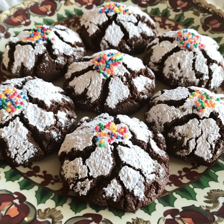 - 1 cup all-purpose flour - 1/2 cup unsweetened cocoa powder - 1 teaspoon baking powder - 1/4 teaspoon salt - 1/2 cup granulated sugar - 1/2 cup brown sugar, packed - 1/3 cup vegetable oil - 2 large eggs - 1 teaspoon vanilla extract - 1/2 cup powdered sugar (for dusting) - Optional: 1/4 teaspoon peppermint extract Role of Flour and Cocoa Powder Flour gives the cookies structure. It helps them hold their shape. Cocoa powder adds rich chocolate flavor. It turns our treats into a delightful chocolatey experience. Importance of Sugars in Flavor Granulated sugar sweetens cookies and helps them spread. Brown sugar adds moisture and a hint of caramel. Together, they create the perfect balance of sweetness and depth. Why Use Baking Powder? Baking powder makes cookies rise and become soft. It helps create those lovely cracks on top. This gives our cookies their signature crinkle look and a light texture. These ingredients blend to create the perfect Christmas Crinkle Cookies. You can find the full recipe above, where it guides you step by step to achieve these festive treats. 1. Preheat your oven to 350°F (175°C). Line a baking sheet with parchment paper. 2. In a medium bowl, mix the flour, cocoa powder, baking powder, and salt. Whisk until blended. Set this aside. 3. In a large bowl, combine granulated sugar, brown sugar, and vegetable oil. Mix until smooth. Add eggs one by one, stirring well after each. Finally, blend in the vanilla extract. 1. Chill the dough in the fridge for about 30 minutes. This step helps it firm up for easier rolling. 2. Once chilled, scoop tablespoon-sized portions of dough. Roll them into tight balls. 1. Place each dough ball on the baking sheet about 2 inches apart. 2. Bake for 10-12 minutes. Look for cracks on top. The edges should be set, and the middle soft. 3. Allow the cookies to cool on the sheet for a few minutes. Then, move them to a wire rack to cool completely. These steps guide you to perfect Christmas crinkle cookies. If you want the full recipe, check the earlier section. Enjoy your baking! Avoiding Overmixing Mixing too much can ruin your cookies. When you combine the wet and dry ingredients, mix just until you see no flour. This keeps them soft and chewy. Overmixing adds too much air, which can make them cakey. Adjusting for Altitude and Humidity If you live at a high altitude, you may need to change your recipe. You might need less baking powder. In humid areas, the dough can be too sticky. Adding a bit more flour can help. Always check the cookie dough's texture. Using Room Temperature Ingredients Using room temperature eggs and oil helps the dough mix well. Cold ingredients can make it hard to blend. Take your eggs out of the fridge an hour before you bake. This little step can make your cookies turn out better. Dusting with Powdered Sugar Dusting cookies with powdered sugar gives them a festive look. Do this right after they cool. Use a small sieve for an even coat. It looks like a light snow covering on your cookies. Adding Sprinkles or Drizzles Sprinkles add color and fun. Choose holiday-themed colors for the best effect. You can also drizzle melted chocolate on top for extra sweetness. This adds a special touch to your treats. Creative Presentation Tips Arrange the cookies on a pretty plate to impress your guests. You can stack them high or lay them flat. Place some festive decorations around the cookies for a nice touch. A few pinecones or holly leaves can make your display pop. Incorporating Flavor Variations Want something different? Try adding mint or orange zest. A little peppermint extract gives a fresh twist. Orange zest adds a lovely, bright flavor. Experiment to find what you like best. Suggesting Additional Mix-ins Mix in chocolate chips or nuts for extra texture. You can use white chocolate chips for a sweet contrast. Chopped nuts like walnuts add crunch. These little changes can make your cookies unique. For the complete recipe, check out the Full Recipe section. {{image_2}} You can change up the flavor of your Christmas Crinkle Cookies. One fun option is to add peppermint extract. Just use 1/4 teaspoon for a minty twist. This gives your cookies a fresh, festive taste that everyone loves. Another great idea is to add orange zest. Zest from one orange adds a bright flavor. It pairs well with chocolate and makes the cookies feel more special. If you need gluten-free cookies, swap the all-purpose flour. Use a gluten-free flour blend instead. This works well and keeps the cookies soft. For a vegan option, replace the eggs. Use 1/4 cup of unsweetened applesauce for each egg. You can also use a plant-based oil instead of vegetable oil. This way, everyone can enjoy these treats. You can make your cookies even more festive with some seasonal ingredients. Try adding chopped nuts or dried fruit. These add great texture and taste. For decoration, dust the cookies with powdered sugar. You can also add colorful sprinkles. This makes them look bright and fun on your holiday table. For the full recipe, check out the [Full Recipe]. Store your Christmas crinkle cookies at room temperature. Use an airtight container to keep them fresh. This way, they stay soft and chewy. If you keep them in the fridge, they may dry out. These cookies last about a week at room temperature. For longer freshness, freeze them. Flash-freezing is a great way to save cookies. First, place your cookies on a baking sheet, spaced apart. Freeze them for about an hour until firm. Then, transfer them to a freezer bag. Remove as much air as possible before sealing. When you want to enjoy them, just reheat in the oven at 350°F for about 5–7 minutes. They will taste fresh! Creative packaging makes cookie gifts special. Use festive boxes or clear bags tied with ribbons. You can also layer cookies with parchment paper in tins. This keeps them fresh and adds charm. Make sure to mention the cookie type on the tag. Your friends will love this tasty, thoughtful gift! You can tell when the cookies are done by looking for cracks on top. They should be set around the edges but still soft in the center. A light touch will help; if they spring back, they are ready. This usually takes about 10 to 12 minutes at 350°F (175°C). Yes, you can make the dough ahead of time. After mixing, chill the dough in the fridge for up to 24 hours. This will help the flavors meld together and make it easier to handle. Just let it sit at room temperature for a few minutes before rolling. Store leftover cookies in an airtight container at room temperature. They will stay fresh for about a week. If you want to keep them longer, place them in the fridge. Just remember to let them come back to room temperature before enjoying. You can use different types of sugar. Brown sugar adds moisture and a rich flavor, while granulated sugar gives a nice crisp. You might also try coconut sugar for a unique taste. Just keep the same amounts for best results. To prevent spreading, chill the dough before baking. This keeps the butter from melting too fast. Also, make sure to measure your flour correctly. Too little flour can cause spreading as well. Rolling the dough balls and placing them well spaced on the sheet helps too. We've explored the key ingredients and steps for making festive Christmas crinkle cookies. Understanding these elements helps you create delicious treats for any holiday gathering. Remember to chill the dough and watch for perfect baking signs. Try different flavors and toppings to make these cookies uniquely yours. With proper storage, they’ll stay fresh and delightful. Enjoy sharing your tasty creations with family and friends this season!