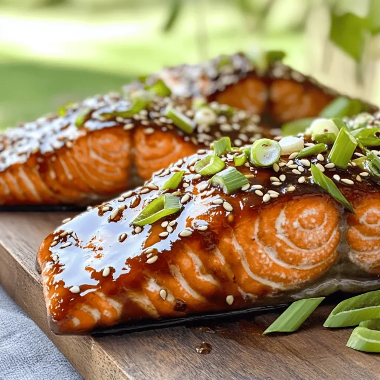 To make Minute Teriyaki Salmon, you need a few key ingredients. Here’s what you’ll want to gather: - 2 salmon fillets (approx. 6 oz each) - ¼ cup low-sodium soy sauce - 2 tablespoons honey or maple syrup - 1 tablespoon rice vinegar - 1 tablespoon sesame oil - 1 teaspoon grated fresh ginger - 2 cloves garlic, minced - 1 teaspoon cornstarch (optional for thickening) - 2 tablespoons water (for cornstarch) - 1 tablespoon sesame seeds (for garnish) - 2 green onions, finely sliced (for garnish) These ingredients make a delicious teriyaki sauce and perfect salmon. They combine sweet and savory flavors, which everyone loves. Sometimes, you may not have all the ingredients. Here are some easy swaps: - Salmon fillets: You can use trout or another fish. - Low-sodium soy sauce: Try tamari for gluten-free or coconut aminos for less salt. - Honey or maple syrup: Use agave nectar or brown sugar if needed. - Rice vinegar: Apple cider vinegar works well, too. These substitutions keep your dish tasty while using what you have on hand. Want to add more flavor? Here are some optional ingredients you can use: - Chili flakes: For a spicy kick, sprinkle some on top. - Sesame seeds: They add a nice crunch and nutty taste. - Lime juice: A splash can brighten the dish. - Fresh herbs: Use cilantro or parsley for a fresh touch. Feel free to get creative! These extras can elevate your Minute Teriyaki Salmon and make it even more exciting. Check the Full Recipe for all steps to make this dish. Start by gathering your ingredients. You need low-sodium soy sauce, honey or maple syrup, rice vinegar, sesame oil, grated ginger, and minced garlic. In a small bowl, whisk them together until you have a smooth mix. If you want a thicker sauce, mix cornstarch with water first. Then, add it to your sauce mix. This step helps create a nice glaze for the salmon. Heat a non-stick skillet over medium-high heat. When the skillet is hot, place the salmon fillets in it, skin-side down. Cook them for about 3-4 minutes until the skin gets crispy. Next, flip the fillets carefully. Pour your teriyaki sauce over the salmon. Let it cook for another 3-4 minutes. Baste the salmon with the sauce as it cooks. The fish should be tender and cooked through. After cooking, take the salmon out of the skillet and let it rest for a minute. Meanwhile, let the teriyaki sauce simmer for one more minute. This helps the flavors blend well. When ready, place the salmon fillets on a plate. Drizzle some of the teriyaki sauce on top. Finally, garnish with sesame seeds and finely sliced green onions. These add a nice crunch and color to your dish. For the full recipe, check the details above. To get crispy salmon skin, start with dry skin. Pat it with a paper towel before cooking. Heat your pan well, then add the salmon skin-side down. This quick cooking helps crisp it up fast. Avoid moving the salmon too much. Let it cook for about three to four minutes. When the skin turns golden brown, it’s ready to flip. A hot pan is key to that perfect crunch. Flipping salmon can be tricky. Use a wide spatula for support. Slide it under the fillet gently. Flip it quickly to keep the skin intact. If you notice the salmon is sticking, give it more time to cook before flipping. When the salmon lifts easily from the pan, it is ready to turn. This method helps keep the salmon moist and tender. Marinades are a great way to boost flavor. The key to a good teriyaki marinade is balance. Use soy sauce for saltiness, honey or maple syrup for sweetness, and rice vinegar for tang. Add ginger and garlic for a punch of flavor. Let the salmon marinate for at least 15 minutes. If you have more time, an hour or so is even better. Don't forget to reserve some marinade for basting while cooking. This keeps the salmon juicy and flavorful. For the full recipe, check [Full Recipe]. {{image_2}} You can use more than just salmon for teriyaki. Fish like tuna, tilapia, or halibut work great. Each fish brings its own taste and texture. Tuna has a meaty feel and holds the sauce well. Tilapia is mild and cooks quickly. Halibut is thick and flaky, making it a great choice too. Just adjust the cooking time based on the fish thickness. If you want a plant-based meal, try using tofu. Firm tofu absorbs flavors well. Start by pressing the tofu to remove excess water. Cut it into cubes or slices and marinate it in the teriyaki sauce for about 30 minutes. Cook it in the same skillet until golden brown. This gives you a tasty, vegetarian alternative that pairs nicely with rice or veggies. You can add spices or veggies for extra flavor. Try adding a pinch of red pepper flakes for heat. You can also add green bell peppers, broccoli, or snap peas. Just toss them in the skillet before the salmon. This creates a colorful dish with added nutrients. You can change the recipe each time to keep it fun and exciting! For more ideas, check the Full Recipe for Minute Teriyaki Salmon. After you enjoy your Minute Teriyaki Salmon, store leftovers in an airtight container. This keeps the salmon fresh and tasty. Let the salmon cool to room temperature before sealing it up. If you leave it too warm, it can create steam and make the fish soggy. Use leftovers within three days for the best flavor. When you're ready to heat up your salmon, avoid the microwave if you can. Microwaving can make the fish dry and rubbery. Instead, place the salmon in a non-stick skillet over low heat. Cover it with a lid to keep moisture in. Heat for about five minutes, or until warmed through. You can also use the oven; wrap it in foil and bake at 300°F for 10 minutes. This method keeps the salmon tender. Store cooked salmon in the fridge for up to three days. If you want to keep it longer, freezing is your best option. Place the salmon in a freezer-safe bag and remove as much air as possible. Frozen salmon can last up to three months. When you're ready to eat it, thaw it in the fridge overnight. This helps maintain its flavor and texture. For the full recipe, check the section above. Cooking salmon usually takes about 8 to 10 minutes. When you cook it in a skillet, it can be even quicker. With Minute Teriyaki Salmon, you cook it for just 3-4 minutes on each side. The salmon will be tender and flaky when done. Yes, you can make teriyaki sauce in advance. Just mix all the ingredients together and store it in the fridge. It stays fresh for about a week. This makes your cooking even faster when you are ready to eat. You can serve Minute Teriyaki Salmon with a variety of sides. Here are some great options: - Steamed rice - Quinoa - Stir-fried vegetables - A fresh salad - Noodles These sides will balance the flavors of the salmon and create a complete meal. For the Full Recipe, check out the entire process for cooking this dish! This blog post covered how to make Minute Teriyaki Salmon. We talked about essential ingredients, substitutions, and extra flavors to try. I shared step-by-step cooking instructions and helpful tips for great results. You learned about variations, storage info, and answered common questions. In conclusion, teriyaki salmon is simple and fun to make. Enjoy experimenting with flavors and sharing this dish. You can create a meal your family will love.