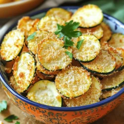 To make crispy air fryer zucchini chips, you need a few simple items. Here’s what you will need: - 2 medium zucchinis - 1 cup breadcrumbs (panko suggested) - 1/2 cup grated Parmesan cheese - 1 teaspoon garlic powder - 1 teaspoon onion powder - 1/2 teaspoon paprika - Salt and pepper to taste - 1/4 cup olive oil (or cooking spray for a lighter version) These ingredients work together to create a tasty snack that is both crunchy and flavorful. The zucchinis provide a fresh base, while the breadcrumbs and cheese add the perfect crunch and savory taste. The spices enhance the flavor, making each bite exciting. Using panko breadcrumbs will give your chips an extra crispy texture, which I highly recommend for the best results. For the oil, you can use olive oil for a richer taste, or opt for cooking spray if you're looking for a lighter option. The combination of these ingredients makes it easy to enjoy a healthy treat at home. Check out the Full Recipe for complete cooking instructions! Start by preheating your air fryer to 375°F (190°C). This step helps the chips cook evenly. Preheating ensures a nice crisp texture, which we all love in zucchini chips. Next, take your two medium zucchinis. Slice them into thin rounds, about 1/8 inch thick. You can use a sharp knife or a mandoline for even slices. Thin slices cook better and become crispier. In a large bowl, mix the breadcrumbs, Parmesan cheese, garlic powder, onion powder, paprika, salt, and pepper. This mix adds flavor to each chip. Drizzle olive oil over the zucchini slices. Toss until they are coated. Now, dip each slice into the breadcrumb mixture. Press gently to make sure the crumbs stick. Arrange the coated zucchini slices in a single layer in the air fryer basket. Avoid overcrowding to allow hot air to circulate. Cook them for 10-12 minutes, flipping halfway through. When they turn golden brown and crispy, they are ready. After cooking, let the chips cool for a few minutes. They will get even crisper as they cool. For the full recipe, you can always refer to the link provided earlier. Enjoy your crunchy zucchini chips! To get that perfect crunch, slice your zucchinis thin. Aim for about 1/8 inch thick. This lets them cook evenly. If they are too thick, they won't crisp up well. I like using a mandoline for uniform slices. Also, make sure your air fryer is preheated. This step helps the chips cook faster and crispier. Don’t hold back on flavor! Add more spices to your breadcrumb mix. Try cayenne pepper for heat or herbs like oregano and thyme. You can also use lemon zest for a fresh twist. Feel free to experiment! Mix and match until you find your favorite blend. The more flavor you add, the tastier your chips will be. Avoid overcrowding the air fryer basket. Lay the zucchini slices in a single layer. If they touch or stack, they won’t cook right. Cook in batches if needed. Flip the chips halfway through cooking. This ensures both sides get nice and crispy. Following these tips will give you perfect, crunchy chips every time. Explore more in the Full Recipe! {{image_2}} You can easily change the flavor of your zucchini chips. Try adding spices like cayenne pepper for heat or Italian herbs for a savory kick. Mixing in some cumin can give it a warm, earthy taste. Just remember to adjust the salt when adding new spices. This lets you personalize your chips to match your mood or meal. If you need a gluten-free option, use almond flour or crushed nuts instead of breadcrumbs. This keeps the chips crunchy and adds a nice nutty flavor. You can also use cornmeal for a different texture. Just sprinkle it on the zucchini slices after you coat them in oil. This will create a delightful crunch. Zucchini chips are great on their own, but they pair well with dips. Try serving them with ranch dressing or a spicy sriracha mayo for a tasty twist. You can also use them as a side with sandwiches or burgers. For a snack platter, mix them with other chips or fresh veggies for a fun, colorful spread. Enjoy making your crispy air fryer zucchini chips! Check out the Full Recipe for more details. To keep your crispy air fryer zucchini chips fresh, store them in an airtight container. Use parchment paper to separate layers if you stack them. This helps prevent them from getting soggy. Keep the container in a cool, dry place. Avoid storing them in the fridge, as moisture can ruin their crunch. Crispy air fryer zucchini chips can last for about 2 to 3 days when stored properly. After this time, they may lose their crisp texture. If you notice them getting soft, it’s best to eat them soon. For longer storage, you can freeze them, but they won’t be as crispy when thawed. To reheat your zucchini chips, use the air fryer again. Set it to 350°F (175°C) and cook for about 3 to 5 minutes. This will help bring back their crunch. You can also use an oven. Place them on a baking sheet and heat at 350°F (175°C) for 5 to 7 minutes. Avoid microwaving, as this will make them soggy. To make air fryer zucchini chips crispy, slice the zucchini thinly. Aim for about 1/8 inch. This helps them cook evenly. Next, coat them lightly with olive oil. The oil helps the breadcrumbs stick, which adds crunch. Use panko breadcrumbs for extra crispiness. Arrange the slices in a single layer in the air fryer basket. Avoid overcrowding to allow hot air to circulate. Cook at 375°F for 10 to 12 minutes, flipping halfway. This gives you a golden brown, crispy chip. Yes, you can use many different vegetables for air frying. Carrots, sweet potatoes, and eggplant work great too. Just cut them into similar thin slices. For best results, adjust cooking times based on the vegetable. Harder veggies may need longer cooking times. Softer veggies, like bell peppers, may cook faster. Experiment with your favorites to find the best taste and texture. If you don’t have breadcrumbs, don’t worry! You can use crushed crackers or cornmeal as a substitute. Ground nuts like almonds or walnuts can add a yummy crunch too. Just make sure to season them well. You can also make your own breadcrumbs by toasting and crushing bread. This way, you control the flavor and texture. You learned how to make tasty air fryer zucchini chips. We covered the key ingredients, from zucchini to panko. I shared step-by-step instructions for perfect cooking. Tips helped you get that crispy texture and extra flavor. You can try fun variations and discover smart storage tips too. Remember, air frying is not just easy; it makes veggies yummy. Enjoy making these chips and share them with friends. Your kitchen adventures are just starting!