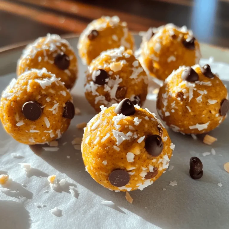 The base of these energy bites is simple yet tasty. Here’s what you need: - 1 cup rolled oats - ½ cup almond butter or peanut butter - ½ cup canned pumpkin puree - ¼ cup honey or maple syrup - 1 teaspoon vanilla extract - 1 teaspoon pumpkin pie spice - ¼ teaspoon salt These ingredients blend together to create a rich and flavorful snack. The oats give you good energy. The nut butter adds creaminess and protein. Pumpkin puree brings moisture and flavor to the mix, while honey adds sweetness. To make your bites even more interesting, consider adding these: - ¼ cup mini chocolate chips - ¼ cup chopped nuts (walnuts or pecans) These options add fun textures and flavors. Chocolate chips can give a sweet surprise. Chopped nuts add a nice crunch. Each ingredient in these energy bites has its perks: - Rolled oats: High in fiber, they help keep you full. - Nut butter: Provides healthy fats and protein for energy. - Pumpkin: Packed with vitamins A and C, great for your immune system. - Honey: A natural sweetener that gives a quick energy boost. - Pumpkin pie spice: Contains beneficial spices like cinnamon and nutmeg, which have antioxidant properties. By using these ingredients, you create a snack that is not only tasty but also good for you. You can enjoy these bites knowing they fuel your body with nutrients. For the full recipe, check the earlier section. Start by gathering your ingredients for the pumpkin spice energy bites. In a large mixing bowl, combine the following: - 1 cup rolled oats - ½ cup almond butter or peanut butter - ½ cup canned pumpkin puree - ¼ cup honey or maple syrup - 1 teaspoon vanilla extract Mix these ingredients well. Stir until everything is nicely blended. Next, add: - 1 teaspoon pumpkin pie spice - ¼ teaspoon salt Mix again until the spice and salt are fully combined. If you like chocolate, fold in: - ¼ cup mini chocolate chips (optional) - ¼ cup chopped nuts (walnuts or pecans, optional) These will add flavor and crunch to your bites. After mixing, cover your bowl with plastic wrap or a lid. Place the bowl in the fridge for about 30 minutes. Chilling helps the mixture firm up. It makes the energy bites easier to shape later. Once the mixture is chilled, take it out of the fridge. Use your hands to scoop out small amounts. Roll the mixture into balls, about 1 inch in size. Place the formed bites onto a parchment-lined baking sheet or plate. If you want, you can roll the bites in shredded coconut or extra oats for a fun touch. You can enjoy the energy bites right away! Or, store them in an airtight container in the fridge for up to one week. For the full recipe, refer to the earlier section. When making Pumpkin Spice Energy Bites, start with a large bowl. This gives you room to mix well. Combine the rolled oats, almond butter, pumpkin puree, honey, and vanilla first. Use a sturdy spoon or spatula to blend everything. Make sure there are no dry spots. Mixing well helps the flavors blend. To keep your energy bites fresh, store them in an airtight container. Place them in the fridge right after making them. They will stay good for about a week. If you want them to last longer, you can freeze them. Just make sure to wrap them well. You can add extra ingredients to boost flavor. Try mini chocolate chips for sweetness or chopped nuts for crunch. If you like coconut, roll the bites in shredded coconut. For a more intense spice flavor, add a bit more pumpkin pie spice. This makes each bite even more delicious and fun! {{image_2}} To make nut-free pumpkin spice energy bites, simply swap out the nut butter. Use sunflower seed butter or soy nut butter instead. Both options give the same creamy texture. They also pack a punch of flavor. This way, everyone can enjoy these tasty bites without worry. You can easily make these energy bites vegan. Instead of honey, use maple syrup. It keeps the bites sweet and delicious. Replace the almond butter with a nut-free option for a great taste. This makes your snack both vegan and full of flavor. You can also play with the spice levels. If you love a strong flavor, add more pumpkin pie spice. You can even mix in ginger or nutmeg for a unique twist. For a hint of heat, try a pinch of cinnamon. These small changes can make your bites special and fun for any season. To keep your Pumpkin Spice Energy Bites fresh, use an airtight container. Store them in the fridge. This will help maintain their flavor and texture. You can enjoy them for up to a week this way. If you want to keep them longer, freezing is a great option. Freezing energy bites is simple and effective. After rolling them into balls, place them on a baking sheet. Make sure they are not touching each other. Freeze them for about one hour. Once they are firm, transfer them to a freezer-safe bag. Squeeze out the air to prevent freezer burn. They can last for about three months in the freezer. To keep your bites fresh, always check for signs of spoilage. If they smell off or feel sticky, it’s best to toss them. When stored properly, they should stay tasty. Enjoy your bites as a quick snack or a healthy treat anytime! For the full recipe, check the main section of this article. To make energy bites stick well, use enough binding ingredients. Almond butter or peanut butter works great. Honey or maple syrup adds sweetness and helps bind. If the mix feels too dry, add a bit more nut butter or syrup. The right balance creates a dough that holds together nicely. Yes, you can use fresh pumpkin! Just cook and puree it first. Make sure it is smooth and not watery. Canned pumpkin is thick and works well too. Both options give a lovely pumpkin taste. The energy bites are ready once you can easily roll them into balls. After chilling, they should feel firm but not hard. If they hold their shape without falling apart, you can enjoy them! You can swap almond butter for any nut or seed butter. Sunflower seed butter is a great nut-free choice. Instead of honey, use agave syrup or brown rice syrup for a vegan option. If you don’t have pumpkin pie spice, mix cinnamon, nutmeg, and ginger for a similar flavor. Check the [Full Recipe] for more details. In this post, we explored how to make pumpkin spice energy bites. We covered key ingredients, their benefits, and different variations. You learned simple steps to mix, chill, and form the bites. I also shared tips on storing them and keeping them fresh. These tasty snacks are fun to make and enjoy. They fit into any diet with easy swaps. Give these energy bites a try; they may become your new favorite treat!
