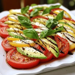 - 4 ripe tomatoes, sliced - 8 ounces fresh mozzarella, sliced - 1 cup fresh basil leaves - 3 tablespoons extra virgin olive oil - 1 tablespoon balsamic reduction - Sea salt, to taste - Freshly cracked black pepper, to taste To create the perfect Caprese salad, you need to source the best ingredients. Ripe tomatoes are key; look for ones that feel heavy and smell sweet. Fresh mozzarella should be soft and moist. I love to use buffalo mozzarella for its rich taste. Don’t forget to grab fragrant basil leaves. They add a burst of flavor. - 1 avocado, sliced For a fun twist, I add sliced avocado. It brings a creamy texture that pairs well with the bright flavors. The avocado makes each bite extra special. Plus, it adds healthy fats, making this dish even better for you. Remember, using fresh ingredients makes a huge difference. Always choose seasonal produce for the best taste. If you're ready to dive deeper into making this salad, check out the Full Recipe. First, wash the ripe tomatoes and fresh basil leaves. Make sure to remove any dirt. Next, slice the tomatoes into even rounds, about 1/4 inch thick. Do the same with the fresh mozzarella. Each slice should match in size for a great look. Place the sliced mozzarella next to the tomatoes. Now, gently arrange the fresh basil leaves. You want them to be ready for layering later. On a large serving platter, start layering the salad. Alternate the slices of tomato and mozzarella. Add a fresh basil leaf between each slice. This adds color and flavor. For a unique twist, place avocado slices between the layers. This adds a creamy texture that complements the other ingredients. Once all layers are set, drizzle extra virgin olive oil over the top. Use a light hand; you want flavor, not grease. Next, drizzle balsamic reduction in a zig-zag pattern across the salad. This adds a sweet tang that enhances the taste. Finally, sprinkle sea salt and freshly cracked black pepper over the entire dish. This simple step brings all the flavors together. Allow the salad to rest for about 10 minutes at room temperature. This wait helps meld the flavors beautifully. For the full recipe, check the Classic Caprese Salad with a Twist! To make a great Caprese salad, start with ripe tomatoes. Look for tomatoes that feel heavy and have a rich color. They should smell sweet and earthy. Fresh mozzarella is also key. Choose mozzarella that feels soft and creamy. A good quality mozzarella will make your salad shine. Don't forget fresh basil! Select bright green leaves without brown spots. Fresh basil adds a sweet, earthy flavor that pairs perfectly with the tomatoes and cheese. Serving matters as much as taste. Use a white platter for your salad. The bright colors of the tomatoes, mozzarella, and basil pop against the white. For extra flair, garnish with more basil leaves. You can also drizzle a bit of balsamic reduction on top. This adds not only taste but a beautiful visual appeal too. To learn more about making this dish, check out the Full Recipe for step-by-step guidance and tips to impress your guests! {{image_2}} You can change up your Caprese salad in fun ways. - Using different types of cheese: While fresh mozzarella shines, try burrata for creaminess or goat cheese for tang. Each cheese adds a new flavor to your dish. - Introducing seasonal vegetables: In summer, slices of ripe peaches or figs can add sweetness. They pair well with the salad's fresh flavors. Small changes can make big flavors. - Experimenting with different dressings: While olive oil and balsamic are classic, try a lemon vinaigrette for brightness or pesto for extra herb flavor. These dressings can change the whole feel of the salad. - Adding nuts for a crunch: Toss in toasted pine nuts or walnuts for texture. They add a lovely crunch and deepen the flavor. For a full recipe with these variations, check out the [Full Recipe]. Store any leftover Caprese salad in the fridge. Place it in an airtight container. This keeps the ingredients fresh for 1-2 days. To enjoy the best flavor, eat it soon. Tomatoes can get mushy if they sit too long. To prevent sogginess, separate the ingredients when storing. Keep the tomatoes, mozzarella, and basil in different containers. When ready to eat, combine them again. Drizzle with olive oil and balsamic reduction just before serving for the best taste. If you have leftover ingredients, you can use them in other dishes. Here are some fun ideas: - Tomatoes: Dice them for a fresh salsa or use in a pasta sauce. - Mozzarella: Add it to sandwiches or top on pizza. - Basil: Chop and mix into pesto or toss in a salad. - Avocado: Mash it for a creamy spread or add to tacos. These ideas help reduce waste and keep your meals exciting. Enjoy being creative in your kitchen! Caprese Salad comes from Italy, mainly from the island of Capri. It dates back to the early 1900s. The dish reflects the colors of the Italian flag: red, white, and green. Fresh tomatoes represent red, mozzarella symbolizes white, and basil adds green. This salad celebrates simple, fresh ingredients. It became popular for its bright flavors and beautiful look. Yes, you can prep some parts ahead of time. Slice the tomatoes and mozzarella a few hours before serving. Keep them in the fridge. You can wash and dry the basil leaves ahead too. However, I recommend adding the basil just before serving. This keeps it fresh and vibrant. Drizzle olive oil and balsamic reduction right before serving to avoid sogginess. Caprese Salad pairs well with many dishes. Try it with grilled chicken or fish for a light meal. It also goes great with crusty bread or bruschetta. For a picnic, pack it with pasta salad or a fresh green salad. You can even serve it as an appetizer before a main course. Enjoy these ideas to make your meal special! In this post, we explored the Caprese Salad, focusing on fresh tomatoes, mozzarella, and basil. We added a unique twist with avocado for extra creaminess. You learned how to prepare, assemble, and dress your salad like a pro. Plus, we shared tips for choosing great ingredients and fun variations to try. Remember, freshness matters for the best taste. With these steps, you can make a delicious salad ready for any occasion. Enjoy creating and sharing this simple yet delightful dish!
