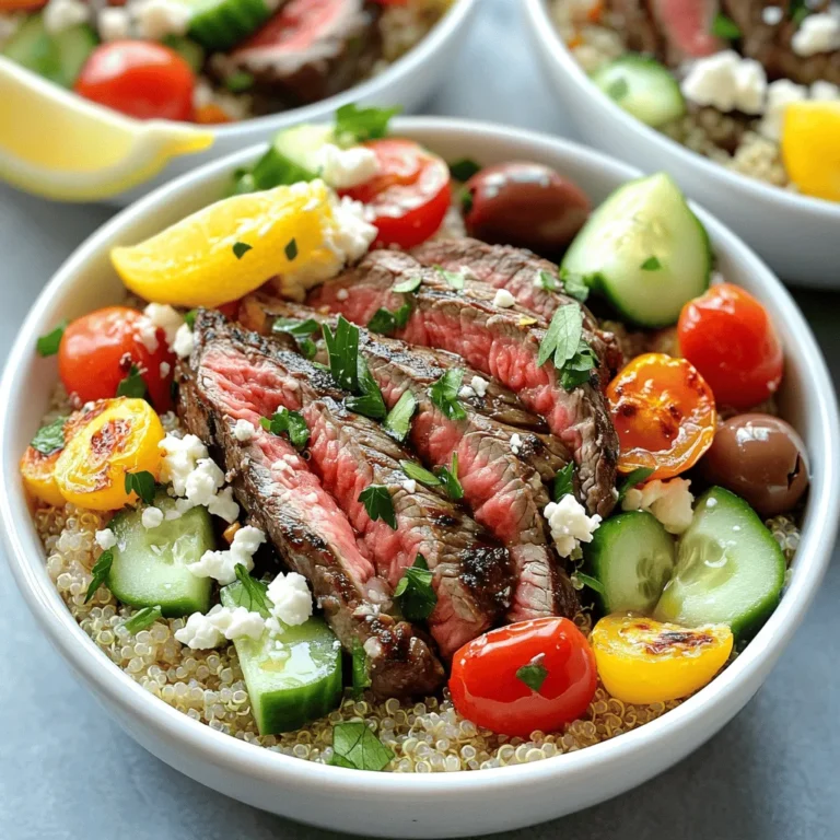 To make Mediterranean steak bowls, gather these key ingredients: - 1 lb flank steak or sirloin, thinly sliced - 2 tablespoons olive oil - 1 teaspoon garlic powder - 1 teaspoon paprika - Salt and pepper to taste - 1 cup cooked quinoa or couscous - 1 cup cherry tomatoes, halved - 1 cucumber, diced - 1 cup bell peppers (red and yellow), sliced - 1/2 red onion, thinly sliced - 1/2 cup feta cheese, crumbled - 1/4 cup Kalamata olives, pitted and halved - Fresh parsley, chopped (for garnish) - Lemon wedges (for serving) These ingredients create a vibrant and tasty dish that bursts with flavor. The steak gives a hearty base, while the veggies offer freshness. For a truly fresh taste, use the best-quality veggies. Look for: - Ripe cherry tomatoes that are sweet and juicy - Crisp cucumbers for crunch - Colorful bell peppers for sweetness and texture - A fresh red onion that adds a nice bite Using fresh ingredients makes a big difference in flavor. It also enhances the meal's visual appeal. You can add your own twist to the dish with these extras: - A sprinkle of fresh mint leaves for extra freshness - A drizzle of balsamic glaze for sweetness - Extra olives or a few capers for a briny kick - Avocado slices for creaminess These optional garnishes can elevate your Mediterranean steak bowls. Customize to fit your taste and make it your own. For the full recipe, refer to the beginning of this article. Enjoy your cooking adventure! To start, you want your steak to be full of flavor. In a bowl, mix together 2 tablespoons of olive oil, 1 teaspoon of garlic powder, 1 teaspoon of paprika, salt, and pepper. Then, take your 1 lb of thinly sliced flank steak or sirloin and add it to the bowl. Toss the steak well so it gets coated with the marinade. Cover the bowl and let it sit for at least 20 minutes. This step brings out great taste in your meat. When you're ready to cook, heat a large skillet over medium-high heat. Once hot, add your marinated steak slices in batches. Avoid crowding the pan to ensure even cooking. Cook for about 3-4 minutes on each side. You want the steak to be browned but still juicy. Check for your desired doneness. Once done, remove the steak from the pan and set it aside. Now comes the fun part: putting everything together! In each serving bowl, start with a base of 1 cup of cooked quinoa or couscous. Next, top it with your cooked steak slices. In a large mixing bowl, combine 1 cup of halved cherry tomatoes, 1 diced cucumber, 1 cup of sliced bell peppers, and 1/2 thinly sliced red onion. Toss these veggies lightly with olive oil, salt, and pepper. Add this colorful mix on top of the steak. Finish your bowl with a sprinkle of 1/2 cup of crumbled feta cheese and 1/4 cup of halved Kalamata olives. Garnish with fresh parsley for a nice touch. Serve with lemon wedges on the side for that extra burst of flavor. This recipe shows how to create a fresh and flavorful meal with ease. For the complete recipe, refer to the Full Recipe section. To get tender steak, choose the right cut. Flank steak or sirloin works best. Thinly slice the meat against the grain. This breaks up the fibers, making it easier to chew. Marinate the steak for at least 20 minutes. Use a mix of olive oil, garlic powder, and paprika. This helps tenderize and add flavor. You can boost the flavor of your marinade. Add a splash of balsamic vinegar or red wine. Both add depth and tang. Fresh herbs like rosemary or thyme also enhance the taste. Feel free to experiment with spices. Cumin or coriander can bring a nice twist. Always remember to season with salt and pepper. For fluffy quinoa, rinse it under cold water first. This removes the bitter coating. Use two cups of water for every cup of quinoa. Bring it to a boil, then reduce heat and cover. Cook for about 15 minutes until the water is absorbed. For couscous, use the same water-to-couscous ratio. Just boil the water, remove it from heat, and let it sit for 5 minutes. Fluff it with a fork before serving. For the full recipe, refer to the Mediterranean Steak Bowls section. {{image_2}} If you want a meat-free meal, try using grilled vegetables or chickpeas. These options are full of flavor and nutrients. For a cheesy touch, add some crumbled goat cheese or feta. You can also use quinoa or brown rice as a base. These grains add texture and help fill you up. A mix of roasted bell peppers, zucchini, and eggplant works great in place of steak. You can easily adapt this recipe for different diets. If you are gluten-free, swap couscous for quinoa. Both are tasty options and very filling. For a nut-free choice, skip any nuts you may want to add. If you're watching your sodium, choose low-sodium olives and feta cheese. This way, you can enjoy the flavors without the extra salt. Dressings can change the whole flavor of your bowl. For a creamy twist, try a tahini dressing. Mix tahini with lemon juice, garlic, and water. You can also use a yogurt-based sauce or tzatziki for a fresh taste. If you love spice, drizzle some harissa or hot sauce on top. This gives a nice kick and makes your meal exciting. For the full recipe, check out Mediterranean Steak Bowls. To keep your Mediterranean steak bowls fresh, store them in airtight containers. Separate the steak from the veggies and grains. This helps prevent sogginess. Place the steak, quinoa or couscous, and veggies in different containers. They will last in the fridge for up to three days. Enjoy the flavors while they are still at their best. When you are ready to eat, reheat the steak and grains. Use a microwave or stovetop for the best taste. If using a microwave, heat them in short bursts. Check every 30 seconds to avoid overcooking. If you use the stovetop, warm them in a pan over low heat. Add a splash of water or broth for moisture. This keeps everything juicy. If you want to save some bowls for later, freezing is a great option. Place the steak and grains in freezer-safe bags. Press out the air to avoid freezer burn. Use them within three months for the best flavor. When ready to eat, thaw in the fridge overnight. Reheat as mentioned before for a delicious meal. Check the Full Recipe for a complete guide on making your bowls. For Mediterranean Steak Bowls, flank steak and sirloin work best. Both cuts are tender and flavorful. Flank steak is lean and cooks quickly, while sirloin has a bit more fat for extra flavor. Either choice will give your bowl a great taste and texture. Yes, you can make Mediterranean Steak Bowls ahead of time. You can marinate the steak the night before. Cook the steak and veggies, then store them in the fridge. When ready to serve, just heat the steak and veggies. This makes meal prep easy and quick. Mediterranean Steak Bowls go well with many side dishes. Consider serving them with a light Greek salad. You can also add roasted vegetables for extra flavor. Hummus and pita bread make a great addition, too. They all enhance the fresh flavors of the steak bowl. For the complete recipe, check the [Full Recipe]. Mediterranean steak bowls combine fresh ingredients with simple steps. We explored the must-have ingredients, from steak to garnishes. I shared how to marinate, cook, and assemble your bowl for the best taste. Tips helped enhance flavor and ensure your steak stays tender. You can also modify for diet needs or personal taste. Store leftovers well for easy meals later. These bowls are not just tasty; they are fun to make. Enjoy creating your Mediterranean masterpiece!