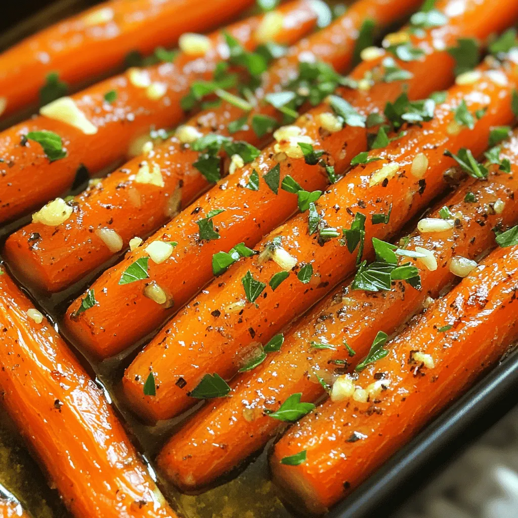- 1 pound baby carrots (or regular carrots, peeled and cut into sticks) - 3 tablespoons olive oil - 4 cloves garlic, minced - 1 teaspoon fresh thyme leaves (or ½ teaspoon dried thyme) - 1 teaspoon fresh rosemary, chopped (or ½ teaspoon dried rosemary) - Salt and black pepper, to taste - 1 tablespoon honey (optional for sweetness) - Fresh parsley, chopped for garnish Using fresh herbs makes a big difference. Fresh thyme and rosemary bring bright flavors. If you can’t find them, dried herbs work well too. Just use less since dried herbs are stronger. For sweetness, honey is great, but you can use maple syrup or brown sugar. These options add a lovely caramel taste. Adjust to your liking! Preheating the oven Start by preheating your oven to 425°F (220°C). This high heat helps the carrots roast well. Mixing the marinade ingredients In a large bowl, combine 3 tablespoons of olive oil, 4 minced garlic cloves, 1 teaspoon of fresh thyme, and 1 teaspoon of fresh rosemary. Add salt and black pepper to taste. If you want extra sweetness, mix in 1 tablespoon of honey. This marinade adds depth and flavor to the carrots. Coating the carrots evenly Add 1 pound of baby carrots to the bowl. Toss them well to coat each carrot with the herb and garlic mixture. Make sure every piece gets some flavor. Spreading carrots on the baking sheet Next, take a large baking sheet and spread the coated carrots in a single layer. This step is key for even roasting. If the carrots are too close together, they will steam instead of roast. Recommended oven settings Roast the carrots in your preheated oven for 25-30 minutes. The high heat caramelizes the sugars in the carrots, making them sweet and tender. Tips for perfect roasting Halfway through cooking, toss the carrots again for even browning. Check for tenderness with a fork. You want them soft with caramelized edges. Enjoy this simple yet flavorful dish as a side to any meal. For the full recipe, check out the detailed instructions above. To boost the taste of your garlic herb roasted carrots, try using different herbs and spices. Fresh dill or oregano can add a unique twist. You can also mix in a pinch of cumin or paprika for warmth. Adding citrus zest, like lemon or orange, brightens the dish. Just a small amount can make a big difference. Caramelization brings out the natural sweetness of carrots. Always spread them in a single layer on the baking sheet. This helps them cook evenly and develop that nice golden color. Roast at 425°F for 25-30 minutes. Toss them halfway through for even cooking. If they start to brown too fast, lower the heat slightly. These roasted carrots pair wonderfully with many main dishes. They go great with chicken, pork, or even fish. For a fun twist, serve them over a bed of quinoa or rice. Finish with a sprinkle of fresh parsley or a drizzle of balsamic glaze for extra flavor. You can also add nuts, like walnuts or pecans, for crunch and richness. Enjoy your garlic herb roasted carrots as a tasty side! For the full recipe, check the complete instructions above. {{image_2}} You can add a sweet touch to your garlic herb roasted carrots. Consider mixing in brown sugar or maple syrup. This small change can create a delightful contrast to the savory garlic and herbs. It adds a caramelized layer that enhances the flavor. Another sweet option is using honey. Drizzle honey over the carrots before roasting. This gives them a beautiful glaze and a rich taste. Honey pairs well with garlic and herbs, making your dish even more special. For a heartier dish, add other root vegetables. Potatoes, parsnips, or beets work great with carrots. Just cut them to the same size for even cooking. This mix brings different flavors and textures to your table. You can also make a vegetable medley. Try combining carrots with bell peppers or zucchini. The added colors and tastes will make your dish more appealing and nutritious. If you need vegan options, simply skip the honey. Use maple syrup instead for sweetness. This keeps the dish plant-based while still tasty. For low-sodium choices, reduce the salt. You can add more herbs or spices to enhance flavor without extra sodium. This keeps your meal healthy while still being full of flavor. Explore these variations to make your garlic herb roasted carrots unique. You can find the full recipe in the earlier section. To keep your Garlic Herb Roasted Carrots fresh, use proper storage methods. Place them in an airtight container. This helps lock in flavor and moisture. If you have a lot, you might divide them into smaller containers. This makes it easy to grab a portion later. Store the carrots in the fridge. They can last up to four days this way. When it's time to enjoy your leftovers, a few methods work best. The oven is my favorite. Preheat it to 350°F (175°C). Spread the carrots on a baking sheet. Heat for about 10-15 minutes until warm. If you prefer the microwave, use it for about one to two minutes. Make sure to cover them to keep moisture. Avoid sogginess during reheating by not using too much liquid. Also, don't overheat them, as this can change their texture. Enjoy your tasty Garlic Herb Roasted Carrots again with ease! To make Garlic Herb Roasted Carrots, follow these simple steps: 1. Preheat your oven to 425°F (220°C). 2. In a large bowl, mix 3 tablespoons of olive oil with 4 minced garlic cloves, 1 teaspoon of thyme, 1 teaspoon of rosemary, salt, and black pepper. You can add 1 tablespoon of honey for sweetness if you like. 3. Add 1 pound of baby carrots to the bowl. Toss them well until they are coated in the marinade. 4. Spread the carrots on a baking sheet in a single layer. 5. Roast them for 25-30 minutes. Toss them halfway through for even cooking. 6. When they are tender and caramelized, take them out and let them cool slightly. 7. Transfer to a serving dish and garnish with chopped parsley. This recipe is easy and brings great flavor to your meal! Yes, you can use different types of carrots! Each type brings its own flavor and texture. - Baby carrots are sweet and tender. - Regular carrots have a strong flavor and are crisp. Just peel and cut them into sticks. - Rainbow carrots add color and mild sweetness. They look great on the plate! Feel free to mix different kinds for fun flavors! Garlic Herb Roasted Carrots pair well with many dishes. Here are some tasty ideas: - Grilled chicken or turkey makes a great main dish. - Roasted meats like pork or beef also go well. - Quinoa or rice can round out your meal and soak up the flavors. These carrots are a lovely side that brightens any plate! Roasted carrots can last about 3 to 5 days in the fridge. Here’s how to store them: - Place them in an airtight container to keep them fresh. - Avoid leaving them out at room temperature for too long. For best taste, enjoy them within a few days! In this post, we covered how to make Garlic Herb Roasted Carrots. I shared the ingredients, including fresh herbs and optional honey for sweetness. You learned about preparation steps and cooking tips to get perfect caramelization. We also explored variations, storage info, and answered common questions. Try these tips for tasty roasted carrots that fit any meal. Enjoy your cooking adventure!