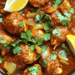 - Chicken thighs and other main components - 1.5 lbs (680g) boneless chicken thighs, cut into chunks - 2 large onions, finely sliced - 3 cloves garlic, minced - 1 tablespoon ginger, freshly grated - 1 can (14 oz) diced tomatoes - 1 cup plain yogurt - 1/4 cup vegetable oil Chicken thighs are perfect here. They stay juicy as they cook. The onions add sweetness. Garlic and ginger give depth to the flavor. - Essential spices for authentic flavor - 2 teaspoons ground cumin - 2 teaspoons ground coriander - 1 teaspoon garam masala - 1 teaspoon turmeric powder - 1 teaspoon red chili powder (adjust to taste) - Salt, to taste Spices are key! Cumin and coriander bring warmth. Garam masala adds a complex taste. Turmeric gives a lovely color. Adjust the chili for your spice level. - Optional garnishes and serving suggestions - Fresh cilantro, for garnish - Lemon wedges, for serving Fresh cilantro brightens the dish. Lemon adds zing when you serve it. This meal is great with rice or naan. You can find the Full Recipe for detailed steps. Start by sautéing the onions, garlic, and ginger. Heat the vegetable oil in a large skillet over medium heat. Add 2 large, finely sliced onions. Cook them until they are golden brown, which takes about 10 minutes. Next, add 3 cloves of minced garlic and 1 tablespoon of freshly grated ginger. Stir this mixture for another 2-3 minutes until it smells great. Then, it’s time to combine the spices with the sautéed mixture. Add 2 teaspoons of ground cumin, 2 teaspoons of ground coriander, 1 teaspoon of garam masala, 1 teaspoon of turmeric powder, and 1 teaspoon of red chili powder. Stir well and toast the spices for 2-3 minutes. This step builds a rich flavor base for your Chicken Bhuna. Now, transfer all the ingredients to the slow cooker. In the slow cooker, combine the browned onion-spice mixture with 1.5 lbs of cut chicken thighs and 1 can of diced tomatoes. Make sure the chicken is well-coated in the mix. Then, add 1 cup of plain yogurt and season with salt to taste. Mix everything well. Next, set the cooking time and adjust the heat. Cover the slow cooker and set it to low heat for about 6-7 hours. If you're short on time, you can set it to high heat for 3-4 hours. This slow cooking makes the chicken tender and full of flavor. After cooking, check the seasoning and sauce thickness. Taste the Chicken Bhuna and adjust the salt if needed. If you want a thicker sauce, remove the lid for the last 30 minutes of cooking. For serving, dish out the Chicken Bhuna hot. Garnish with fresh cilantro and serve with lemon wedges on the side. This adds a nice touch to the meal. Enjoy your flavorful and simple creation! You can find the Full Recipe for more detailed steps. To get tender chicken every time, choose bone-in, skin-on chicken. It stays juicy and flavorful. If you prefer boneless thighs, that works too. Just make sure to use enough liquid. This keeps the chicken moist. A good rule is to cover the chicken halfway with sauce. For flavor enhancements, taste early and often. You can adjust spices as you cook. If you like it spicy, add more red chili powder. Fresh herbs like cilantro add brightness at the end. A squeeze of lemon also lifts the dish. For slow cooking, use a 6-quart slow cooker. It fits all the ingredients from the recipe. Set it on low for 6-7 hours or high for 3-4 hours. If you want a thicker sauce, remove the lid for the last 30 minutes. You might find a good meat thermometer helpful. It ensures your chicken reaches 165°F. A good cutting board and knife also make prep easier. Lastly, use a large skillet to sauté your spices and onions. This adds depth to your dish. {{image_2}} You can easily change the proteins in Chicken Bhuna. If you want a leaner option, use chicken breast instead of thighs. Lamb is another great choice. It adds a rich flavor that works well with spices. For a vegetarian or vegan option, swap the chicken for chickpeas or paneer. These ingredients soak up the sauce and provide a nice texture. Adding vegetables can make your Chicken Bhuna even better. Try adding bell peppers, peas, or carrots. These veggies bring color and extra nutrients. You can also adjust the spice levels to fit your taste. If you like heat, add more red chili powder. For a milder dish, reduce the amount. Remember, you can always add spices, but it’s hard to take them away once added. For the full recipe, check out the Slow Cooker Chicken Bhuna . To keep your Chicken Bhuna fresh, follow these tips: - Refrigerating leftovers: Let the dish cool to room temperature. Place it in an airtight container. Store it in the fridge for up to 3 days. - Freezing Chicken Bhuna: For longer storage, freeze it. Use a freezer-safe container or bag. It can last up to 3 months in the freezer. Make sure to label it with the date. When reheating Chicken Bhuna, you want to keep the flavor. Here are some methods: - Microwave: Place the portion in a microwave-safe dish. Cover it with a damp paper towel. Heat it in short bursts, stirring in between. - Stovetop: Heat it in a pan over low heat. Add a little water or broth to help it warm evenly. Stir often to avoid sticking. To maintain texture: - For best results, avoid high heat. Slow reheating keeps the chicken tender. Stir gently to keep the sauce smooth. Enjoy your meal again! How to make Chicken Bhuna spicier? To spice up Chicken Bhuna, add more red chili powder. You can also include fresh green chilies. If you want a deeper flavor, try using extra garam masala. Adding a splash of hot sauce toward the end also works well. Start small and taste as you go to find your perfect heat level. Can I make this recipe in a traditional pot? Yes, you can cook Chicken Bhuna in a traditional pot. Just use a heavy pot with a lid. Start by sautéing the onions and spices as you would in the slow cooker. Then, add chicken and tomatoes, cover, and let it simmer. Cook on low heat for about 45 minutes to an hour. Stir occasionally to prevent sticking. How long does it take to cook Chicken Bhuna on low? When using a slow cooker, Chicken Bhuna takes about 6 to 7 hours on low. This slow cooking allows the flavors to blend beautifully. If you're short on time, you can cook it on high for 3 to 4 hours. Just keep an eye on the chicken for tenderness. Troubleshooting common slow cooker issues If your food is not cooking well, check the heat setting. Make sure it’s on low or high, depending on your recipe. If the sauce is too thin, remove the lid for the last 30 minutes to thicken it. For dry dishes, add a little water or broth to keep things moist. How to choose the right slow cooker size When picking a slow cooker, consider your cooking needs. A 4 to 6-quart slow cooker is great for families. For smaller servings, a 3-quart can work well. If you plan to cook for a crowd, choose one that holds at least 7 quarts. Always think about how much food you’ll need before buying. You learned how to make a delicious Chicken Bhuna in your slow cooker. We covered the key ingredients, flavorful spices, and garnishes to try. You now have clear steps to prep and cook this dish perfectly. Remember to store leftovers properly and try different variations to keep it exciting. With these tips, you can impress your family and friends. Enjoy your cooking adventure and the tasty results!