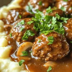 For the best Slow Cooker Salisbury Steak Meatballs, gather these items: - 1 pound ground beef - 1/2 cup breadcrumbs - 1/4 cup grated Parmesan cheese - 1 small onion, finely chopped - 2 cloves garlic, minced - 1 egg - 1 teaspoon Worcestershire sauce - Salt and pepper to taste - 2 cups beef broth - 1 cup sliced mushrooms - 1 tablespoon soy sauce - 1 tablespoon cornstarch (for thickening) - 2 tablespoons water (for cornstarch slurry) - Fresh parsley, chopped (for garnish) This mix creates tender meatballs with rich flavors. If you want to switch things up, here are some alternatives: - Use ground turkey or chicken instead of beef for a lighter option. - For a gluten-free dish, swap breadcrumbs with gluten-free bread crumbs or oats. - You can replace beef broth with vegetable broth for a vegetarian twist. These swaps help you enjoy the dish while meeting dietary needs. To boost flavor, consider adding fresh herbs and spices like: - Chopped thyme or rosemary for a fragrant touch. - A dash of paprika for a hint of heat. - Fresh parsley or chives as a garnish for color and taste. Adding these will elevate your meatballs and impress your guests. To make the perfect meatballs, first gather your ingredients. In a large bowl, combine: - 1 pound ground beef - 1/2 cup breadcrumbs - 1/4 cup grated Parmesan cheese - 1 small onion, finely chopped - 2 cloves garlic, minced - 1 egg - 1 teaspoon Worcestershire sauce - Salt and pepper to taste Mix everything together using your hands. Make sure it’s well combined. This step is key for flavor and texture. Shape the mixture into meatballs, about 1.5 inches wide. Place them in your slow cooker carefully. Now it's time to cook those meatballs. In a separate bowl, whisk together: - 2 cups beef broth - 1 cup sliced mushrooms - 1 tablespoon soy sauce Pour this mixture over the meatballs in the slow cooker. Cover and set the temperature. Cook on low for 6 to 8 hours. If you're short on time, you can cook on high for 3 to 4 hours. The meatballs should be tender and fully cooked when done. About 30 minutes before serving, you’ll want to thicken the sauce. In a small bowl, mix: - 1 tablespoon cornstarch - 2 tablespoons water This mixture is your cornstarch slurry. Stir it into the slow cooker. Allow the sauce to cook for another 30 minutes. This will give it a rich and yummy thickness. You can serve your meatballs with mashed potatoes or egg noodles. Enjoy the feast! For the full recipe, check out the Full Recipe link. To make your meatballs tender and juicy, start with good quality ground beef. I recommend using 80/20 ground beef. This mix has enough fat to keep the meatballs moist. Do not skip the breadcrumbs; they help hold moisture. Mix the ingredients gently. Over-mixing can make them tough. Shape the meatballs into even balls, about 1.5 inches wide. This helps them cook evenly in the slow cooker. For more flavor, consider adding a splash of soy sauce. It adds depth and umami. Fresh herbs, like parsley or thyme, can brighten the dish. You can also add a dash of garlic powder or onion powder for extra taste. If you love a kick, try a pinch of red pepper flakes. These small changes can make a big difference in the final dish. Salisbury steak meatballs pair well with mashed potatoes or egg noodles. They soak up the savory sauce perfectly. You can also serve them over rice for a different twist. Roasted vegetables, like green beans or carrots, make a great side. A simple salad can add freshness to the meal. For the full recipe, check out the details above. {{image_2}} You can change up the recipe easily. Try ground turkey or chicken instead of beef. These proteins give a lighter taste. You can also use pork for a richer flavor. For sauces, switch Worcestershire sauce with teriyaki or barbecue sauce. Each swap adds a unique twist. To make this dish plant-based, use lentils or chickpeas instead of meat. Start with cooked lentils and mash them. Blend in breadcrumbs, onion, and spices. Use vegetable broth in place of beef broth. For a vegan version, skip the egg. You can use flaxseed meal mixed with water as a binder. If you want to speed things up, use an Instant Pot. Cook on high pressure for about 10 minutes. Release the pressure, and your meatballs will be ready. You can also bake them in the oven. Place meatballs on a baking sheet and bake at 400°F for 20-25 minutes. This method gives a nice crust. For more details, check the Full Recipe. After making Slow Cooker Salisbury Steak Meatballs, let them cool first. Place the meatballs in an airtight container. You can keep them in the fridge for up to three days. If you want to store them longer, freeze them. Use freezer-safe bags or containers. Make sure to remove as much air as possible. This helps prevent freezer burn. You can freeze them for up to three months. To reheat your meatballs, use the microwave or stovetop. If using the microwave, place meatballs in a bowl. Add a splash of beef broth to keep them moist. Cover the bowl with a lid or microwave-safe wrap. Heat for one to two minutes. If using the stovetop, place them in a pan over low heat. Stir gently and add a little broth if needed. Heat until warm all the way through. Leftovers are safe to eat for three days in the fridge. After three days, they may lose quality. If frozen, they are best used within three months. Always check for any signs of spoilage before eating. If they look or smell off, it’s best to toss them. Following these tips helps you enjoy your meatballs at their best. Yes, you can use frozen meatballs. They save time and effort. Here’s how to use them: - Place frozen meatballs directly into the slow cooker. - Pour the beef broth and mushroom mixture over the meatballs. - Cook on low for 6-8 hours or high for 3-4 hours. - Check them often to ensure they are heated through. This method makes meal prep easy and quick. You can enjoy Salisbury steak meatballs with many sides. Here are some popular choices: - Mashed potatoes: Creamy and fluffy, they soak up the sauce well. - Egg noodles: They are perfect for holding the meatball sauce. - Steamed vegetables: Broccoli or green beans add a fresh touch. - Rice: White or brown rice goes well with the rich flavors. These sides create a balanced meal and enhance the dish’s taste. To check if meatballs are cooked, use a meat thermometer. The internal temperature should reach 160°F (71°C). Here are some tips for doneness: - Cut a meatball in half; it should be brown inside, not pink. - Juices should run clear when you poke the meatball. - Make sure they feel firm to the touch. Following these steps ensures safe and tasty meatballs every time. In this post, we covered essential ingredients for Salisbury steak meatballs and offered options for substitutions. You learned how to properly mix and cook them in a slow cooker. We shared tips to enhance flavor and texture, along with storage advice. Remember, cooking can be fun and flexible. Don't hesitate to try new ingredients or methods. Enjoy your delicious meatballs and the time spent in the kitchen!