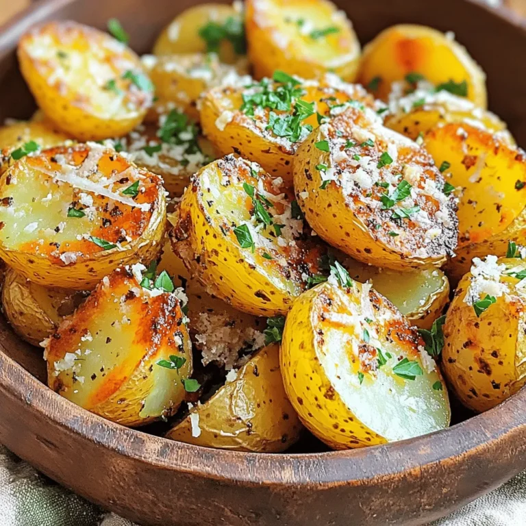 To make Garlic Parmesan Roasted Potatoes, you need a few simple items: - 2 pounds baby or fingerling potatoes, halved - 4 tablespoons olive oil - 4 cloves garlic, minced - 1 teaspoon onion powder - 1 teaspoon smoked paprika - 1 cup grated Parmesan cheese - 2 tablespoons fresh parsley, chopped - Salt and pepper to taste These ingredients work together to create a tasty dish. Each ingredient brings its own special touch to the dish: - Potatoes: They are starchy and creamy, making them the perfect base. - Olive oil: This adds healthy fats and helps the potatoes crisp up nicely. - Garlic: It gives a strong flavor that makes the dish pop. - Onion powder: This adds depth without being too strong. - Smoked paprika: It gives a hint of smokiness that enhances the taste. - Parmesan cheese: This adds a rich, nutty flavor and helps achieve that crispy top. - Parsley: This adds color and freshness to the final dish. If you don't have certain ingredients, don't worry! Here are some easy swaps: - Potatoes: Use red or gold potatoes if you can’t find baby or fingerling ones. - Olive oil: You can use melted butter or avocado oil for a different flavor. - Garlic: Garlic powder can work in a pinch, but fresh is best. - Parmesan cheese: Try Pecorino Romano for a sharper taste. - Paprika: Regular paprika can replace smoked paprika if needed. These substitutions will still give you delicious Garlic Parmesan Roasted Potatoes. For the full recipe, check the earlier section! Start by preheating your oven to 425°F (220°C). This step is key for crispy potatoes. While the oven warms up, line a baking sheet with parchment paper. This will help with cleanup later and keep the potatoes from sticking. In a large mixing bowl, add the halved potatoes. Pour in 4 tablespoons of olive oil. Next, add 4 cloves of minced garlic, 1 teaspoon of onion powder, and 1 teaspoon of smoked paprika. Don't forget salt and pepper to taste! Toss everything together until the potatoes are well coated. This mix brings out great flavors. Spread the coated potatoes on the baking sheet in a single layer. Place the cut side down to get that golden crisp. Roast in the oven for 20 minutes. After that, take the sheet out. Sprinkle 1 cup of grated Parmesan cheese over the potatoes. Return them to the oven for another 10-15 minutes. This will make them brown and crunchy. Once they look perfect, take them out and let them cool a bit. Sprinkle with fresh parsley for a nice touch. For the full recipe, check out the instructions above. To get crispy Garlic Parmesan Roasted Potatoes, start with the right potatoes. I love using baby or fingerling potatoes. They have a great shape and hold up well. Make sure to cut them in half. This helps them cook evenly. When you coat them in olive oil, be generous. The oil helps create that lovely crispy texture. Spread the potatoes out on the baking sheet so they don’t touch. This allows hot air to circulate around each piece. Garlic adds a strong punch. Minced garlic brings a rich flavor to the potatoes. I also add onion powder and smoked paprika. They work together to create depth. For an extra kick, consider adding some red pepper flakes. You can also switch up the cheese. If you want a stronger taste, try using Pecorino Romano instead of Parmesan. Fresh herbs, like rosemary or thyme, can add a nice touch too. Serve these potatoes hot for the best taste. I like to use a rustic bowl or a large platter. This makes the meal feel special. Garnish with fresh parsley for color. You can also add lemon wedges for a bright flavor. These potatoes pair well with grilled chicken or steak. They can also be a side for a simple salad. No matter how you serve them, they will impress! For the full recipe, check out the [Full Recipe]. {{image_2}} You can change the flavor of your Garlic Parmesan Roasted Potatoes by adding herbs and spices. Fresh herbs like rosemary, thyme, or oregano work well. Just chop them finely and mix them in with the potatoes. If you want some heat, try adding red pepper flakes. This will give your dish a nice kick. You can also use Italian seasoning for a classic touch. Be creative and pick what you love! While Parmesan cheese brings a rich taste, you can switch it up. Try using aged cheddar for a sharp flavor. Goat cheese can add a creamy texture that melts beautifully. If you want a bolder taste, use pecorino Romano instead. Mix different cheeses for an exciting flavor profile. A blend of mozzarella and Parmesan creates a stretchy, gooey delight. Don’t be afraid to experiment! You can make Garlic Parmesan Roasted Potatoes in different ways. The air fryer is quick and gives a crispy finish. Set it to 400°F (200°C) and cook for about 15-20 minutes. Shake the basket halfway for even cooking. Grilling adds a smoky flavor. Toss the potatoes in a grill basket and cook over medium heat. They take about 20 minutes. Whichever method you choose, you'll enjoy a tasty meal. For the full recipe, check back to ensure you have every detail! To keep your Garlic Parmesan Roasted Potatoes fresh, store them in an airtight container. Let the potatoes cool completely before sealing them. This helps avoid moisture buildup, which can make them soggy. You can keep them in the fridge for up to three days. If you want to save space, you can layer them with parchment paper between layers. When you're ready to enjoy leftovers, reheating is key. I recommend using the oven to keep them crispy. Preheat your oven to 350°F (175°C). Spread the potatoes on a baking sheet. Heat for about 10-15 minutes, or until they are warm and crisp again. You can also use an air fryer if you have one. Just toss them in at 350°F (175°C) for about 5-7 minutes. If you want to freeze your Garlic Parmesan Roasted Potatoes, it's best to do it right after cooking. Cool them completely, then spread them on a baking sheet. Freeze them for a few hours until solid, then transfer them to a freezer bag. You can keep them in the freezer for up to three months. When ready to eat, thaw them in the fridge overnight and reheat as mentioned above. This method helps keep their flavor and texture. For the full recipe, check out the main article. Roasting potatoes takes about 30 to 35 minutes for the best results. First, roast them at 425°F for 20 minutes. Then, add cheese and roast for another 10 to 15 minutes. This method creates a crispy outside and a soft inside. The high heat helps the potatoes brown well. Yes, you can prepare Garlic Parmesan Roasted Potatoes ahead of time. You can cut the potatoes and mix them with the oil and spices. Store them in the fridge for up to 24 hours before cooking. When you are ready, just spread them on the baking sheet and roast. This saves time and makes meal prep easier. Garlic Parmesan Roasted Potatoes pair well with many dishes. They complement grilled meats like chicken or steak. You can also serve them with roasted vegetables or a fresh salad. They make a great side for a family dinner or a casual gathering. For more ideas, check out the Full Recipe for inspiration. This post covered the main parts of making Garlic Parmesan Roasted Potatoes. We reviewed key ingredients and their benefits, plus useful substitutions. You learned step-by-step instructions for crispy, tasty potatoes. Our tips showed how to achieve the perfect texture and boost flavor. We also explored fun variations and shared best storage practices. Use this guide to make your dish tasty and easy. Enjoy your cooking!