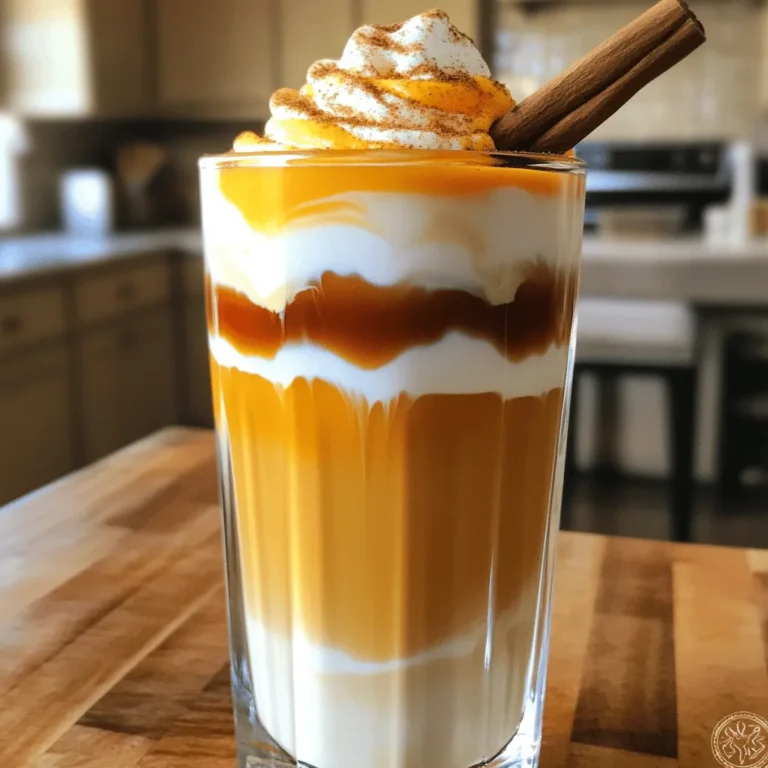 - 1 cup cold brewed coffee - 1/2 cup milk (dairy or non-dairy) - 1/4 cup pumpkin puree - 2 tablespoons maple syrup - 1 teaspoon vanilla extract To make the Spiced Pumpkin Cold Foam Latte, you need basic ingredients. The cold brewed coffee gives a smooth base. You can choose any milk you like, whether it is dairy or plant-based. Pumpkin puree adds that rich, autumn flavor. Maple syrup provides a hint of sweetness. The vanilla extract rounds it all out. - 1/2 teaspoon pumpkin pie spice - Pinch of salt - Whipped cream for topping (optional) - Cinnamon stick for garnish (optional) Spices make this drink special. Pumpkin pie spice gives warmth and depth. A pinch of salt enhances all the flavors. You can add whipped cream for a creamy touch. A cinnamon stick as a garnish looks nice and adds a lovely aroma. For the full recipe, follow the steps carefully to enjoy this creamy and delicious treat. - Start by adding pumpkin puree, maple syrup, vanilla extract, pumpkin pie spice, and a pinch of salt to your blender. - Blend these ingredients together until the mixture is smooth and creamy. This step adds rich flavor to your latte. - Next, take a medium bowl and whisk the milk with a few tablespoons of the pumpkin mixture. You want this to become frothy. - Use a frother or blender to whip air into the milk mixture. Keep going until it forms light, fluffy foam. This foam is key to a perfect latte. - Now, fill a glass with ice. Pour in your cold brewed coffee. - Gently spoon the spiced pumpkin foam on top of the cold coffee. This creates a lovely layered look. - If you like, add whipped cream on top and garnish with a sprinkle of pumpkin pie spice. A cinnamon stick adds a nice touch, too, if you choose to use it. For the full recipe and more details, check the [Full Recipe]. To make the best foam, you need cold milk. Use whole milk for creaminess, or try oat milk for a nutty taste. Here are some tips: - Chill your tools: Cold bowls and utensils help create better foam. - Use a frother: Handheld frothers work great for small amounts. A milk steamer gives you more volume. Adjusting sweetness or spice levels can make a big difference. If you like it sweeter, add more maple syrup. If you want more spice, increase the pumpkin pie spice. - Try different sweeteners: Honey or agave syrup can change the flavor. - Explore dairy alternatives: Almond or coconut milk adds a unique twist. Garnishing adds beauty to your drink. Here are some ideas: - Whipped cream: A dollop on top makes it look fancy. - Cinnamon stick: Use one for a rustic touch. For photos, find good lighting. Natural light works best. Don't forget to capture the foam! You can find the full recipe to create this lovely drink. {{image_2}} You can use oat, almond, or soy milk in this recipe. Each milk brings a unique taste. Oat milk is creamy and has a slight sweetness. Almond milk is light and nutty, while soy milk offers a smooth, rich flavor. These choices can change your latte's texture and taste. If you want a thicker foam, oat milk is a great pick. You can swap maple syrup with other sweeteners. Honey or agave syrup works well for a different flavor. You can also try flavored syrups, like caramel or vanilla, for extra taste. Adjusting sweetness can make your latte just how you like it. Keep tasting as you mix in sweeteners to find your perfect balance. You can turn this drink into a fun cocktail. Adding a splash of rum or bourbon gives it a warm kick. Another great option is spiced rum, which blends nicely with pumpkin flavors. For a lighter touch, try a pumpkin liqueur. These options make a festive drink for gatherings. Enjoy your spiced pumpkin foam latte in a new way! If you have pumpkin foam left over, store it in a tight container. Keep it in the fridge for up to three days. Make sure to cover it well to avoid any odors from the fridge. When you are ready to use it again, just stir it well. If you want to warm it up, use a microwave in short bursts. Heat it slowly to avoid cooking the foam. Cold brewed coffee can last up to two weeks in the fridge. Store it in a glass jar or pitcher. Make sure it has a lid to keep it fresh. When you want to enjoy it, pour it over ice. If you notice any change in smell or taste, it’s best to toss it out. Always trust your senses when checking for freshness. If you want to make a big batch for a party, you can easily scale the recipe. Just multiply each ingredient by the number of servings you need. Mix the pumpkin foam and coffee in advance. Keep them separate until serving time. This keeps the foam nice and fluffy. You can prepare the cold brew coffee ahead too. It gives you more time to enjoy your gathering. For the full recipe, check out the full recipe section! A Spiced Pumpkin Cold Foam Latte is a creamy drink that blends coffee, pumpkin, and spices. This drink has a rich, warm flavor, thanks to pumpkin puree and pumpkin pie spice. The cold foam adds a fluffy texture, making it a perfect treat for fall. It's both sweet and slightly spiced, giving you a hint of autumn in every sip. Yes, you can easily make this drink vegan! Just swap regular milk for a dairy-free option, like almond, oat, or soy milk. These alternatives will still give you a nice, creamy foam. Make sure your maple syrup is pure and vegan-friendly. This will keep your drink plant-based and delicious. To change the sweetness, you can add more or less maple syrup. If you like it sweeter, add an extra tablespoon. You could also use flavored syrups like vanilla or caramel for more taste. Taste as you go to find your perfect balance. Yes, fresh pumpkin can be used! Just cook and puree it until smooth. This will give your drink a fresh taste. You might need to adjust the sweetness since fresh pumpkin can be less sweet than canned puree. Ensure it’s well blended for a creamy texture. Many coffee shops sell a Spiced Pumpkin Cold Foam Latte in the fall. Brands like Starbucks and Dunkin’ offer their versions. Always check local cafes for unique spins on this drink. You might find some great local gems that serve tasty options. A typical serving of this drink has around 250 calories. It includes protein, carbs, and fats from the milk and pumpkin. To get more detailed nutrition, look at the specific ingredients you use. If you choose non-dairy milk, the calories may change slightly. This drink is a delightful treat without being too heavy. This blog post walked you through making a Spiced Pumpkin Cold Foam Latte. You learned about key ingredients like pumpkin puree and maple syrup. I shared step-by-step instructions for blending, frothing, and assembling your drink. Plus, I offered tips for foam perfection and variations based on your tastes. Enjoy experimenting with these ideas. Whether it's a cozy night in or a gathering, this drink will impress. Make it yours, and relish every sip!