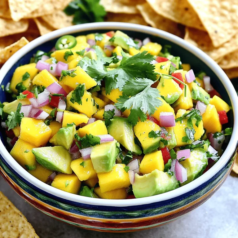 To make the best mango avocado salsa, you need fresh ingredients. Here’s the complete list: - Ripe mango: 1, finely diced - Avocados: 2, diced - Red onion: 1 small, finely chopped - Red bell pepper: 1, finely chopped - Jalapeño: 1, seeded and minced (adjust to taste) - Fresh cilantro: 1/4 cup, chopped - Lime juice: juice of 2 limes - Olive oil: 1 tablespoon - Salt and pepper: to taste These ingredients create a vibrant mix of colors and flavors. The ripe mango adds a sweet touch. The avocados bring creaminess. The red onion and bell pepper add crunch. Jalapeño gives a little heat. Fresh cilantro brightens the dish. Lime juice adds zing. Olive oil ties it all together, while salt and pepper enhance the taste. Using ripe ingredients is key. A ripe mango is soft but not mushy. The avocados should yield slightly when pressed. This salsa is fresh and easy to make, perfect for any gathering. For the full recipe, check the detailed instructions. Start by peeling the ripe mango. Use a sharp knife to slice off the skin. Then, carefully dice the mango into small pieces. Next, take the avocados. Cut them in half and remove the pit. Scoop out the flesh and dice it too. This gives you creamy bites in the salsa. Now, it’s time to chop the red onion. Aim for small pieces for a nice crunch. Then, do the same for the red bell pepper. Lastly, take the jalapeño. Be careful! Cut it open and remove the seeds. Mince it finely. Adjust the heat to your taste. In a large mixing bowl, combine the diced mango and avocado. Add the chopped red onion and red bell pepper. Toss in the minced jalapeño as well. This colorful mix looks great! Finally, add the chopped cilantro. It adds a fresh flavor to the salsa. In a small bowl, whisk together the lime juice and olive oil. Add salt and pepper to taste. Whisk until it is well mixed. This dressing will tie all the flavors together. Pour the dressing over the salsa mixture. Toss everything gently. Make sure all the ingredients are well coated. Taste it and adjust the seasoning if needed. Cover the bowl and place it in the refrigerator. Let it rest for at least 30 minutes. This allows the flavors to meld beautifully. For the complete recipe, check the Full Recipe. To pick the best mangoes, look for fruit that feels slightly soft when you press it. A ripe mango gives a little under your fingers. The skin may have some wrinkles, and the color should be bright. For avocados, you want them to be dark and soft but not mushy. Gently squeeze them to check. Store ripe mangoes and avocados at room temperature. Once they are ripe, keep them in the fridge to slow down ripening. This way, they stay fresh longer. If you want a milder salsa, use less jalapeño. Start with a small amount and taste as you go. The heat can always build up, but it’s hard to take it away. You can also remove the seeds from the jalapeño to reduce the spice. For extra heat, consider adding a pinch of cayenne pepper or a dash of hot sauce. Just a little can make a big difference. Resting time is key. Let the salsa sit in the fridge for at least 30 minutes. This helps the flavors blend together. The longer it sits, the better it tastes! You can adjust the seasoning, too. If it needs more zing, add a bit more lime juice. For a richer taste, try adding a pinch of salt. Taste often and adjust until it’s just right. For the full recipe, check out the [Full Recipe]. {{image_2}} You can add diced tomatoes or corn to your mango avocado salsa. These ingredients bring in new flavors and textures. Tomatoes add a juicy freshness, while corn gives a sweet crunch. You can also experiment with different herbs. Try using basil for a sweet twist or mint for a refreshing lift. Each herb changes the taste in fun ways. Adding cumin or chili powder gives your salsa a smoky flavor. Each spice brings warmth that complements the sweetness of mango and creaminess of avocado. Adjust the amount to fit your taste. You can also use lime zest for extra citrus flavor. The zest adds a bright kick that enhances the overall taste. It brings a vibrant note that balances the richness of the avocados. Pair your salsa with grilled fish or chicken. The fresh flavors of the salsa elevate these dishes and add color to your plate. It’s a great way to make a simple meal feel gourmet. You can also use mango avocado salsa as a topping for tacos or nachos. It adds a fresh twist to classic dishes. The salsa pairs perfectly with crunchy tortilla chips, making every bite delightful. For the full recipe, check out the [Full Recipe]. To keep your mango avocado salsa fresh, always store it in the fridge. Use an airtight container. This helps keep out air and moisture. It also prevents the salsa from absorbing other smells in the fridge. Make sure to cover the salsa well if you use a bowl. Plastic wrap works well for this. Mango avocado salsa lasts about 2 to 3 days in the fridge. After that, it starts to lose flavor and texture. Look for signs that salsa has spoiled. If you see brown avocados or a sour smell, it’s time to toss it out. Mold is another bad sign. Always trust your sense of smell and sight. You can freeze mango avocado salsa, but it may change in texture. The avocado might become mushy after thawing. To freeze, place it in a freezer-safe container. Leave some space for expansion. When you’re ready to use it, thaw it in the fridge overnight. Avoid microwaving it, as this can change the taste. Use thawed salsa in cooked dishes or as a topping, not fresh. Check out the Full Recipe for more ways to enjoy this salsa! Yes, you can make mango avocado salsa ahead of time. I recommend making it up to one day in advance. This lets the flavors blend well. Just store it in the fridge in a sealed container. If you make it too early, the avocados may brown. You can add fresh lime juice to help slow that down. If you dislike cilantro, don't worry! You can use fresh parsley or basil instead. These herbs add a fresh taste. Another option is to skip the herbs altogether. The salsa still tastes great without them. To pick a ripe mango, look for one that feels slightly soft. A ripe mango should have a sweet smell near the stem. You can also check the color. Depending on the type, a yellow or red hue is a good sign. Avoid mangoes with dark spots or wrinkles. Mango avocado salsa is very healthy! It has many nutrients. Mangoes are rich in vitamins A and C. Avocados provide healthy fats and fiber. Together, they make a tasty and nutritious dish. This salsa is low in calories, making it a smart choice for snacks or meals. Absolutely! You can add other fruits for more flavor. Pineapple or kiwi work well with mango. You could also try diced strawberries or peaches. Just make sure the fruits are fresh and ripe for the best taste. Check out the full recipe for more tips! This blog post guided you through making a tasty mango avocado salsa. We covered the fresh ingredients, preparation steps, and lots of tips to enhance flavor. You learned how to store it for freshness and ideas for tasty variations. Remember, this salsa is quick, healthy, and perfect for snacks or meals. Try adding your favorite fruits or spices for a personal touch. Happy cooking!