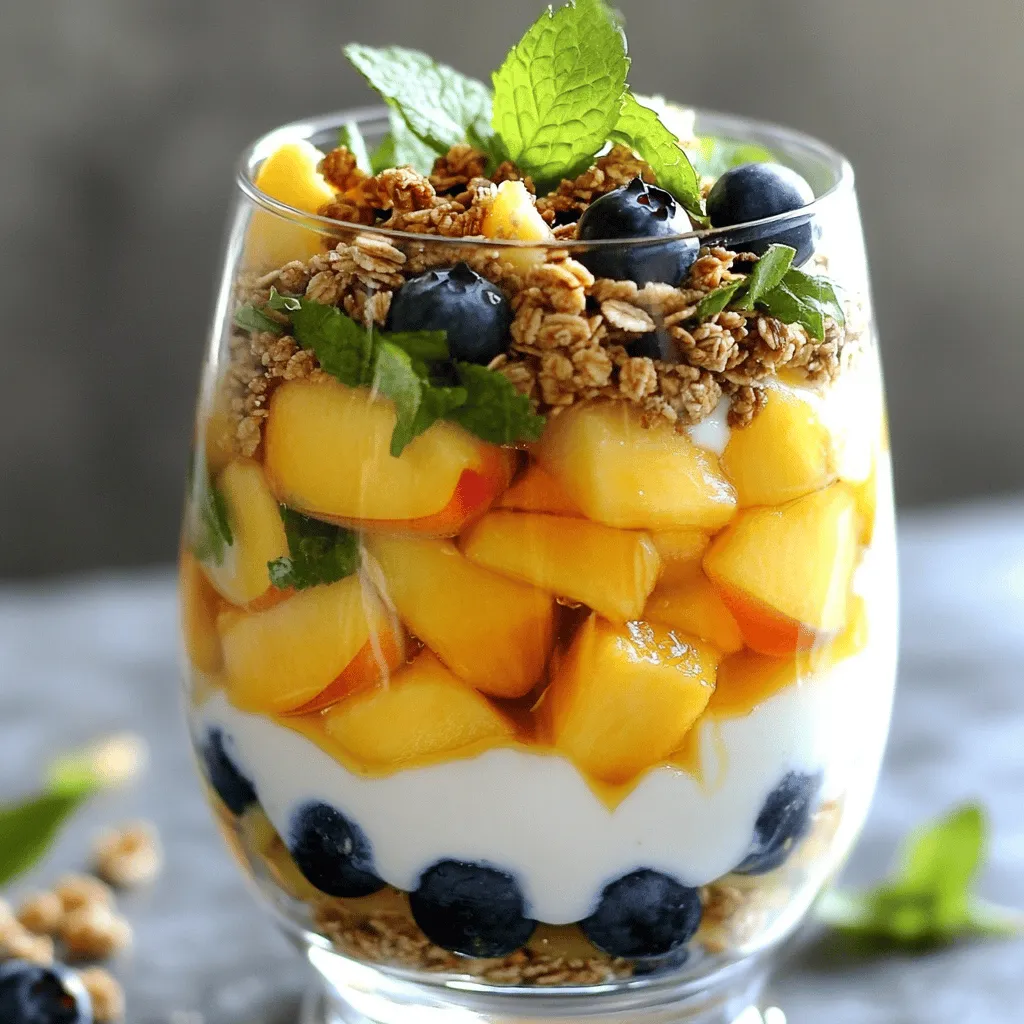 Choose ripe peaches for the best taste. Look for peaches that are soft to touch. They should have a sweet scent and a vibrant color. Avoid peaches with bruises or dark spots. Farmers' markets often have the freshest options. Here is what you will need to make the peach dessert: - 4 ripe peaches, pitted and diced - 1 cup Greek yogurt - 2 tablespoons honey - 1 teaspoon vanilla extract - 1 cup granola (preferably nutty) - 1/2 cup blueberries - 1/4 cup chopped fresh mint - Zest of 1 lime - Juice of 1 lime These ingredients mix well to create layers of flavor. The peaches give sweetness, while the yogurt adds creaminess. You can change up the recipe to fit your taste. Here are some ideas: - Add a splash of almond extract for nutty flavor. - Use coconut yogurt for a tropical twist. - Try adding strawberries or raspberries for extra color. - Include a sprinkle of cinnamon for warmth. Feel free to get creative! You can make this dessert your own. For the full recipe, check the details provided earlier. First, take your ripe peaches. Cut them in half, remove the pit, and dice the flesh into small pieces. You want them to be bite-sized. Place the diced peaches into a mixing bowl. Now, squeeze in the juice of one lime and add the lime zest. This adds a bright flavor to the peaches. Mix gently to coat all the pieces. Let this sit for about 10 minutes. This marinating time enhances the sweetness and flavor. In a separate bowl, grab your Greek yogurt. Add in two tablespoons of honey and one teaspoon of vanilla extract. Use a whisk or spoon to mix until smooth and creamy. The honey adds a natural sweetness. The vanilla gives a warm, inviting taste. This honeyed yogurt will balance the tartness of the peaches. Now, it’s time to put everything together. Grab serving glasses or bowls. Start with a layer of the peach mixture at the bottom. Next, add a generous dollop of the honeyed yogurt on top. Sprinkle a layer of granola over the yogurt for a nice crunch. Repeat these layers until your glasses are full. End with a layer of yogurt on top. For a finishing touch, add a handful of blueberries and some chopped fresh mint on each parfait. Serve right away, or chill them for up to 30 minutes for a cool treat. For the full recipe, check out the Peach Paradise Delight. Choosing ripe peaches is key. Look for peaches that are firm but slightly soft to the touch. They should have a sweet aroma. Skin color is also important. Yellow or golden hues mean they are ripe and ready to eat. Avoid peaches with green or hard spots. These are not ripe yet. You can easily change the flavor of your peach dessert. Try adding berries like raspberries or strawberries for a tart twist. If you like spice, a pinch of cinnamon adds warmth. Want a tropical vibe? Mix in some diced pineapple or coconut flakes. Each of these choices brings a new taste that makes the dessert fun. For warm days, serve your peach dessert chilled. You can prep it in the morning and let it sit in the fridge. This makes it refreshing. Consider serving it in clear cups to show off the layers. You can also add a sprig of mint on top for a pop of color and fresh taste. For a fun twist, serve with a scoop of ice cream too! For the full recipe, check out the Peach Paradise Delight. {{image_2}} For a warm and comforting treat, try making peach cobbler. This dish brings a delightful mix of sweet and buttery flavors. Start with fresh peaches, cut into slices. Toss them with sugar and spices like cinnamon and nutmeg. Pour the mixture into a baking dish. Next, prepare a simple batter using flour, sugar, baking powder, milk, and melted butter. Spoon the batter over the peaches. Bake at 350°F (175°C) for about 30-40 minutes. The top should be golden and bubbly. Serve it warm with a scoop of vanilla ice cream. If you prefer something cold and refreshing, peach sorbet is a great choice. Begin with ripe peaches, pitted and chopped. Blend them with sugar and a squeeze of lemon juice until smooth. Pour the mixture into a shallow dish and freeze it. Stir every 30 minutes for about 2-3 hours. This will give it a fluffy texture. Once frozen, scoop it into bowls. Enjoy this light dessert on a hot summer day! For a quick and easy dessert, you can make no-bake peach cheesecake. Start with a crust made from crushed graham crackers and melted butter. Press this mixture into a springform pan. For the filling, mix cream cheese, sugar, and vanilla until smooth. Fold in whipped cream for a light texture. Spread the filling over the crust. Top with sliced peaches and chill for several hours. This dessert is rich and creamy, perfect for summer gatherings. For a delicious peach dessert, try the full recipe for Peach Paradise Delight! To keep your peach dessert fresh, cover it well. Use plastic wrap or a lid. Store it in the fridge. It will stay good for about two days. The yogurt may change texture, but it still tastes great. If you want to enjoy it later, add granola just before eating. This keeps it crunchy and tasty. To store fresh peaches, place them in a bowl at room temperature. Keep them out of direct sunlight. Check them daily. If you see any soft spots, use those peaches first. Once they are ripe, move them to the fridge. This helps them last longer, up to a week. Always wash peaches before eating or using them in recipes. Freezing peaches is easy and great for later use. Start by washing and slicing the peaches. Remove the pits and cut them into slices. Then, place the slices in a single layer on a baking sheet. Freeze them for about two hours. Once frozen, transfer the slices to a freezer bag. They will last up to a year in the freezer. When you're ready to use them, just thaw and enjoy in your favorite recipes, like the Peach Paradise Delight from the Full Recipe. Yes, you can use canned peaches. They are soft and sweet, making them a good choice. Just make sure to drain them well. This keeps the dessert from getting too runny. Canned peaches also save time, but fresh ones have a brighter taste. If you can, use fresh peaches for the best flavor. To make this dessert dairy-free, swap Greek yogurt for coconut yogurt. It has a smooth texture and a nice taste. You can also use almond or soy yogurt. These options work well and keep the dessert creamy. Just check the labels to avoid any hidden dairy. Great toppings for a peach dessert include nuts, seeds, or more fruit. Try slivered almonds or walnuts for crunch. You can also use granola for a nice texture. Fresh mint adds a pop of color and flavor. A drizzle of honey or maple syrup gives extra sweetness. Get creative and mix and match your favorites! For the full recipe, check out Peach Paradise Delight. This blog post covered everything you need to know about making a peach dessert. We discussed how to pick fresh peaches and key ingredients for your recipe. I shared steps for preparing peaches and mixing the yogurt. You also learned tips for selecting ripe peaches and ways to customize the dish. In conclusion, enjoy experimenting with these ideas. Each variation can bring a new delight. Happy cooking, and don't forget to savor every bite!