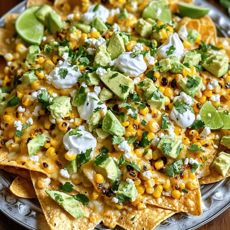 - 4 ears of corn, husked - 1 tablespoon olive oil - 1 teaspoon chili powder - 1 teaspoon smoked paprika - 1 lime, juiced - 1 cup tortilla chips - 1 cup shredded cheese (cheddar or a Mexican blend) - 1/2 cup crumbled feta cheese (optional) - 1/4 cup sour cream - 1/4 cup fresh cilantro, chopped - 1 avocado, diced - Salt and pepper to taste Gathering the right ingredients makes a big difference. Fresh corn is key. It brings sweetness and crunch to your nachos. Olive oil helps the spices stick and enhances flavor. Chili powder and smoked paprika add warmth and depth. Lime juice brightens everything up, making your taste buds dance. Tortilla chips are the base for your nachos. Choose sturdy ones; they need to hold all the toppings. Shredded cheese creates that gooey, melty goodness. Feta cheese adds a creamy, tangy kick if you choose to include it. Sour cream gives a cool touch, while cilantro and avocado add freshness. This mix of flavors creates a tasty explosion in every bite. You can find the Full Recipe to help you whip these up quickly! - Preheat the grill to medium-high heat. - Brush the corn with olive oil and season with chili powder, smoked paprika, salt, and pepper. Getting the corn ready is simple and fun. The oil helps the spices stick and adds flavor. Make sure to cover the corn well. The spices give the corn a nice kick. You want to taste that chili and paprika in every bite. - Grill the corn until charred and tender. Place the corn on the grill and cook it for about 10-15 minutes. Turn it often so it cooks evenly. Look for those nice char marks; they mean flavor! When it feels soft, it’s done. Remove it from the grill and let it cool down a bit. - Cut the corn off the cob and mix with lime juice. - Layer tortilla chips and toppings before broiling. Once the corn cools, carefully cut the kernels off the cob. Toss the corn in a bowl with lime juice. This adds zest and keeps it fresh. On a baking sheet, spread out the tortilla chips. Sprinkle the shredded cheese over the chips. Add the grilled corn mix on top. Now, place the nachos under the broiler for about 3-5 minutes. Watch them closely! You want the cheese to melt and bubble. When they’re golden and gooey, take them out. Finally, add dollops of sour cream, crumbled feta, diced avocado, and chopped cilantro. This step makes every bite a tasty flavor explosion! For the full recipe, check out the link. To get the best char and flavor on your corn, start with fresh ears. The natural sugars in fresh corn caramelize nicely on the grill. Brush each ear with olive oil. This not only adds flavor but also helps achieve that beautiful char. Season with chili powder and smoked paprika for a smoky kick. Try different seasonings like garlic powder or lime zest for a unique twist. For gooey cheese, use a mix of cheeses. Cheddar melts well, but a Mexican blend adds depth. Spread the cheese evenly over the chips before broiling. Keep an eye on the nachos as they broil. You want the cheese to be melted but not burnt. If you want a different flavor, try queso blanco or pepper jack for a spicy kick. Presentation matters! Serve the nachos on a large platter. Top with sour cream, crumbled feta, diced avocado, and chopped cilantro. Add extra lime wedges for a zesty touch. Pair these nachos with a refreshing drink like iced tea or a light beer. They also go well with fresh salsa or guacamole on the side. For the full experience, check out the Full Recipe! {{image_2}} For a twist on the classic recipe, you can change a few ingredients. Try using black beans or grilled chicken as alternative proteins. Both add great flavor and nutrition. If you want a dairy-free option, use almond or cashew cheese instead of regular cheese. These swaps keep the taste while catering to different diets. Want some heat? Add jalapeños or a splash of hot sauce. These spicy additions bring life to your nachos. If you prefer a sweet touch, corn salsa or diced mango pairs well with the grilled corn. Both options create a delightful balance of flavors. You can easily make these nachos vegan. Just skip the cheese and sour cream, and use avocado instead. For gluten-free nachos, simply choose gluten-free tortilla chips. These adaptations ensure everyone can enjoy this tasty dish without missing out on flavor. To keep nachos fresh, store them in an airtight container. Place a paper towel inside to absorb moisture. This helps maintain crispiness. Refrigerate your nachos within two hours of serving. They will last for about 2-3 days. Keep in mind that cheese and chips may soften over time. For reheating, use an oven instead of a microwave. Preheat it to 350°F (175°C). Spread the nachos on a baking sheet. Heat for about 10 minutes, or until warm. This will help restore some of their original texture. Avoid soggy nachos by reheating them slowly. Can you freeze nachos? Yes, you can! However, it’s best to freeze toppings separately from the chips. Freeze the corn and cheese mixture in airtight bags. This way, you can keep the chips crispy. When you're ready to enjoy your nachos, thaw the toppings in the fridge overnight. Then, assemble your nachos and reheat them as mentioned before. This method helps keep your nachos tasty and enjoyable. Grilled street corn nachos are a fun twist on classic nachos. They use grilled corn, tortilla chips, and cheese. The flavors burst with chili, lime, and cheese goodness. You get a mix of smoky, sweet, and tangy tastes. Each bite is a flavor explosion that makes your mouth water. You can make these nachos lighter by using less cheese. Try using a low-fat cheese option. Swap sour cream for Greek yogurt for extra protein. You can also add more veggies, like diced tomatoes or jalapeños. These small changes can cut calories and fat while keeping the taste great. You can use canned corn, but fresh is better. Fresh corn has a crunch and sweet taste. Canned corn may be softer and less flavorful. If you use canned corn, drain it well and rinse it to remove extra salt. This way, you still get a tasty nacho dish. For dips, I recommend salsa, guacamole, or a creamy cheese sauce. A spicy chipotle dip adds a nice kick. You can also try a fresh avocado dip for a cool contrast. These dips enhance the nachos and make them even more fun to eat. You can find the Full Recipe [here](#). This link will take you to all the details you need to make these tasty nachos. Grilled Street Corn Nachos are tasty and easy to make. You now know the key ingredients, simple steps, and helpful tips. With variations for dietary needs and flavor twists, you can customize this dish. Remember to store leftovers properly and enjoy them later. These nachos will be a hit at your next gathering. Try them out and impress your friends with your cooking skills!
