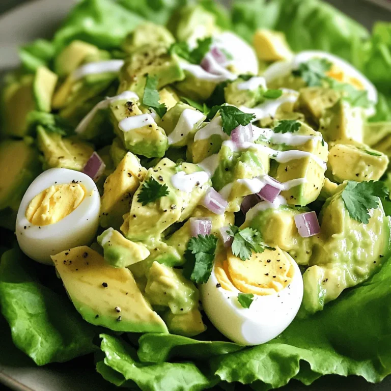 For a creamy and tasty avocado egg salad, gather these key items: - 4 hard-boiled eggs, peeled and chopped - 1 ripe avocado, pitted and mashed - 2 tablespoons Greek yogurt - 1 tablespoon Dijon mustard - 1 tablespoon fresh lemon juice - 2 tablespoons fresh cilantro, chopped - 1 small red onion, finely diced - Salt and pepper to taste - Lettuce leaves (for serving, optional) These ingredients work together to create a rich flavor. The eggs provide protein while the avocado adds healthy fats. You can customize your salad with these extra flavors: - Chopped celery for crunch - Sliced jalapeños for heat - A dash of garlic powder for depth - Other herbs like dill or parsley for freshness Feel free to mix and match. Adding these can make each bite even more exciting. This avocado egg salad offers many health benefits: - Eggs: They are a great source of protein and vitamins. - Avocado: Packed with healthy fats, it helps your heart. - Greek Yogurt: It adds creaminess with less fat than mayo. - Cilantro: This herb is rich in antioxidants. Each ingredient boosts your meal’s nutrition. Eating this salad is not just tasty but also good for your body. For the full recipe, check out the details above. To make hard-boiled eggs, start by placing the eggs in a pot. Cover them with cold water, about an inch above the eggs. Bring the water to a boil over medium heat. Once boiling, cover the pot, remove it from heat, and let it sit for 10 to 12 minutes. After that, transfer the eggs to a bowl of ice water. Let them cool for about 5 minutes. This makes peeling easier. Once cool, peel the eggs and chop them into small pieces. In a large mixing bowl, add your mashed avocado. I like to mash it until smooth but leave some small chunks. This gives the salad a nice texture. Next, gently fold in the chopped hard-boiled eggs. Be careful not to mash them too much. Now, stir in the Greek yogurt, Dijon mustard, and fresh lemon juice. These ingredients add creaminess and flavor. Finally, mix in the chopped cilantro and diced red onion. Season with salt and pepper to taste. This is where you can adjust according to your liking. You can serve your avocado egg salad in many ways. For a light meal, place it on a bed of lettuce leaves. This adds a nice crunch. You can also spread it on whole-grain bread for a sandwich. If you're feeling adventurous, try adding it to a wrap. It’s great for picnics or quick lunches. This recipe serves 2 to 4 people, so it’s perfect for sharing. For the full recipe, check out the details above. To make a great avocado egg salad, you need ripe avocados. Look for avocados that feel slightly soft when you press them. If they are too hard, they are not ripe yet. A ripe avocado will have a dark green skin. If you find an avocado with some brown spots, it may be overripe. Always check for firmness and color. One common mistake is over-mixing the salad. You want some chunks of avocado and egg for texture. Mixing too much makes it mushy. Another mistake is not seasoning enough. Taste your salad before serving; it should be flavorful. Lastly, using old eggs can ruin the dish. Always use the freshest eggs for the best taste. If you have leftovers, store them in an airtight container. This keeps the salad fresh longer. To prevent browning, squeeze some lemon juice on top before sealing. The acid slows down the oxidation process. Try to eat leftovers within two days for the best flavor. Enjoy your creamy avocado egg salad from the [Full Recipe]. {{image_2}} To add some heat, mix in diced jalapeños or a few drops of hot sauce. Start with a small amount and taste as you go. This kick adds a fun twist. You can also sprinkle in cayenne pepper for a smoky flavor. The spice balances well with the creamy avocado and eggs. Feel free to get creative! You can toss in chopped bell peppers or shredded carrots. These add color and crunch. If you want more protein, add cooked chicken or canned tuna. Mixing in these ingredients makes the salad heartier and more filling. For a vegan twist, swap out the eggs and yogurt with chickpeas. Mash the chickpeas like you would with eggs. Then, mix in avocado, lemon juice, and spices. This version is still creamy and packed with flavor. You can enjoy it on toast or in a wrap. Check out the Full Recipe for more ideas! To keep your avocado egg salad fresh, store it in an airtight container. This helps prevent air from getting in and causing browning. Place a piece of plastic wrap directly on the salad before sealing the container. This extra step can help keep it green longer. Make sure your fridge is at 40°F (4°C) or lower. This temperature keeps food safe and fresh. You can store avocado egg salad in the fridge for up to three days. If you notice it turning brown, you can still eat it as long as it smells fine. The flavor may change a bit, but it should still be safe. Always check for off smells or changes in texture before eating. Freezing avocado egg salad is not recommended. Avocados do not freeze well and can become mushy. The eggs may change texture too, leading to a less tasty meal. If you want to prep ahead, consider making the salad without the avocado. You can add the avocado fresh when you are ready to serve. For the complete recipe, check out the Full Recipe. To make avocado egg salad, start with four hard-boiled eggs. Peel and chop them. Then, take one ripe avocado, pit it, and mash it in a bowl. Mix in two tablespoons of Greek yogurt and one tablespoon of Dijon mustard. Add a tablespoon of fresh lemon juice for zing. Next, stir in two tablespoons of chopped cilantro and one small diced red onion. Season with salt and pepper. You can serve this salad on lettuce leaves or in a sandwich. For the full recipe, check the details above. Avocado egg salad stays fresh for about three days in the fridge. Keep it in an airtight container. If you see any browning, mix it well. The lemon juice helps slow browning, but it won’t last forever. Consume it within three days for the best taste and texture. Yes, you can eat avocado egg salad on a keto diet. Avocados and eggs are both low in carbs. They are high in healthy fats and protein. This salad is perfect for a keto meal. Just be mindful of any bread or crackers you serve it with, as those can add carbs. For a tasty meal, serve avocado egg salad with lettuce leaves. You can also pair it with whole-grain toast or low-carb crackers. Fresh veggies, like carrot sticks or cucumber slices, make great sides too. You can even enjoy it on a bed of mixed greens for a light lunch. Avocado egg salad is simple and tasty. We covered the key ingredients, step-by-step prep, and fun variations. I shared tips to avoid mistakes and storage secrets too. Remember, you can mix flavors, add veggies, or switch to a vegan option. This dish is not just good; it's a healthy choice. Now, you can enjoy your creamy avocado egg salad any time you want. Make it your own and share with friends!