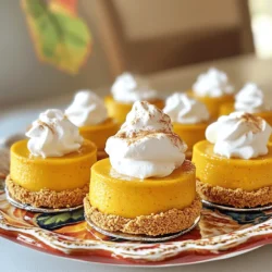 Making mini pumpkin cheesecakes is easy and fun. You need simple ingredients to create flavorful bites. This recipe yields 12 delicious cheesecakes. They are perfect for fall gatherings or any sweet craving. - 1 cup graham cracker crumbs - 1/4 cup unsalted butter, melted - 2 teaspoons granulated sugar - 1 (8 oz) package cream cheese, softened - 1/2 cup pumpkin puree - 1/4 cup brown sugar - 1 teaspoon vanilla extract - 1/2 teaspoon ground cinnamon - 1/4 teaspoon ground nutmeg - 1/4 teaspoon ground ginger - 2 large eggs These ingredients blend together for a creamy, spiced treat. The graham cracker crust adds a nice crunch. The pumpkin puree gives a rich flavor, perfect for fall. You will need a few tools to make this recipe. Here’s what I recommend: - Muffin tin - Paper liners - Mixing bowls - Electric mixer - Measuring cups and spoons - Wire rack Having these tools ready makes the cooking process smooth. You can easily find them in most kitchens. Enjoy the process of creating these mini delights! First, gather your ingredients. You will need graham cracker crumbs, unsalted butter, granulated sugar, cream cheese, pumpkin puree, brown sugar, vanilla extract, and spices. Start by preheating your oven to 325°F (160°C). Next, line your muffin tin with paper liners. This will help your mini cheesecakes come out easily. In a mixing bowl, combine the graham cracker crumbs, melted butter, and granulated sugar. Stir until it looks crumbly. Now, take about 1 tablespoon of the crumb mixture and press it firmly into the bottom of each muffin liner. This forms your crust. In a separate bowl, beat the softened cream cheese with an electric mixer until smooth. Next, add pumpkin puree, brown sugar, vanilla extract, cinnamon, nutmeg, and ginger. Mix until all ingredients blend well. Add the eggs one at a time, mixing gently. Do not overmix; just combine until smooth. Now, scoop the cheesecake mixture on top of the crusts in the muffin tin, filling each liner about two-thirds full. Place your muffin tin in the oven and bake for 20-25 minutes. The cheesecakes should be set but still slightly jiggly in the center. Once done, remove the cheesecakes from the oven and let them cool on a wire rack. It is important to let them cool completely. After they cool, refrigerate them for at least 2 hours. This chilling step helps them set firmly. When you’re ready to serve, you can top them with whipped cream and a sprinkle of cinnamon. These mini pumpkin cheesecakes are a fresh and flavorful delight, perfect for any gathering. For the full recipe, be sure to check the details above. To make the best mini pumpkin cheesecakes, use room-temperature cream cheese. This step helps blend the cream cheese smoothly. Mix slowly to avoid air bubbles. Air bubbles can cause cracks during baking. Set your oven to the right temperature before baking. An oven thermometer can help ensure accuracy. Bake until they are just set, with a slight jiggle in the center. This jiggle means they will firm up as they cool. When serving your mini pumpkin cheesecakes, consider a lovely platter. Arrange them with care for a stunning display. Top them with whipped cream for a rich touch. A sprinkle of cinnamon or crushed graham crackers adds a festive flair. You can also place a pecan or a slice of caramel on top for added flavor. For a fun twist, serve them in mini jars for a cute presentation. One common mistake is overmixing the batter. This can lead to cracks in your cheesecakes. Another mistake is not chilling them long enough. Always let them cool before refrigerating. Avoid opening the oven door while they bake. This can cause temperature changes and affect their texture. Lastly, do not skip the crust! It adds flavor and helps hold the filling together. For the full recipe, check the details above. {{image_2}} You can change the flavor of these mini pumpkin cheesecakes easily. Try adding caramel for a sweet twist. Melt some caramel sauce and swirl it into the cheesecake mix before baking. For chocolate lovers, mix in cocoa powder or chocolate chips. You can also use different spices like allspice or cardamom to spice things up. This gives each bite a unique taste. If you want a healthier version, try a gluten-free crust. Use ground almonds or gluten-free cookies instead of graham crackers. You can also swap cream cheese for Greek yogurt to cut calories. For a lower sugar option, use a sugar substitute like stevia or monk fruit. These changes keep the taste while making it healthier. Serving options add fun to your presentation. You can serve these in mini jars for a cute look. Just layer the crust and cheesecake mix in the jars. It makes a great dessert for parties or picnics. If you want a larger cake, pour the batter into a springform pan. Bake it longer, and you have a full-sized pumpkin cheesecake. Each option shines in its way! For the complete recipe, check out the Full Recipe. To keep your mini pumpkin cheesecakes fresh, place them in an airtight container. Make sure the container is clean and dry. You can stack them if you place a piece of parchment paper between each layer. This helps to prevent sticking and keeps them intact. If you want to freeze your mini cheesecakes, wrap each one in plastic wrap. Then, put them in a freezer-safe bag or container. Label the bag with the date. You can freeze them for up to three months. When you're ready to eat, let them thaw in the fridge overnight. Mini pumpkin cheesecakes stay fresh for about five days in the fridge. After that, the texture and flavor may change. For the best taste, enjoy them within this time. Always check for any signs of spoilage before you dig in. Yes, you can make mini pumpkin cheesecakes ahead of time. I often prepare them a day or two before serving. Just bake them, cool them, and then chill them in the fridge. This not only saves time but also lets the flavors blend well. Just remember to cover them with plastic wrap or a lid to keep them fresh. You can tell when mini cheesecakes are done by looking for a slight jiggle in the center. They should look set around the edges but still have a bit of movement in the middle. If you insert a toothpick, it should come out clean or with just a few crumbs. Avoid overbaking; this can lead to cracks. There are many tasty options for toppings. You can add a dollop of whipped cream for creaminess. A sprinkle of cinnamon or nutmeg adds warmth and flavor. Crushed graham crackers give a nice crunch. For a twist, drizzle caramel or chocolate sauce on top. You can also try fresh pecans or walnuts for added texture. The choices are endless! Making mini pumpkin cheesecakes is a fun way to enjoy fall flavors. We covered the ingredients, step-by-step instructions, tips, and various options for storage and serving. Don't forget to try flavor variations like caramel or chocolate. With these techniques, you can avoid common mistakes and impress your guests. Enjoy your baking and savor every sweet bite of these yummy treats!